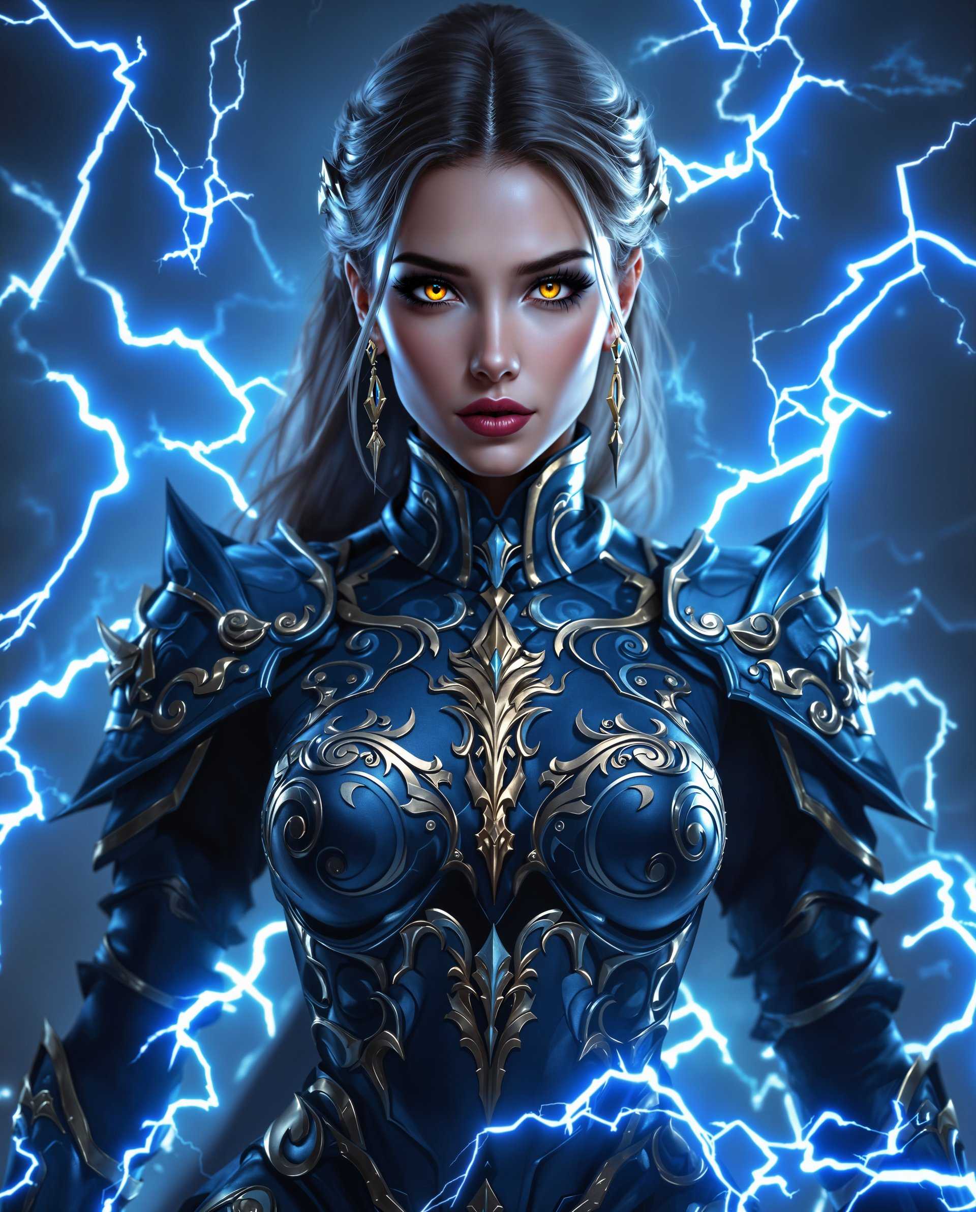 masterpiece, best quality, highres, sharp image, more detail <lora:more_details:0.5> <lora:SDXLrender_v2.0:1>, masterpiece, best quality, highres, sharp image, more detail, This image is a realistic photo (photograph) of a female real person digital artwork that features a character clad in a detailed and ornate costume, set against a backdrop of electric blue lightning. The art style is high realistic, with a focus on intricate design and a sense of power and mystique.The medium appears to be a digital painting, given the smooth gradients, the lack of texture, and the high level of detail that is typical in digital art. The lighting and shadows are expertly rendered, creating a threedimensional effect on the characters costume and the surrounding environment.The colors in the image are predominantly cool tones, with shades of blue and black dominating the palette. Gold accents are used sparingly but effectively, providing a contrast that highlights the details of the costume and the characters face. The eyes of the character are a striking yellow, which stands out against the cool color scheme and adds a touch of warmth to the overall icy atmosphere.The objects in the image are primarily the characters costume and the lightning. The costume is a complex amalgamation of armor and fabric, with a high neckline and a fitted bodice that flares into a skirt. It is adorned with swirling patterns and sharp, angular designs, all in a deep blue with gold highlights. The costume has a texture that appears to be a mix of leather and metal, with a sheen that reflects the light.The lightning in the background is dynamic and swirling, with jagged bolts that seem to emanate from the character, giving the impression of her channeling or harnessing the electricity. The lightning adds a sense of movement and energy to the scene, and its electric blue hue complements the costumes color scheme.Overall, the image exudes a sense of power and mystique, with a focus on detailed design and a high realistic aesthetic. The use of color and lighting enhances the dramatic effect, making the character and her surroundings feel both imposing and otherworldly.