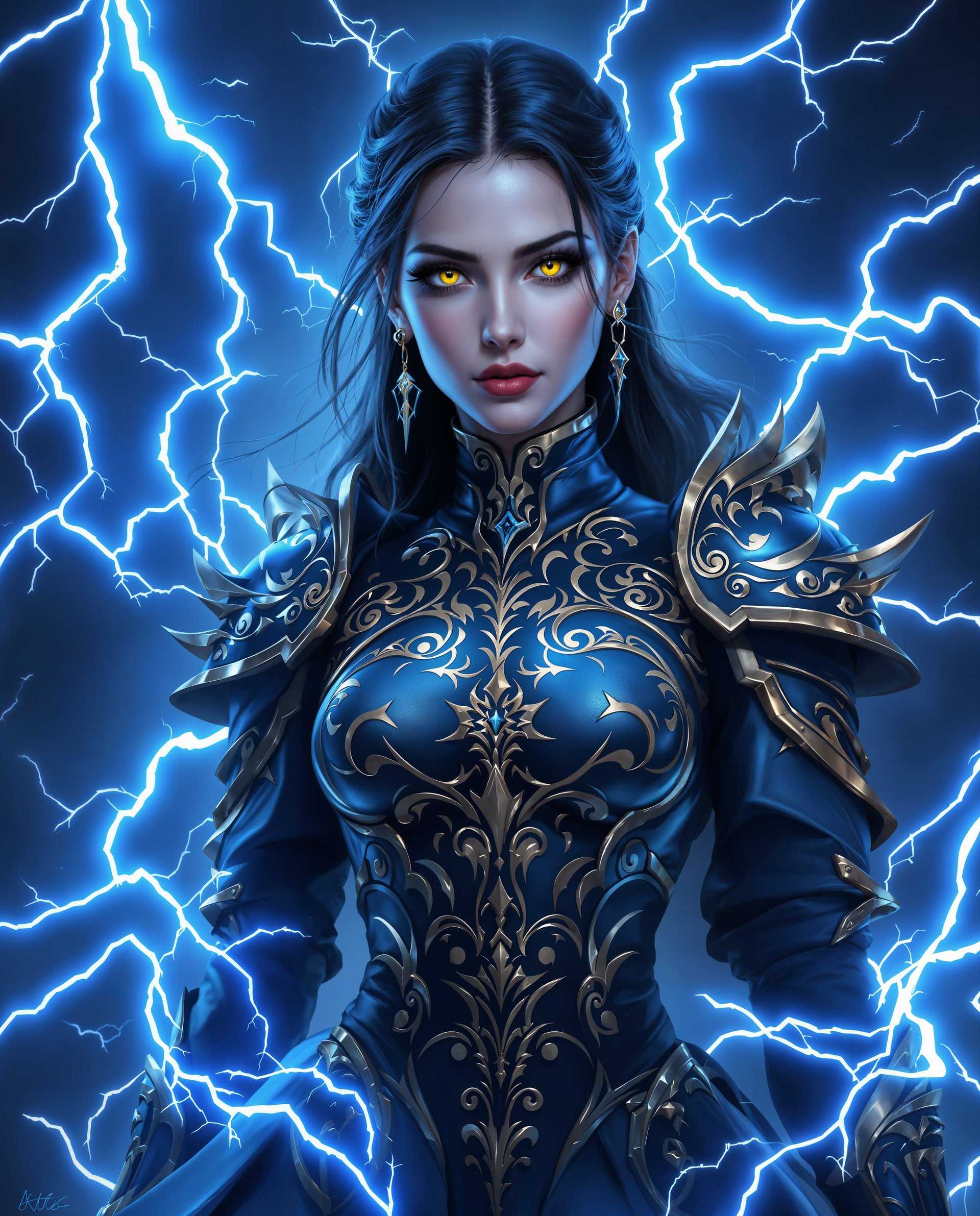 masterpiece, best quality, highres, sharp image, more detail <lora:more_details:0.5> <lora:SDXLrender_v2.0:1>, masterpiece, best quality, highres, sharp image, more detail, This image is a realistic photo (photograph) of a female real person digital artwork that features a character clad in a detailed and ornate costume, set against a backdrop of electric blue lightning. The art style is high realistic, with a focus on intricate design and a sense of power and mystique.The medium appears to be a digital painting, given the smooth gradients, the lack of texture, and the high level of detail that is typical in digital art. The lighting and shadows are expertly rendered, creating a threedimensional effect on the characters costume and the surrounding environment.The colors in the image are predominantly cool tones, with shades of blue and black dominating the palette. Gold accents are used sparingly but effectively, providing a contrast that highlights the details of the costume and the characters face. The eyes of the character are a striking yellow, which stands out against the cool color scheme and adds a touch of warmth to the overall icy atmosphere.The objects in the image are primarily the characters costume and the lightning. The costume is a complex amalgamation of armor and fabric, with a high neckline and a fitted bodice that flares into a skirt. It is adorned with swirling patterns and sharp, angular designs, all in a deep blue with gold highlights. The costume has a texture that appears to be a mix of leather and metal, with a sheen that reflects the light.The lightning in the background is dynamic and swirling, with jagged bolts that seem to emanate from the character, giving the impression of her channeling or harnessing the electricity. The lightning adds a sense of movement and energy to the scene, and its electric blue hue complements the costumes color scheme.Overall, the image exudes a sense of power and mystique, with a focus on detailed design and a high realistic aesthetic. The use of color and lighting enhances the dramatic effect, making the character and her surroundings feel both imposing and otherworldly.