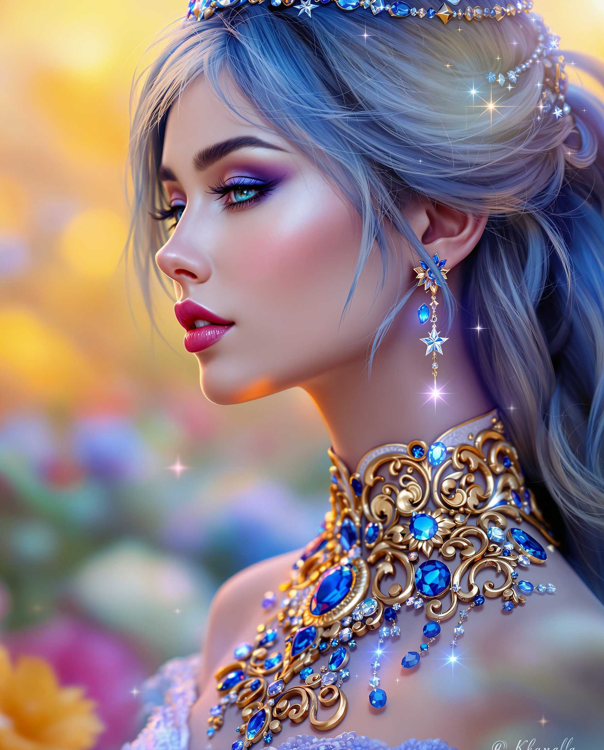 masterpiece, best quality, highres, sharp image, more detail <lora:more_details:0.5> <lora:SDXLrender_v2.0:1>, This image is a realistic photo (photograph) of a female real person digital artwork that features a female figure with a realistic aesthetic. The art style is highly stylized and appears to be of realism, with a focus on intricate details and a rich color palette.The medium seems to be a digital painting, as evidenced by the smooth gradients and the lack of texture that one might expect from traditional mediums like oil or acrylic paints. The lighting and shadows are also very well rendered, suggesting a high level of skill in digital painting techniques.The colors in the image are predominantly cool tones, with a lot of blues and purples, which gives the artwork a magical and otherworldly feel. The figure is adorned with sparkling accents that add to the enchantment of the piece. The background is a soft blur of warm yellows and oranges, which contrasts with the cool tones of the figure and adds depth to the composition.The objects in the image are primarily jewelry and accessories. The figure is wearing a detailed, ornate necklace with blue gemstones that cascade down her back. Her ears are adorned with delicate, starshaped earrings, and her attire is richly decorated with gold filigree and blue gemstones. The jewelry and accessories are intricately designed, with attention to detail that reflects the high realistic theme of the artwork.Overall, the image exudes a sense of mystique and elegance, with a strong emphasis on the beauty and craftsmanship of the realistic elements.