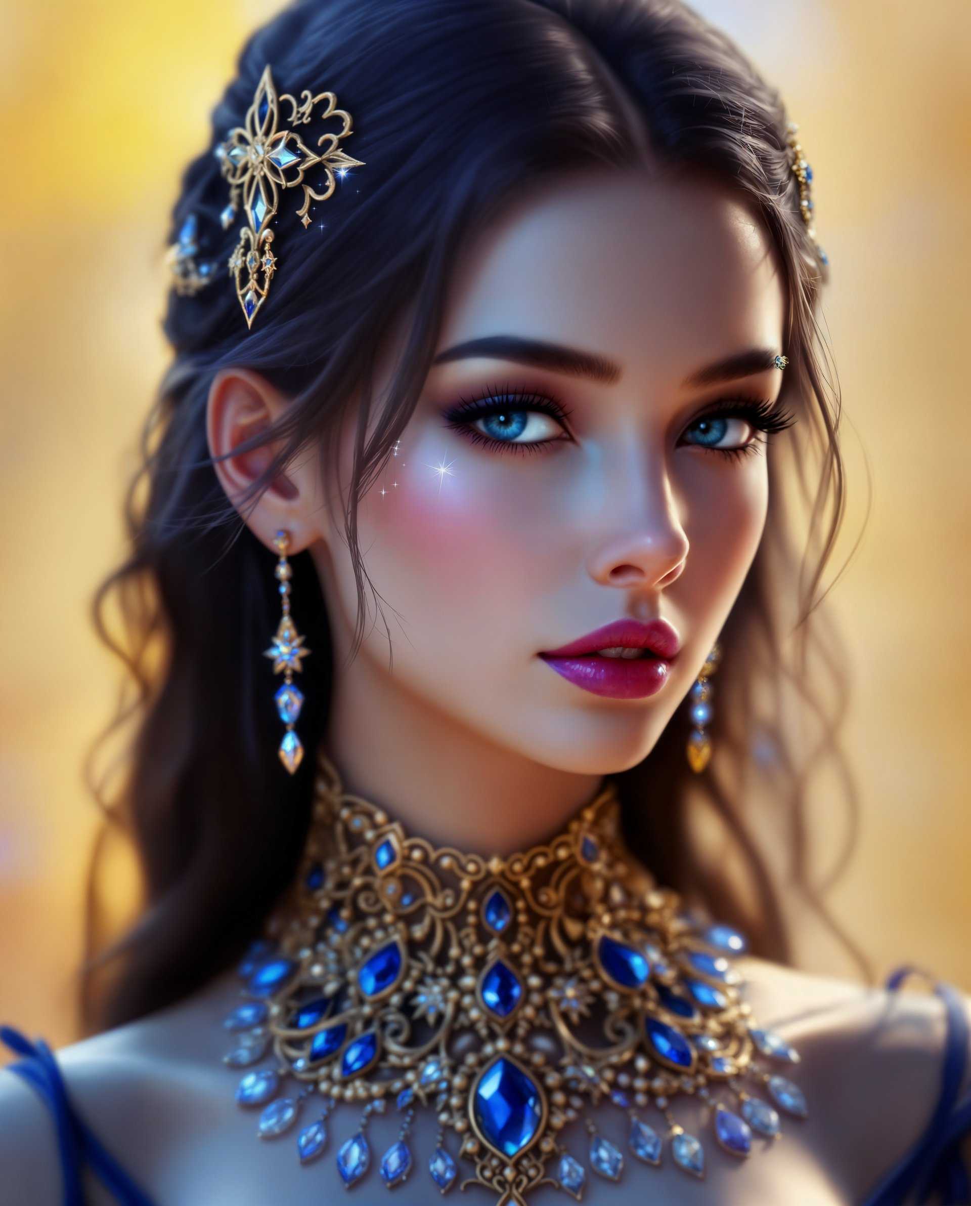 masterpiece, best quality, highres, sharp image, more detail <lora:more_details:0.5> <lora:SDXLrender_v2.0:1>, masterpiece, best quality, highres, sharp image, more detail, This image is a realistic photo (photograph) of a female real person digital artwork that features a female figure with a realistic aesthetic. The art style is highly stylized and appears to be of realism, with a focus on intricate details and a rich color palette.The medium seems to be a digital painting, as evidenced by the smooth gradients and the lack of texture that one might expect from traditional mediums like oil or acrylic paints. The lighting and shadows are also very well rendered, suggesting a high level of skill in digital painting techniques.The colors in the image are predominantly cool tones, with a lot of blues and purples, which gives the artwork a magical and otherworldly feel. The figure is adorned with sparkling accents that add to the enchantment of the piece. The background is a soft blur of warm yellows and oranges, which contrasts with the cool tones of the figure and adds depth to the composition.The objects in the image are primarily jewelry and accessories. The figure is wearing a detailed, ornate necklace with blue gemstones that cascade down her back. Her ears are adorned with delicate, starshaped earrings, and her attire is richly decorated with gold filigree and blue gemstones. The jewelry and accessories are intricately designed, with attention to detail that reflects the high realistic theme of the artwork.Overall, the image exudes a sense of mystique and elegance, with a strong emphasis on the beauty and craftsmanship of the realistic elements.