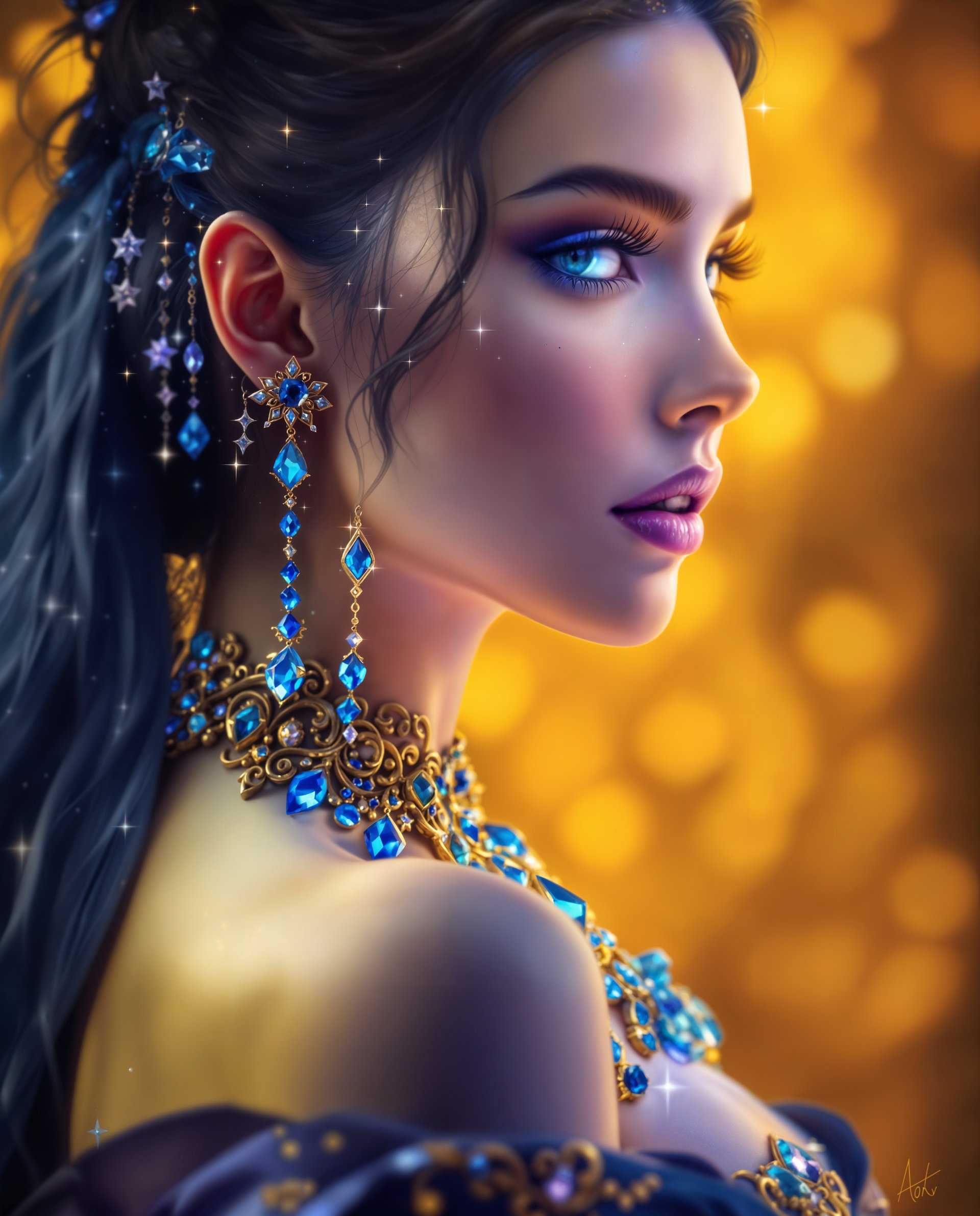 masterpiece, best quality, highres, sharp image, more detail <lora:more_details:0.5> <lora:SDXLrender_v2.0:1>, masterpiece, best quality, highres, sharp image, more detail, This image is a realistic photo (photograph) of a female real person digital artwork that features a female figure with a realistic aesthetic. The art style is highly stylized and appears to be of realism, with a focus on intricate details and a rich color palette.The medium seems to be a digital painting, as evidenced by the smooth gradients and the lack of texture that one might expect from traditional mediums like oil or acrylic paints. The lighting and shadows are also very well rendered, suggesting a high level of skill in digital painting techniques.The colors in the image are predominantly cool tones, with a lot of blues and purples, which gives the artwork a magical and otherworldly feel. The figure is adorned with sparkling accents that add to the enchantment of the piece. The background is a soft blur of warm yellows and oranges, which contrasts with the cool tones of the figure and adds depth to the composition.The objects in the image are primarily jewelry and accessories. The figure is wearing a detailed, ornate necklace with blue gemstones that cascade down her back. Her ears are adorned with delicate, starshaped earrings, and her attire is richly decorated with gold filigree and blue gemstones. The jewelry and accessories are intricately designed, with attention to detail that reflects the high realistic theme of the artwork.Overall, the image exudes a sense of mystique and elegance, with a strong emphasis on the beauty and craftsmanship of the realistic elements.