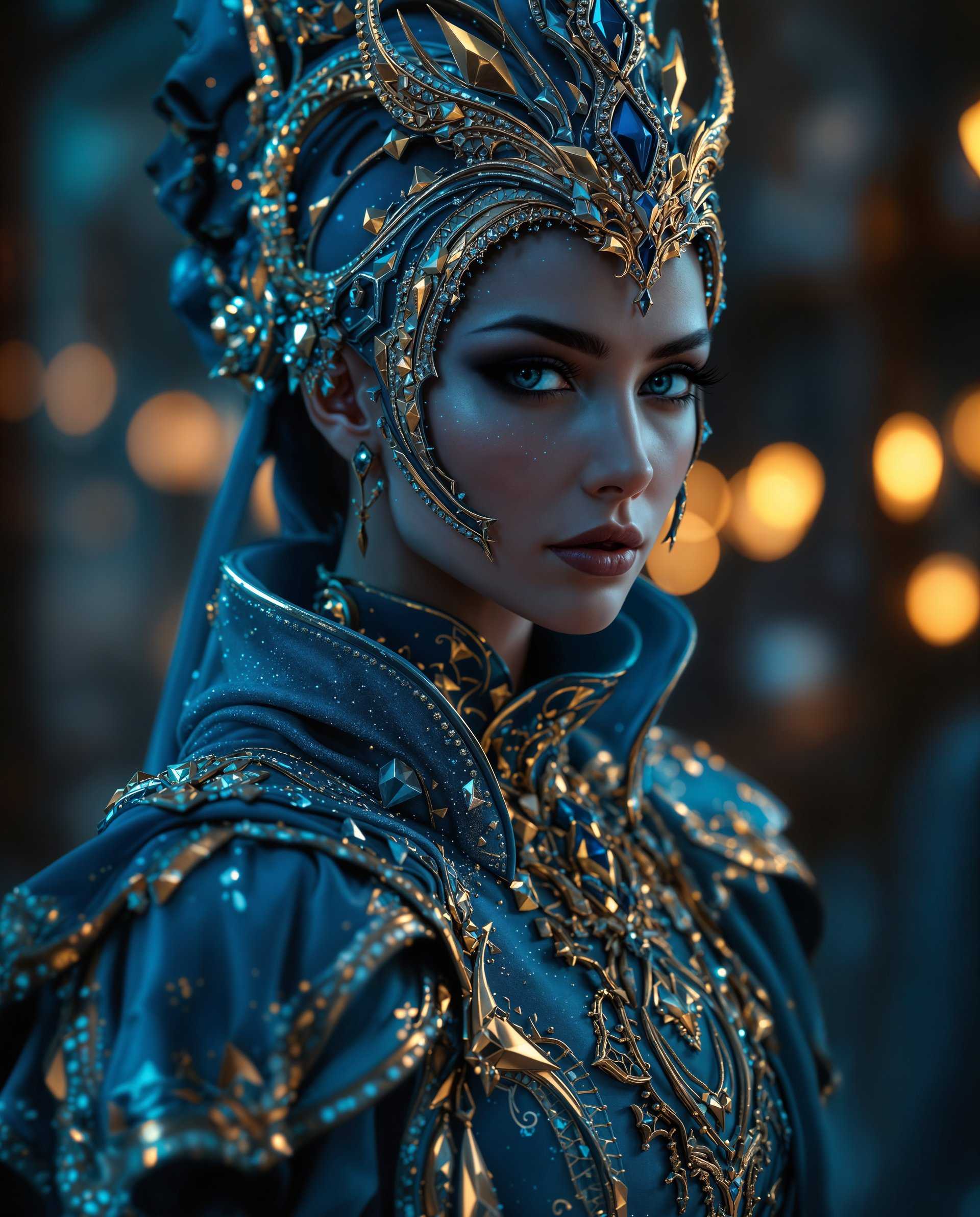 masterpiece, best quality, highres, sharp image, more detail <lora:more_details:0.5> <lora:SDXLrender_v2.0:1>, masterpiece, best quality, highres, sharp image, more detail, This image is a realistic photo (photograph) of a female real person digital artwork that showcases a figure adorned in an elaborate, blue and gold outfit with intricate details and sparkling embellishments. The composition is carefully crafted to draw the viewers eye through a series of focal points that create a sense of depth and narrative.Composition The figure is positioned slightly to the left, which is a common compositional technique that can create a sense of movement and dynamism. The figures gaze is directed towards the right, which can lead the viewers eye through the image. The background is blurred with warm lights, which serves to isolate and emphasize the figure. The use of negative space around the figure is strategic, allowing the viewer to focus on the details of the outfit and the figures expression. The lighting and color contrasts between the figure and the background also contribute to the composition, with the figure standing out against the cooler tones of the night.Lighting The lighting in the image is dramatic and moody, with a focus on the figure and the details of the outfit. The warm lights in the background create a sense of depth and contrast, drawing attention to the figure. The lighting on the figure is soft and highlights the textures and contours of the outfit, giving it a luminous quality. The use of light and shadow plays a crucial role in the threedimensional effect of the artwork.Style The style of the artwork is reminiscent of realistic or science fiction, with a strong emphasis on detailed costume design and a rich, imaginative world. The digital painting technique used to create the image gives it a smooth, almost velvety texture, with a high level of detail and realism. The color palette is cool and moody, with a focus on blues and golds, which are often associated with realistic and elegance. The overall style of the artwork is one of opulence and otherworldliness, inviting the viewer into a world of realistic and wonder.