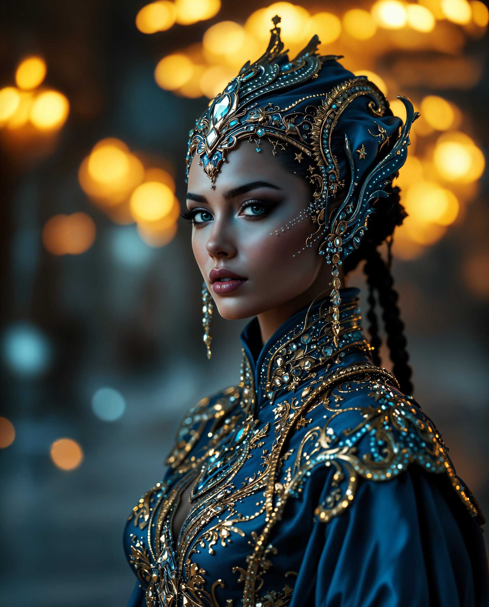 masterpiece, best quality, highres, sharp image, more detail <lora:more_details:0.5> <lora:SDXLrender_v2.0:1>, masterpiece, best quality, highres, sharp image, more detail, This image is a realistic photo (photograph) of a female real person digital artwork that showcases a figure adorned in an elaborate, blue and gold outfit with intricate details and sparkling embellishments. The composition is carefully crafted to draw the viewers eye through a series of focal points that create a sense of depth and narrative.Composition The figure is positioned slightly to the left, which is a common compositional technique that can create a sense of movement and dynamism. The figures gaze is directed towards the right, which can lead the viewers eye through the image. The background is blurred with warm lights, which serves to isolate and emphasize the figure. The use of negative space around the figure is strategic, allowing the viewer to focus on the details of the outfit and the figures expression. The lighting and color contrasts between the figure and the background also contribute to the composition, with the figure standing out against the cooler tones of the night.Lighting The lighting in the image is dramatic and moody, with a focus on the figure and the details of the outfit. The warm lights in the background create a sense of depth and contrast, drawing attention to the figure. The lighting on the figure is soft and highlights the textures and contours of the outfit, giving it a luminous quality. The use of light and shadow plays a crucial role in the threedimensional effect of the artwork.Style The style of the artwork is reminiscent of realistic or science fiction, with a strong emphasis on detailed costume design and a rich, imaginative world. The digital painting technique used to create the image gives it a smooth, almost velvety texture, with a high level of detail and realism. The color palette is cool and moody, with a focus on blues and golds, which are often associated with realistic and elegance. The overall style of the artwork is one of opulence and otherworldliness, inviting the viewer into a world of realistic and wonder.