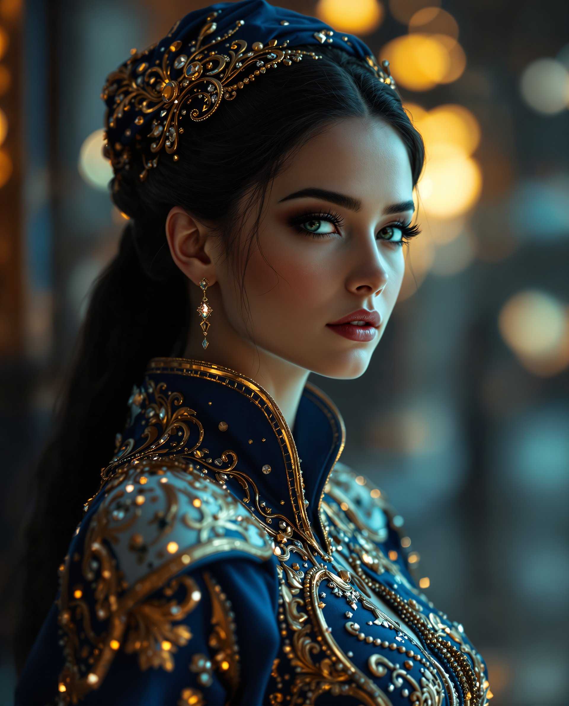masterpiece, best quality, highres, sharp image, more detail <lora:more_details:0.5> <lora:SDXLrender_v2.0:1>, This image is a realistic photo (photograph) of a female real person digital artwork that showcases a figure adorned in an elaborate, blue and gold outfit with intricate details and sparkling embellishments. The composition is carefully crafted to draw the viewers eye through a series of focal points that create a sense of depth and narrative.Composition The figure is positioned slightly to the left, which is a common compositional technique that can create a sense of movement and dynamism. The figures gaze is directed towards the right, which can lead the viewers eye through the image. The background is blurred with warm lights, which serves to isolate and emphasize the figure. The use of negative space around the figure is strategic, allowing the viewer to focus on the details of the outfit and the figures expression. The lighting and color contrasts between the figure and the background also contribute to the composition, with the figure standing out against the cooler tones of the night.Lighting The lighting in the image is dramatic and moody, with a focus on the figure and the details of the outfit. The warm lights in the background create a sense of depth and contrast, drawing attention to the figure. The lighting on the figure is soft and highlights the textures and contours of the outfit, giving it a luminous quality. The use of light and shadow plays a crucial role in the threedimensional effect of the artwork.Style The style of the artwork is reminiscent of realistic or science fiction, with a strong emphasis on detailed costume design and a rich, imaginative world. The digital painting technique used to create the image gives it a smooth, almost velvety texture, with a high level of detail and realism. The color palette is cool and moody, with a focus on blues and golds, which are often associated with realistic and elegance. The overall style of the artwork is one of opulence and otherworldliness, inviting the viewer into a world of realistic and wonder.