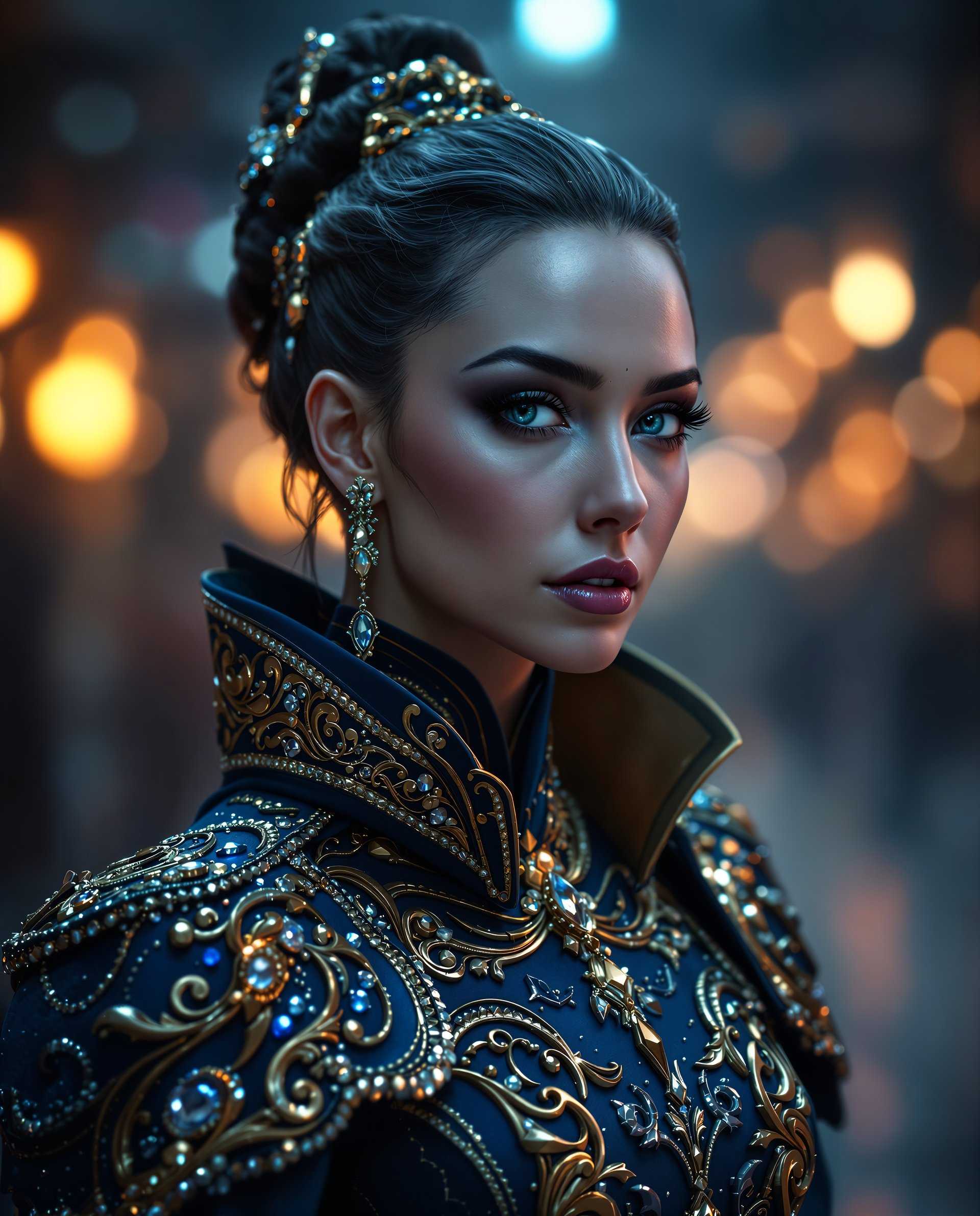 masterpiece, best quality, highres, sharp image, more detail <lora:more_details:0.5> <lora:SDXLrender_v2.0:1>, This image is a realistic photo (photograph) of a female real person digital artwork that showcases a figure adorned in an elaborate, blue and gold outfit with intricate details and sparkling embellishments. The composition is carefully crafted to draw the viewers eye through a series of focal points that create a sense of depth and narrative.Composition The figure is positioned slightly to the left, which is a common compositional technique that can create a sense of movement and dynamism. The figures gaze is directed towards the right, which can lead the viewers eye through the image. The background is blurred with warm lights, which serves to isolate and emphasize the figure. The use of negative space around the figure is strategic, allowing the viewer to focus on the details of the outfit and the figures expression. The lighting and color contrasts between the figure and the background also contribute to the composition, with the figure standing out against the cooler tones of the night.Lighting The lighting in the image is dramatic and moody, with a focus on the figure and the details of the outfit. The warm lights in the background create a sense of depth and contrast, drawing attention to the figure. The lighting on the figure is soft and highlights the textures and contours of the outfit, giving it a luminous quality. The use of light and shadow plays a crucial role in the threedimensional effect of the artwork.Style The style of the artwork is reminiscent of realistic or science fiction, with a strong emphasis on detailed costume design and a rich, imaginative world. The digital painting technique used to create the image gives it a smooth, almost velvety texture, with a high level of detail and realism. The color palette is cool and moody, with a focus on blues and golds, which are often associated with realistic and elegance. The overall style of the artwork is one of opulence and otherworldliness, inviting the viewer into a world of realistic and wonder.