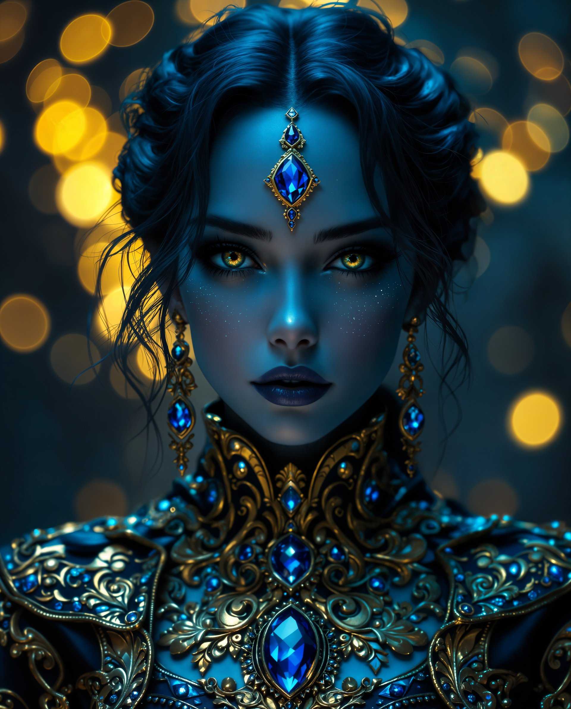 masterpiece, best quality, highres, sharp image, more detail <lora:more_details:0.5> <lora:SDXLrender_v2.0:1>, masterpiece, best quality, highres, sharp image, more detail, This image is a realistic photo (photograph) of a female real person digital artwork that showcases a figure with a highly stylized and fantastical appearance. The art style is reminiscent of realistic or science fiction illustrations, with a strong emphasis on detailed ornamentation and a rich, almost tangible texture.The medium appears to be a digital painting, given the smooth blending of colors and the lack of brush strokes or traditional painting artifacts. The lighting and shadows are expertly rendered, creating a threedimensional effect on the figures skin and the intricate details of the clothing.The colors in the image are predominantly cool tones, with a deep blue and black palette that gives the artwork a nightmarish or otherworldly ambiance. The figures skin is a pale, almost translucent blue, which contrasts with the rich, jewellike blues and golds of the clothing and jewelry. The gold accents are warm and luminous, providing a stark contrast to the coolness of the blues and creating a sense of depth and richness.The objects in the image are primarily the figures ornate clothing and jewelry. The clothing is a complex tapestry of gold filigree and intricate patterns, adorned with large, gemlike blue jewels that catch the light. The figures hair is styled in loose waves, with a few strands gently framing the face. The jewelry includes a prominent necklace with a large blue gemstone, matching earrings, and a forehead ornament that also features a blue gemstone.The background of the image is a bokeh effect of warm lights, primarily yellows and oranges, which suggests a nighttime setting or a space filled with ambient lighting. This background complements the cool tones of the figure, creating a visually striking contrast and focusing the viewers attention on the figures detailed costume and expression.Overall, the image is a masterful blend of realistic elements and digital artistry, designed to evoke a sense of mystery and otherworldliness.
