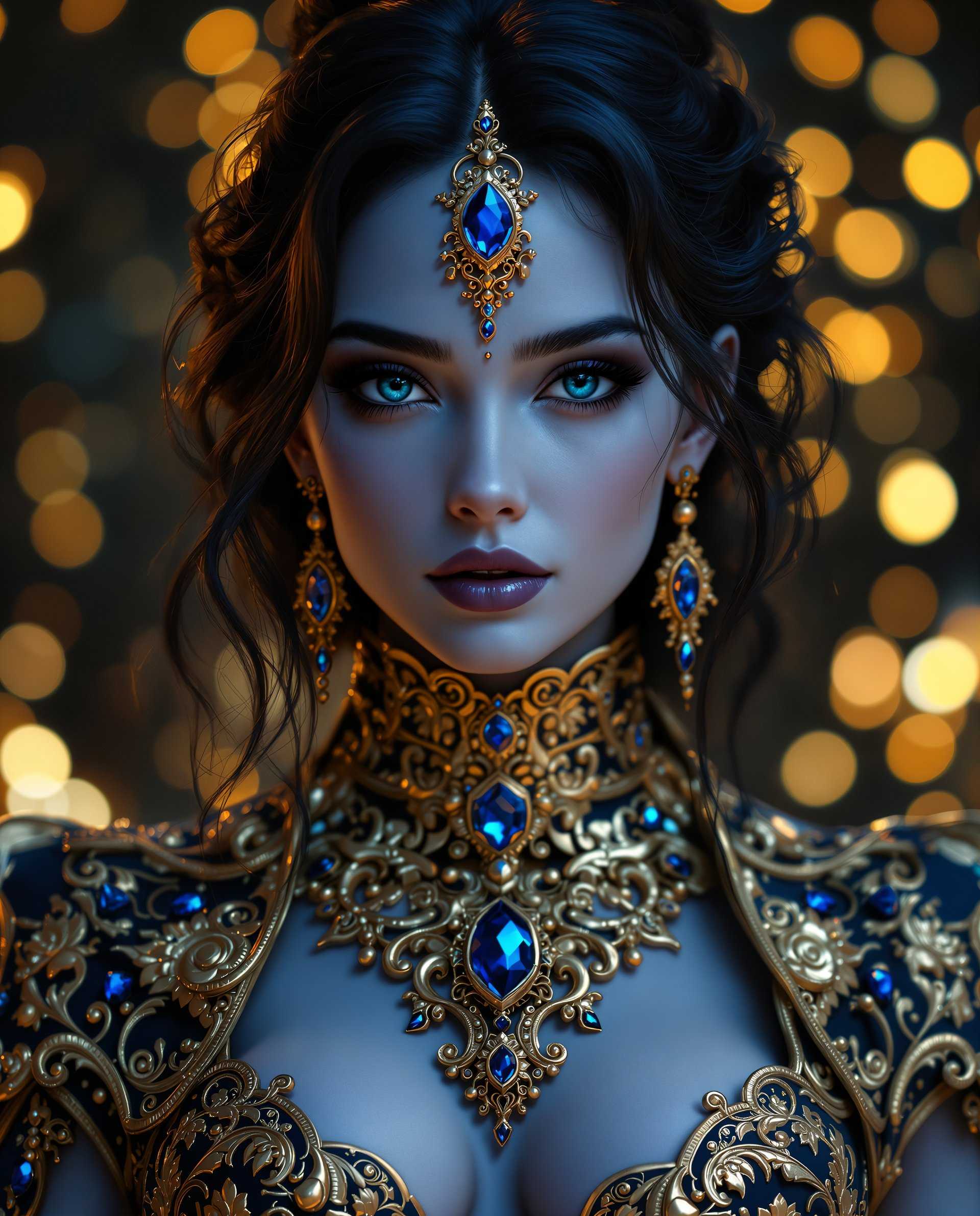 masterpiece, best quality, highres, sharp image, more detail <lora:more_details:0.5> <lora:SDXLrender_v2.0:1>, This image is a realistic photo (photograph) of a female real person digital artwork that showcases a figure with a highly stylized and fantastical appearance. The art style is reminiscent of realistic or science fiction illustrations, with a strong emphasis on detailed ornamentation and a rich, almost tangible texture.The medium appears to be a digital painting, given the smooth blending of colors and the lack of brush strokes or traditional painting artifacts. The lighting and shadows are expertly rendered, creating a threedimensional effect on the figures skin and the intricate details of the clothing.The colors in the image are predominantly cool tones, with a deep blue and black palette that gives the artwork a nightmarish or otherworldly ambiance. The figures skin is a pale, almost translucent blue, which contrasts with the rich, jewellike blues and golds of the clothing and jewelry. The gold accents are warm and luminous, providing a stark contrast to the coolness of the blues and creating a sense of depth and richness.The objects in the image are primarily the figures ornate clothing and jewelry. The clothing is a complex tapestry of gold filigree and intricate patterns, adorned with large, gemlike blue jewels that catch the light. The figures hair is styled in loose waves, with a few strands gently framing the face. The jewelry includes a prominent necklace with a large blue gemstone, matching earrings, and a forehead ornament that also features a blue gemstone.The background of the image is a bokeh effect of warm lights, primarily yellows and oranges, which suggests a nighttime setting or a space filled with ambient lighting. This background complements the cool tones of the figure, creating a visually striking contrast and focusing the viewers attention on the figures detailed costume and expression.Overall, the image is a masterful blend of realistic elements and digital artistry, designed to evoke a sense of mystery and otherworldliness.