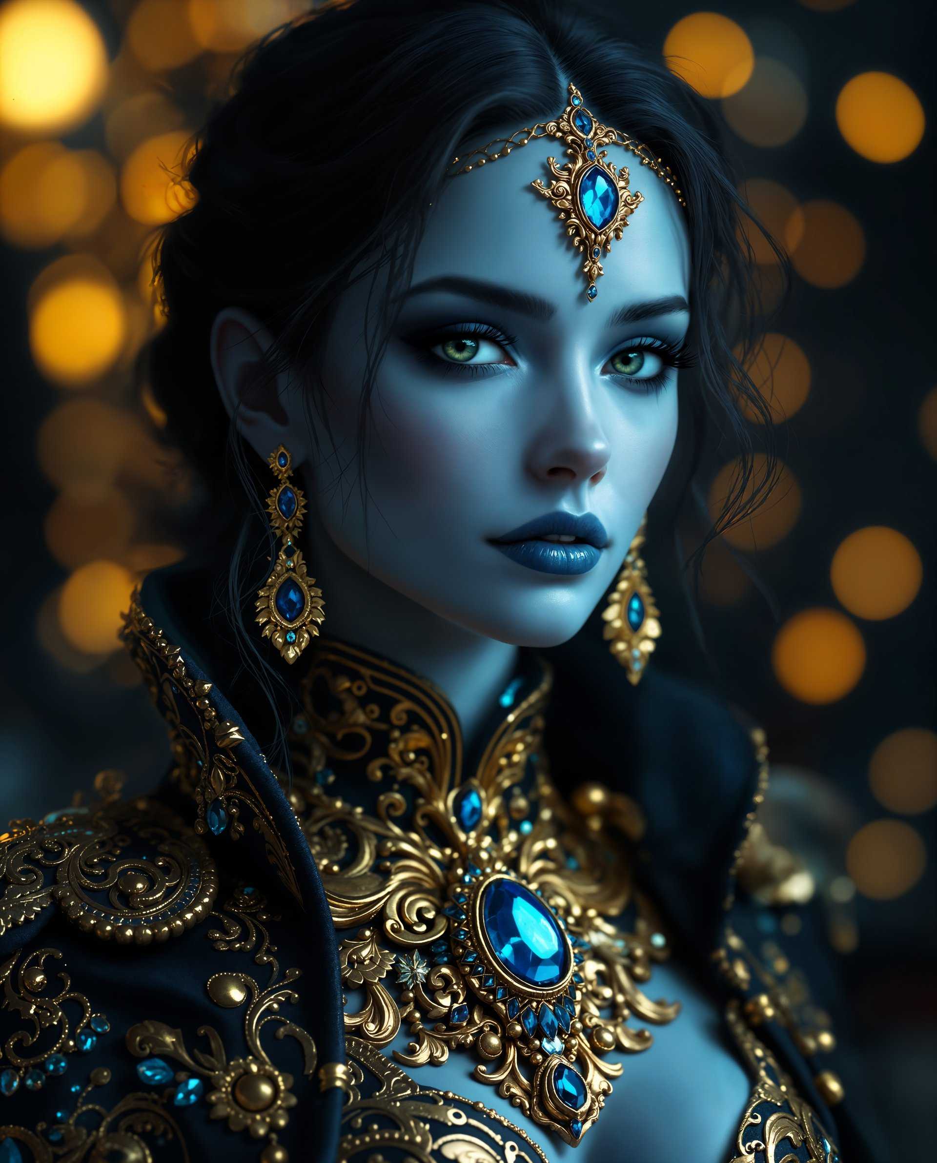 masterpiece, best quality, highres, sharp image, more detail <lora:more_details:0.5> <lora:SDXLrender_v2.0:1>, masterpiece, best quality, highres, sharp image, more detail, This image is a realistic photo (photograph) of a female real person digital artwork that showcases a figure with a highly stylized and fantastical appearance. The art style is reminiscent of realistic or science fiction illustrations, with a strong emphasis on detailed ornamentation and a rich, almost tangible texture.The medium appears to be a digital painting, given the smooth blending of colors and the lack of brush strokes or traditional painting artifacts. The lighting and shadows are expertly rendered, creating a threedimensional effect on the figures skin and the intricate details of the clothing.The colors in the image are predominantly cool tones, with a deep blue and black palette that gives the artwork a nightmarish or otherworldly ambiance. The figures skin is a pale, almost translucent blue, which contrasts with the rich, jewellike blues and golds of the clothing and jewelry. The gold accents are warm and luminous, providing a stark contrast to the coolness of the blues and creating a sense of depth and richness.The objects in the image are primarily the figures ornate clothing and jewelry. The clothing is a complex tapestry of gold filigree and intricate patterns, adorned with large, gemlike blue jewels that catch the light. The figures hair is styled in loose waves, with a few strands gently framing the face. The jewelry includes a prominent necklace with a large blue gemstone, matching earrings, and a forehead ornament that also features a blue gemstone.The background of the image is a bokeh effect of warm lights, primarily yellows and oranges, which suggests a nighttime setting or a space filled with ambient lighting. This background complements the cool tones of the figure, creating a visually striking contrast and focusing the viewers attention on the figures detailed costume and expression.Overall, the image is a masterful blend of realistic elements and digital artistry, designed to evoke a sense of mystery and otherworldliness.