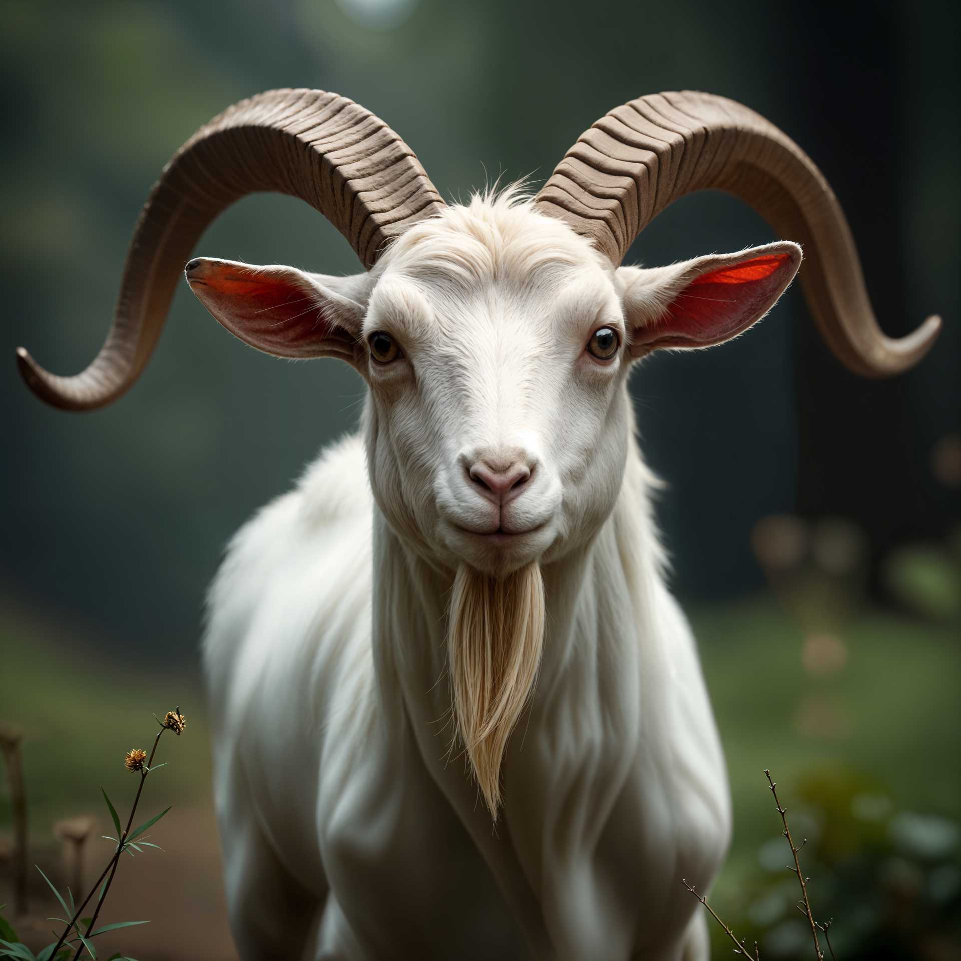 Majestic White Goat with Curved Horns