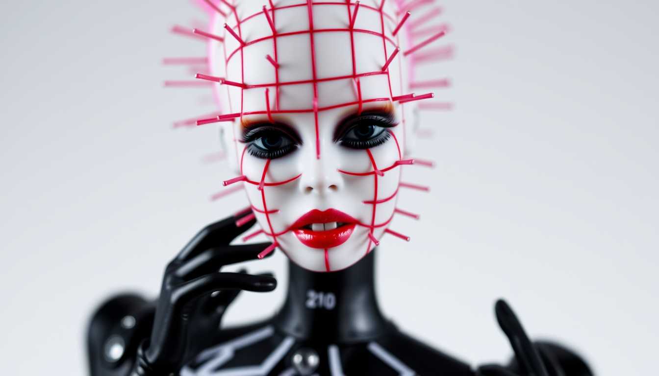 Photo of a cenobite Barbie doll. female "pinhead" from the "Hellraiser" horror movies. Scary hell background.