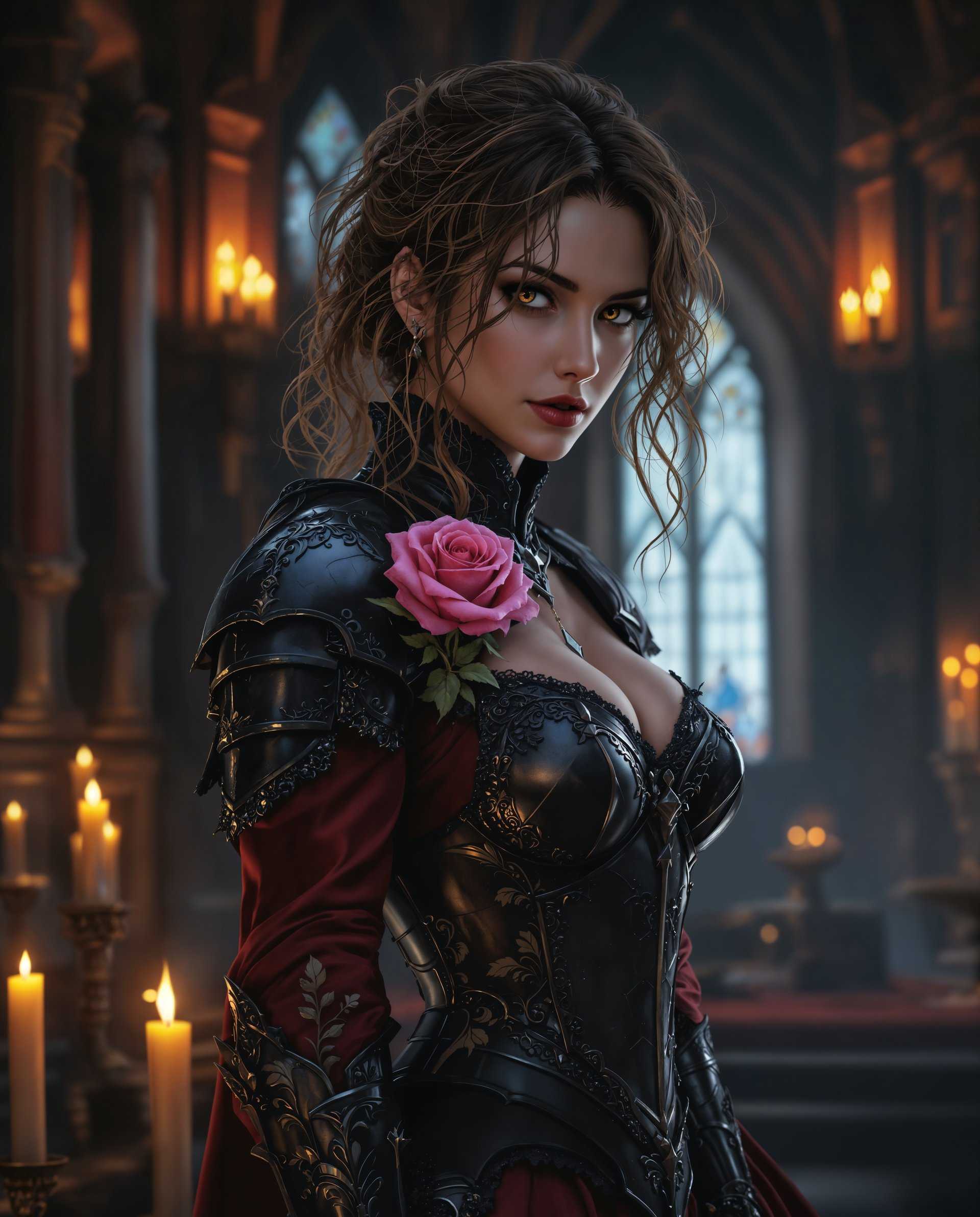 masterpiece, best quality, highres, sharp image, more detail <lora:more_details:0.5> <lora:SDXLrender_v2.0:1>, masterpiece, best quality, highres, sharp image, more detail, This image is a realistic photo (photograph) of a female real person digital artwork that presents a figure in a richly detailed and stylized medieval realistic setting. The art style is reminiscent of high realism, with a focus on intricate textures and a dramatic, almost cinematic quality. The medium appears to be a digital painting, given the smooth blending of colors and the lack of brush strokes.The colors in the image are deep and moody, with a predominance of dark reds, blacks, and purples, punctuated by the bright pink of a rose and the warm glow of candlelight. The contrast between the dark tones and the lighter accents creates a sense of depth and drama.The figure is adorned in a detailed, dark armor with lace and floral patterns, suggesting a high status or noble rank. The armor is richly textured, with a mix of smooth and rough surfaces, and is accessorized with a prominent rose on the shoulder, which adds a touch of romance to the otherwise imposing and formidable appearance. The armor is paired with a deep red, formfitting dress that contrasts with the armor, highlighting the figures curves.The figures hair is styled in a messy, curly fashion, with strands framing the face and falling around the shoulders. The hair is a rich chestnut color, with highlights that catch the light, adding dimension to the hair texture.The background is a grand, ornate room with a gothic architectural style, featuring pointed arches, intricate carvings, and a stained glass window. The room is filled with candlelight, casting a warm, flickering glow that enhances the dramatic and mysterious atmosphere of the scene.Overall, the image is a richly detailed and evocative portrayal of a figure in a high realism setting, with a focus on textures, color contrasts, and a dramatic, cinematic quality.