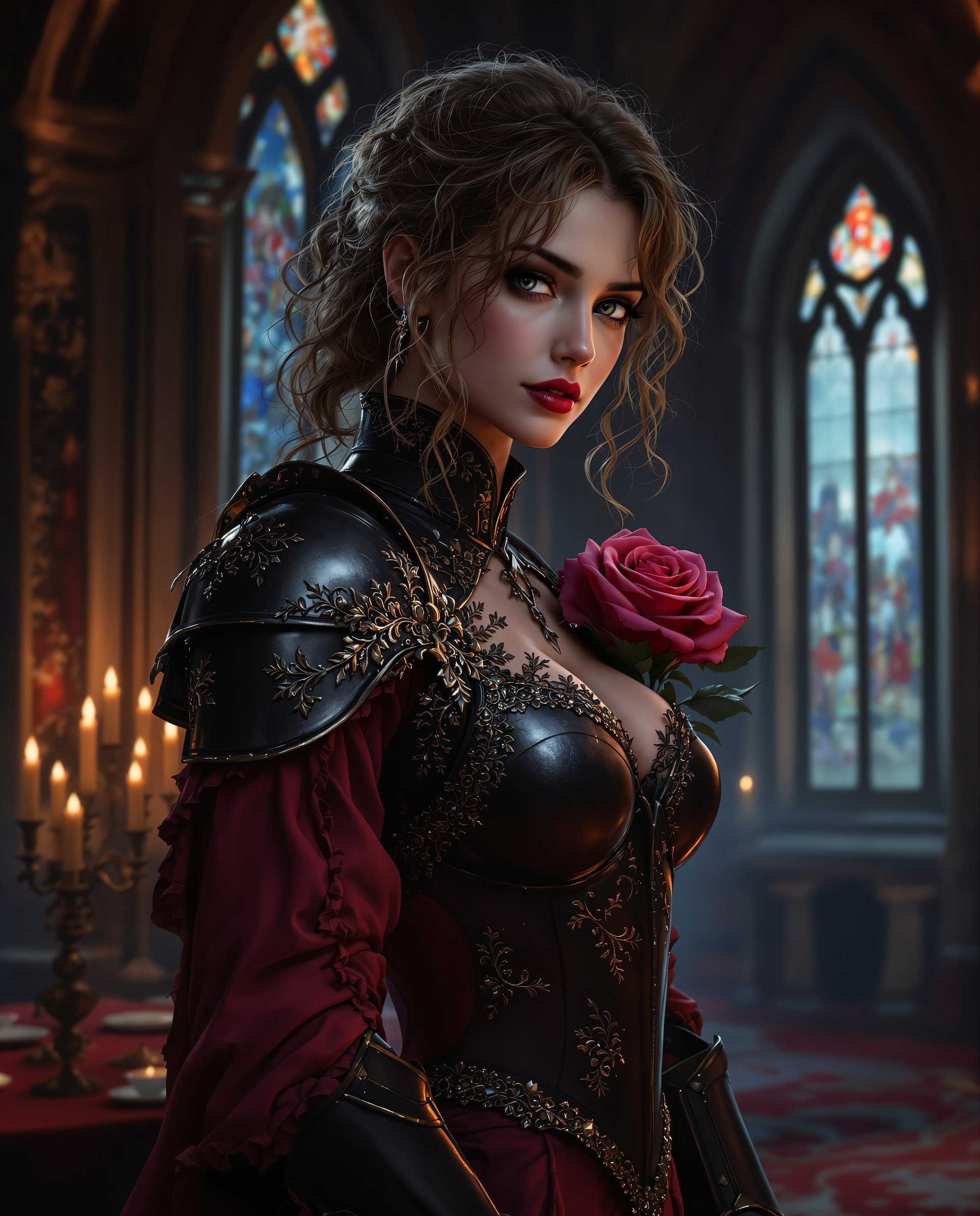 masterpiece, best quality, highres, sharp image, more detail <lora:more_details:0.5> <lora:SDXLrender_v2.0:1>, This image is a realistic photo (photograph) of a female real person digital artwork that presents a figure in a richly detailed and stylized medieval realistic setting. The art style is reminiscent of high realism, with a focus on intricate textures and a dramatic, almost cinematic quality. The medium appears to be a digital painting, given the smooth blending of colors and the lack of brush strokes.The colors in the image are deep and moody, with a predominance of dark reds, blacks, and purples, punctuated by the bright pink of a rose and the warm glow of candlelight. The contrast between the dark tones and the lighter accents creates a sense of depth and drama.The figure is adorned in a detailed, dark armor with lace and floral patterns, suggesting a high status or noble rank. The armor is richly textured, with a mix of smooth and rough surfaces, and is accessorized with a prominent rose on the shoulder, which adds a touch of romance to the otherwise imposing and formidable appearance. The armor is paired with a deep red, formfitting dress that contrasts with the armor, highlighting the figures curves.The figures hair is styled in a messy, curly fashion, with strands framing the face and falling around the shoulders. The hair is a rich chestnut color, with highlights that catch the light, adding dimension to the hair texture.The background is a grand, ornate room with a gothic architectural style, featuring pointed arches, intricate carvings, and a stained glass window. The room is filled with candlelight, casting a warm, flickering glow that enhances the dramatic and mysterious atmosphere of the scene.Overall, the image is a richly detailed and evocative portrayal of a figure in a high realism setting, with a focus on textures, color contrasts, and a dramatic, cinematic quality.