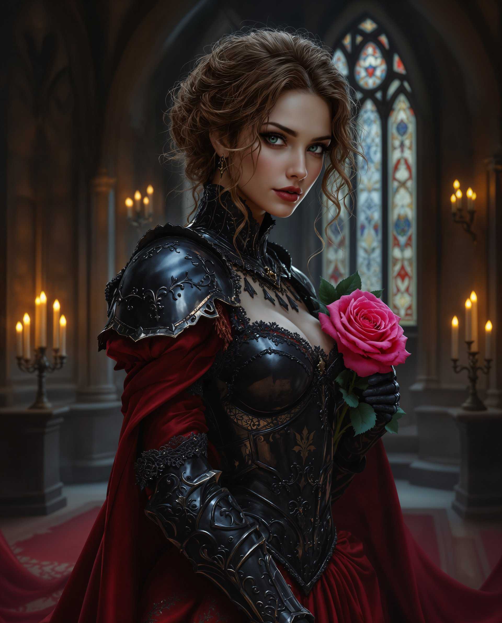 masterpiece, best quality, highres, sharp image, more detail <lora:more_details:0.5> <lora:SDXLrender_v2.0:1>, masterpiece, best quality, highres, sharp image, more detail, This image is a realistic photo (photograph) of a female real person digital artwork that presents a figure in a richly detailed and stylized medieval realistic setting. The art style is reminiscent of high realism, with a focus on intricate textures and a dramatic, almost cinematic quality. The medium appears to be a digital painting, given the smooth blending of colors and the lack of brush strokes.The colors in the image are deep and moody, with a predominance of dark reds, blacks, and purples, punctuated by the bright pink of a rose and the warm glow of candlelight. The contrast between the dark tones and the lighter accents creates a sense of depth and drama.The figure is adorned in a detailed, dark armor with lace and floral patterns, suggesting a high status or noble rank. The armor is richly textured, with a mix of smooth and rough surfaces, and is accessorized with a prominent rose on the shoulder, which adds a touch of romance to the otherwise imposing and formidable appearance. The armor is paired with a deep red, formfitting dress that contrasts with the armor, highlighting the figures curves.The figures hair is styled in a messy, curly fashion, with strands framing the face and falling around the shoulders. The hair is a rich chestnut color, with highlights that catch the light, adding dimension to the hair texture.The background is a grand, ornate room with a gothic architectural style, featuring pointed arches, intricate carvings, and a stained glass window. The room is filled with candlelight, casting a warm, flickering glow that enhances the dramatic and mysterious atmosphere of the scene.Overall, the image is a richly detailed and evocative portrayal of a figure in a high realism setting, with a focus on textures, color contrasts, and a dramatic, cinematic quality.