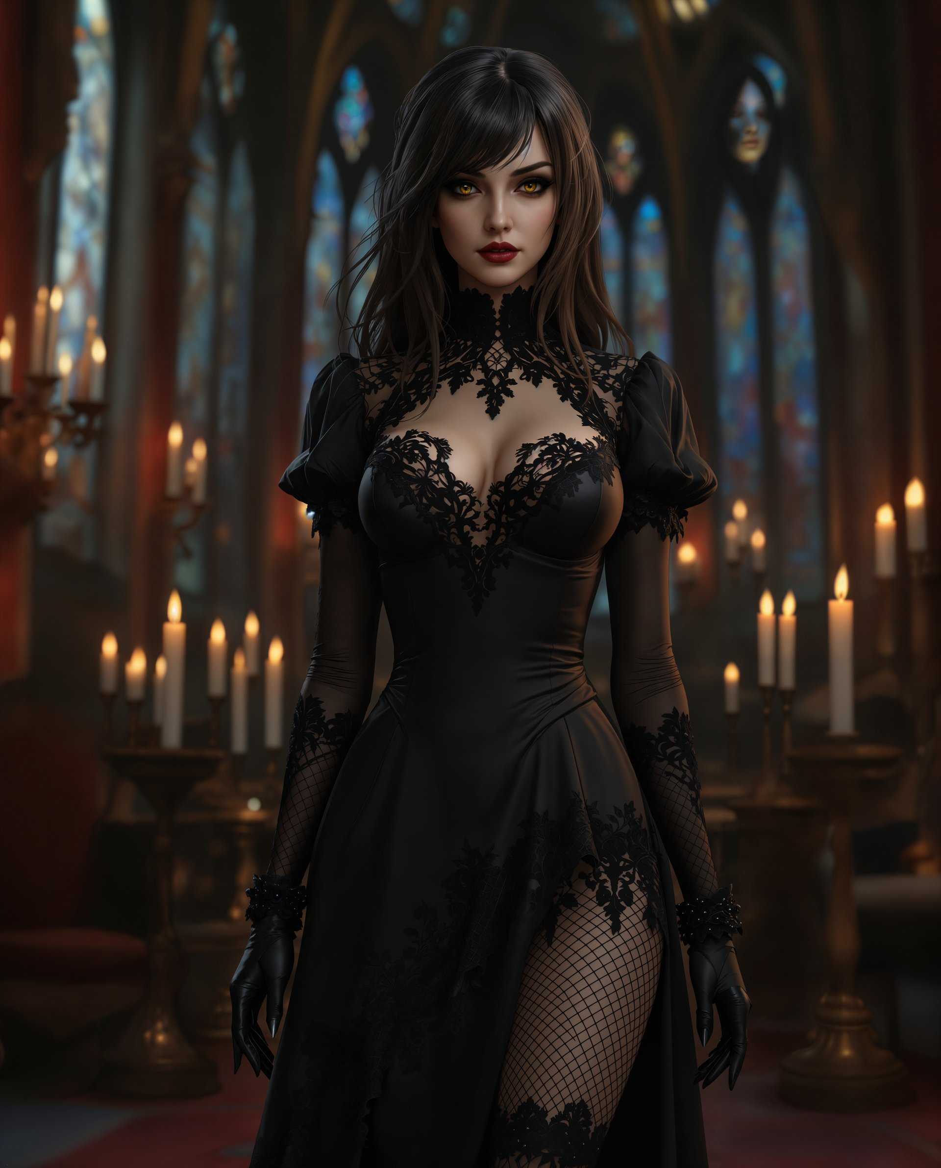 masterpiece, best quality, highres, sharp image, more detail <lora:more_details:0.5> <lora:SDXLrender_v2.0:1>, masterpiece, best quality, highres, sharp image, more detail, This image is a realistic photo (photograph) of a female real person digital artwork that features a character dressed in a gothicinspired outfit. The art style is highly detailed and realistic, with a focus on textures and lighting that give the image a threedimensional quality.The medium appears to be a computergenerated 3D rendering, as evidenced by the smooth surfaces and the way light interacts with the characters clothing and skin.The colors in the image are rich and moody, with a predominance of deep blacks, dark browns, and various shades of red. These colors are complemented by the warm glow of candlelight in the background, which adds to the atmospheric quality of the scene.The character is wearing a black, formfitting bodice with lace detailing and scalloped edges. The bodice has a high neckline and long sleeves with puffed shoulders, giving it a medieval or fantasy feel. The characters arms are covered in black gloves with detailed cuffs.The skirt portion of the outfit is long and flowing, with a fitted waist that flares out into a full skirt. The skirt is also adorned with lace and has a scalloped hemline. The characters legs are covered in fishnet stockings with a lace overlay, and she is wearing pointed, black boots that reach midcalf.In the background, there is a grand, ornate room with gothic architectural elements, such as pointed arches and stained glass windows. The room is lit by the flickering flames of several candles, which casts a warm, golden light across the scene. The walls are painted in a deep red, and there is a sense of luxury and opulence in the furnishings and decor.