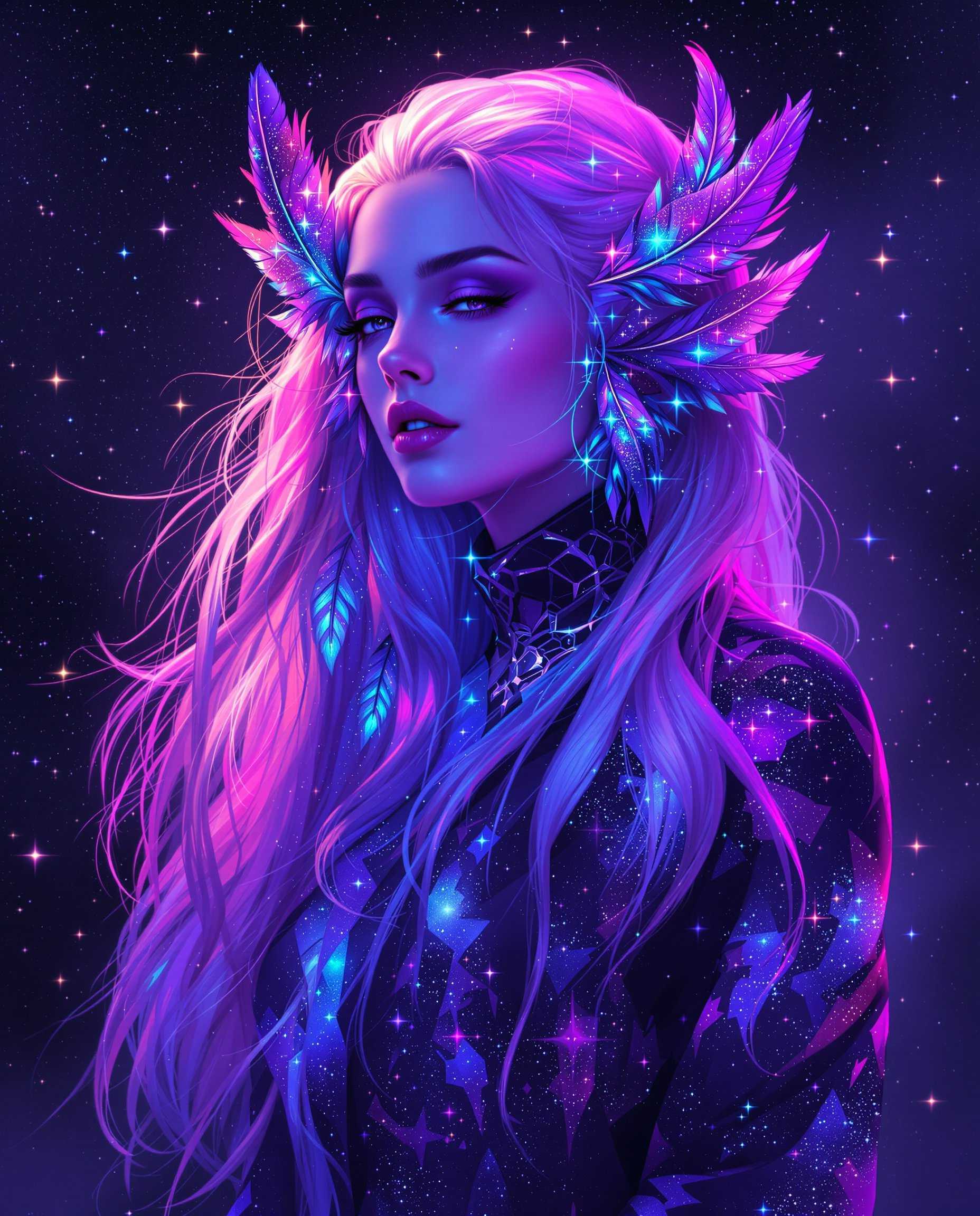 masterpiece, best quality, highres, sharp image, more detail, This image is a realistic photo (photograph) of a female real person digital artwork that features a female figure with a striking and otherworldly appearance. The art style is reminiscent of realism or science fiction, with a focus on vibrant colors and intricate details that suggest a cosmic or galactic theme.The medium appears to be digital painting, given the smooth gradients and seamless blending of colors. The image has a high level of detail, from the texture of the hair to the patterns on the clothing.The colors in the image are rich and dynamic, with a predominance of purples, blues, pinks, and neon accents. These colors create a sense of depth and dimension, and they are used to emphasize the galactic theme. The interplay of light and shadow adds to the threedimensional effect, giving the image a luminous quality.The objects in the image include the female figure, who is the central subject. She has long, flowing hair that transitions from a soft pink at the roots to a deep purple at the tips, with streaks of blue and green that resemble stars and nebulae. The hair is adorned with feathers that also have a cosmic theme, with patterns that echo the stars and galaxies.The figure is wearing a garment that is richly decorated with a galaxyinspired pattern. The fabric appears to shimmer and reflect light, adding to the overall sense of otherworldliness.In the background, there is a starry sky filled with twinkling stars, which complements the figures cosmic theme. The stars are scattered across the canvas in a seemingly random pattern, but they are carefully placed to create a sense of depth and continuity.Overall, the image is a celebration of color, texture, and the beauty of the cosmos, inviting the viewer to contemplate the mysteries of the universe.