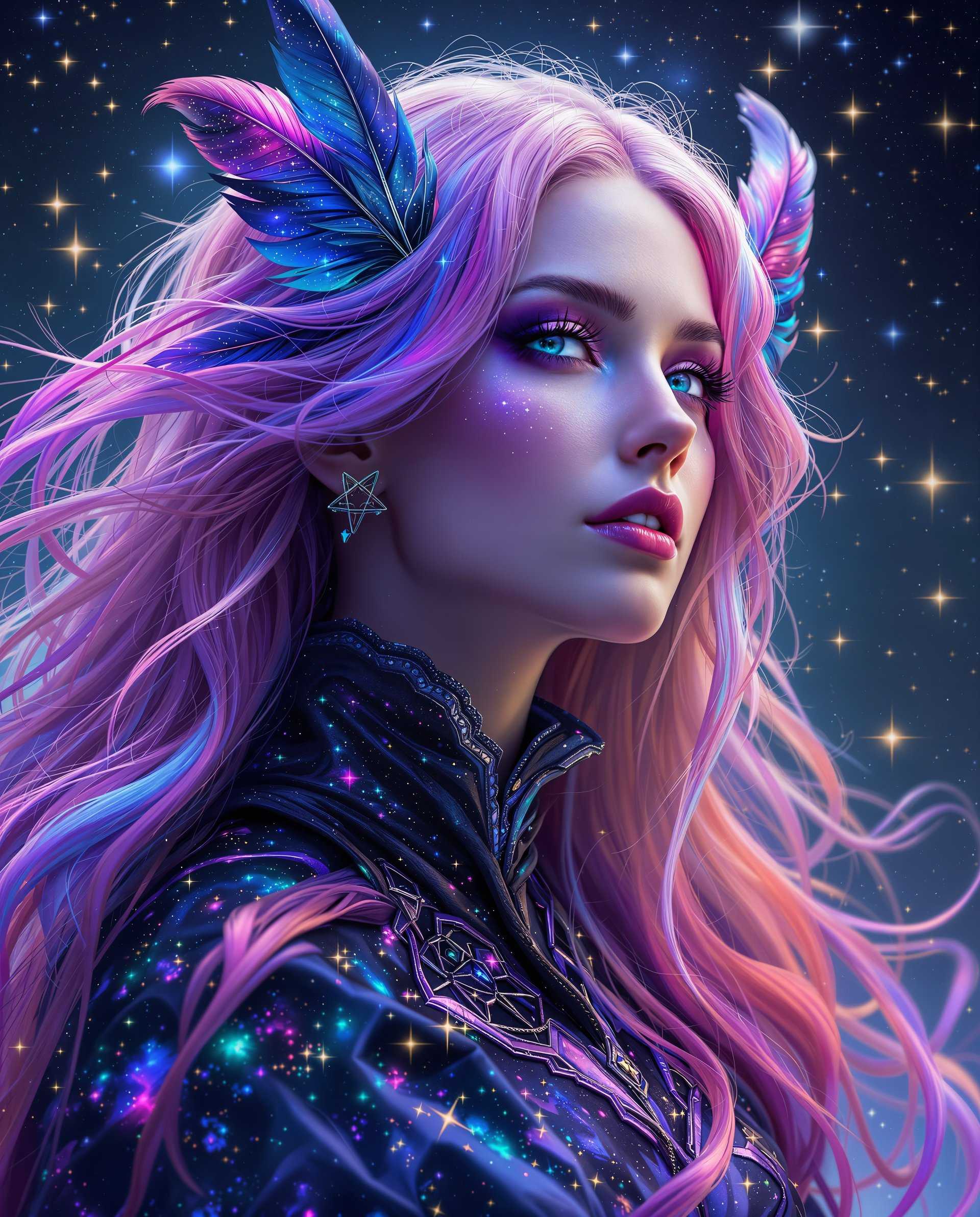 masterpiece, best quality, highres, sharp image, more detail <lora:more_details:0.5> <lora:SDXLrender_v2.0:1>, This image is a realistic photo (photograph) of a female real person digital artwork that features a female figure with a striking and otherworldly appearance. The art style is reminiscent of realism or science fiction, with a focus on vibrant colors and intricate details that suggest a cosmic or galactic theme.The medium appears to be digital painting, given the smooth gradients and seamless blending of colors. The image has a high level of detail, from the texture of the hair to the patterns on the clothing.The colors in the image are rich and dynamic, with a predominance of purples, blues, pinks, and neon accents. These colors create a sense of depth and dimension, and they are used to emphasize the galactic theme. The interplay of light and shadow adds to the threedimensional effect, giving the image a luminous quality.The objects in the image include the female figure, who is the central subject. She has long, flowing hair that transitions from a soft pink at the roots to a deep purple at the tips, with streaks of blue and green that resemble stars and nebulae. The hair is adorned with feathers that also have a cosmic theme, with patterns that echo the stars and galaxies.The figure is wearing a garment that is richly decorated with a galaxyinspired pattern. The fabric appears to shimmer and reflect light, adding to the overall sense of otherworldliness.In the background, there is a starry sky filled with twinkling stars, which complements the figures cosmic theme. The stars are scattered across the canvas in a seemingly random pattern, but they are carefully placed to create a sense of depth and continuity.Overall, the image is a celebration of color, texture, and the beauty of the cosmos, inviting the viewer to contemplate the mysteries of the universe.