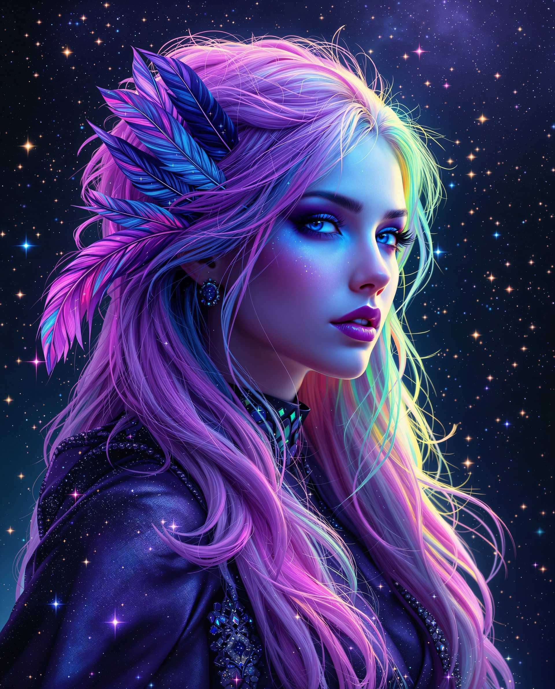 masterpiece, best quality, highres, sharp image, more detail <lora:more_details:0.5> <lora:SDXLrender_v2.0:1>, This image is a realistic photo (photograph) of a female real person digital artwork that features a female figure with a striking and otherworldly appearance. The art style is reminiscent of realism or science fiction, with a focus on vibrant colors and intricate details that suggest a cosmic or galactic theme.The medium appears to be digital painting, given the smooth gradients and seamless blending of colors. The image has a high level of detail, from the texture of the hair to the patterns on the clothing.The colors in the image are rich and dynamic, with a predominance of purples, blues, pinks, and neon accents. These colors create a sense of depth and dimension, and they are used to emphasize the galactic theme. The interplay of light and shadow adds to the threedimensional effect, giving the image a luminous quality.The objects in the image include the female figure, who is the central subject. She has long, flowing hair that transitions from a soft pink at the roots to a deep purple at the tips, with streaks of blue and green that resemble stars and nebulae. The hair is adorned with feathers that also have a cosmic theme, with patterns that echo the stars and galaxies.The figure is wearing a garment that is richly decorated with a galaxyinspired pattern. The fabric appears to shimmer and reflect light, adding to the overall sense of otherworldliness.In the background, there is a starry sky filled with twinkling stars, which complements the figures cosmic theme. The stars are scattered across the canvas in a seemingly random pattern, but they are carefully placed to create a sense of depth and continuity.Overall, the image is a celebration of color, texture, and the beauty of the cosmos, inviting the viewer to contemplate the mysteries of the universe.