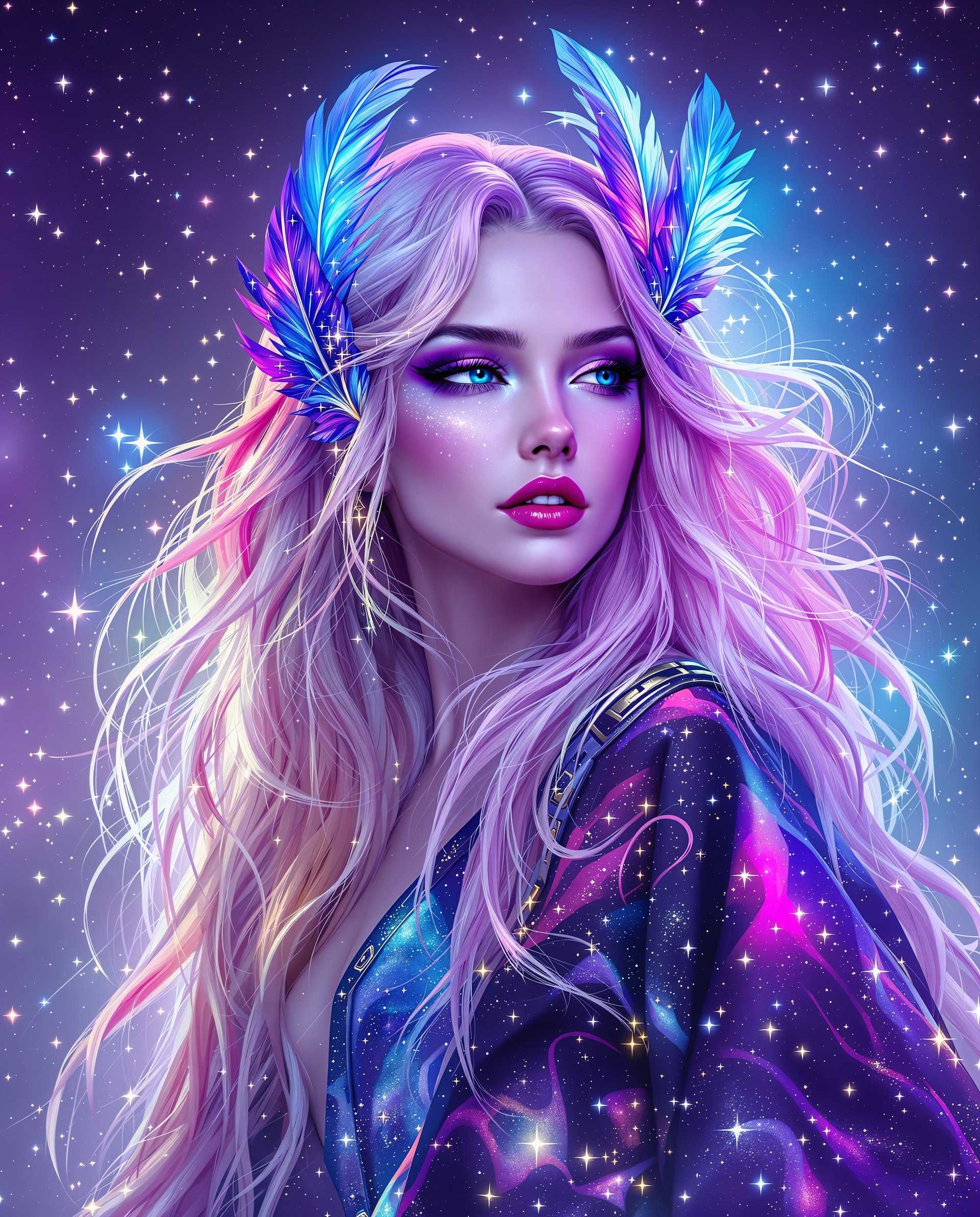 masterpiece, best quality, highres, sharp image, more detail <lora:more_details:0.5> <lora:SDXLrender_v2.0:1>, This image is a realistic photo (photograph) of a female real person digital artwork that features a female figure with a striking and otherworldly appearance. The art style is reminiscent of realism or science fiction, with a focus on vibrant colors and intricate details that suggest a cosmic or galactic theme.The medium appears to be digital painting, given the smooth gradients and seamless blending of colors. The image has a high level of detail, from the texture of the hair to the patterns on the clothing.The colors in the image are rich and dynamic, with a predominance of purples, blues, pinks, and neon accents. These colors create a sense of depth and dimension, and they are used to emphasize the galactic theme. The interplay of light and shadow adds to the threedimensional effect, giving the image a luminous quality.The objects in the image include the female figure, who is the central subject. She has long, flowing hair that transitions from a soft pink at the roots to a deep purple at the tips, with streaks of blue and green that resemble stars and nebulae. The hair is adorned with feathers that also have a cosmic theme, with patterns that echo the stars and galaxies.The figure is wearing a garment that is richly decorated with a galaxyinspired pattern. The fabric appears to shimmer and reflect light, adding to the overall sense of otherworldliness.In the background, there is a starry sky filled with twinkling stars, which complements the figures cosmic theme. The stars are scattered across the canvas in a seemingly random pattern, but they are carefully placed to create a sense of depth and continuity.Overall, the image is a celebration of color, texture, and the beauty of the cosmos, inviting the viewer to contemplate the mysteries of the universe.