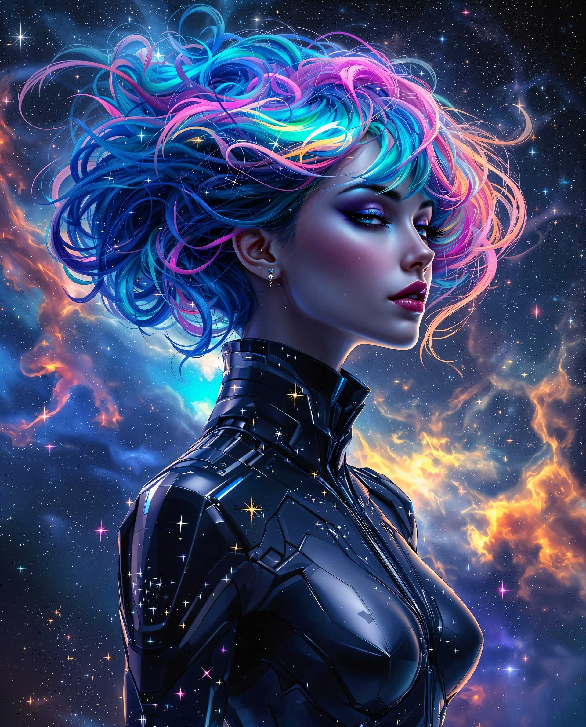 masterpiece, best quality, highres, sharp image, more detail <lora:more_details:0.5> <lora:SDXLrender_v2.0:1>, This image is a realistic photo (photograph) of a female real person digital artwork that features a figure with a strikingly detailed and colorful hairstyle that transitions from a deep, rich blue at the roots to a vibrant spectrum of colors, including pink, purple, green, and orange, reminiscent of a nebula or galaxy. The hair flows in waves and curls, giving a sense of movement and dynamism.The figure is wearing a hightech, futuristic outfit that appears to be made of a material that reflects and refracts light, with a multitude of sparkling, starlike embellishments that suggest a cosmic theme. The outfit has a sleek, angular design with sharp lines and curves, and its primarily a deep, dark color with highlights of blue and purple.The background of the image is a stunning representation of space, filled with stars, nebulae, and swirling clouds of cosmic dust and gas. The colors are rich and varied, with deep blues and blacks punctuated by fiery oranges, reds, and yellows, creating a sense of depth and vastness.The overall art style of the image is digital painting, with a strong emphasis on texture, color, and light. The medium appears to be a combination of digital brush strokes and possibly some form of 3D modeling or rendering, given the smoothness and realism of the figures skin and the intricate details of the outfit and the cosmic backdrop.The image exudes a sense of wonder, futurism, and the infinite beauty of the universe, with a strong emphasis on the interplay between humanity and the cosmos. The use of color and light is masterful, creating a visually compelling and immersive experience that draws the viewer into the depths of the space scene.