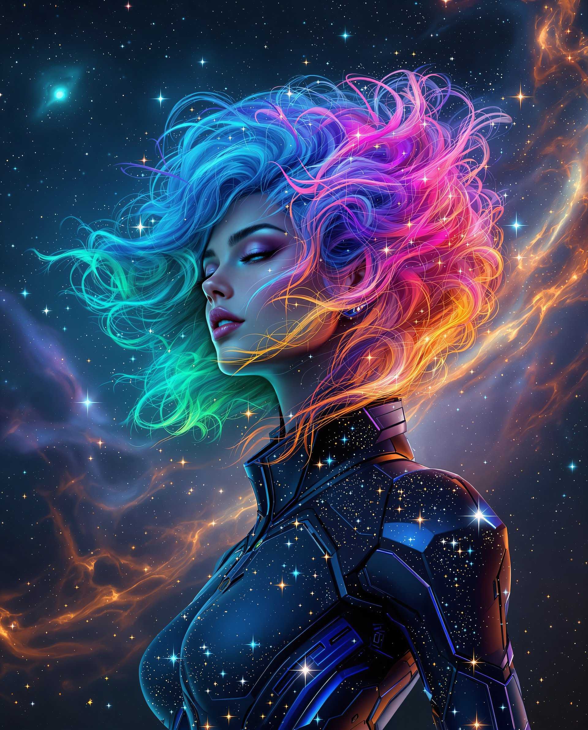 masterpiece, best quality, highres, sharp image, more detail <lora:more_details:0.5> <lora:SDXLrender_v2.0:1>, This image is a realistic photo (photograph) of a female real person digital artwork that features a figure with a strikingly detailed and colorful hairstyle that transitions from a deep, rich blue at the roots to a vibrant spectrum of colors, including pink, purple, green, and orange, reminiscent of a nebula or galaxy. The hair flows in waves and curls, giving a sense of movement and dynamism.The figure is wearing a hightech, futuristic outfit that appears to be made of a material that reflects and refracts light, with a multitude of sparkling, starlike embellishments that suggest a cosmic theme. The outfit has a sleek, angular design with sharp lines and curves, and its primarily a deep, dark color with highlights of blue and purple.The background of the image is a stunning representation of space, filled with stars, nebulae, and swirling clouds of cosmic dust and gas. The colors are rich and varied, with deep blues and blacks punctuated by fiery oranges, reds, and yellows, creating a sense of depth and vastness.The overall art style of the image is digital painting, with a strong emphasis on texture, color, and light. The medium appears to be a combination of digital brush strokes and possibly some form of 3D modeling or rendering, given the smoothness and realism of the figures skin and the intricate details of the outfit and the cosmic backdrop.The image exudes a sense of wonder, futurism, and the infinite beauty of the universe, with a strong emphasis on the interplay between humanity and the cosmos. The use of color and light is masterful, creating a visually compelling and immersive experience that draws the viewer into the depths of the space scene.