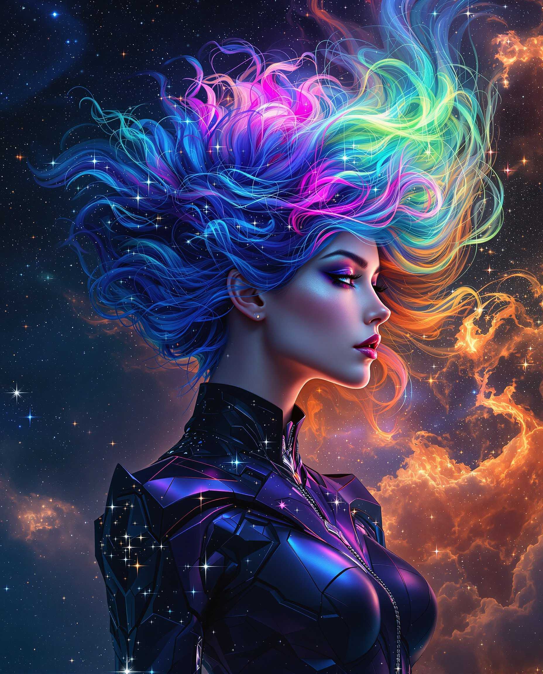 masterpiece, best quality, highres, sharp image, more detail <lora:more_details:0.5> <lora:SDXLrender_v2.0:1>, This image is a realistic photo (photograph) of a female real person digital artwork that features a figure with a strikingly detailed and colorful hairstyle that transitions from a deep, rich blue at the roots to a vibrant spectrum of colors, including pink, purple, green, and orange, reminiscent of a nebula or galaxy. The hair flows in waves and curls, giving a sense of movement and dynamism.The figure is wearing a hightech, futuristic outfit that appears to be made of a material that reflects and refracts light, with a multitude of sparkling, starlike embellishments that suggest a cosmic theme. The outfit has a sleek, angular design with sharp lines and curves, and its primarily a deep, dark color with highlights of blue and purple.The background of the image is a stunning representation of space, filled with stars, nebulae, and swirling clouds of cosmic dust and gas. The colors are rich and varied, with deep blues and blacks punctuated by fiery oranges, reds, and yellows, creating a sense of depth and vastness.The overall art style of the image is digital painting, with a strong emphasis on texture, color, and light. The medium appears to be a combination of digital brush strokes and possibly some form of 3D modeling or rendering, given the smoothness and realism of the figures skin and the intricate details of the outfit and the cosmic backdrop.The image exudes a sense of wonder, futurism, and the infinite beauty of the universe, with a strong emphasis on the interplay between humanity and the cosmos. The use of color and light is masterful, creating a visually compelling and immersive experience that draws the viewer into the depths of the space scene.