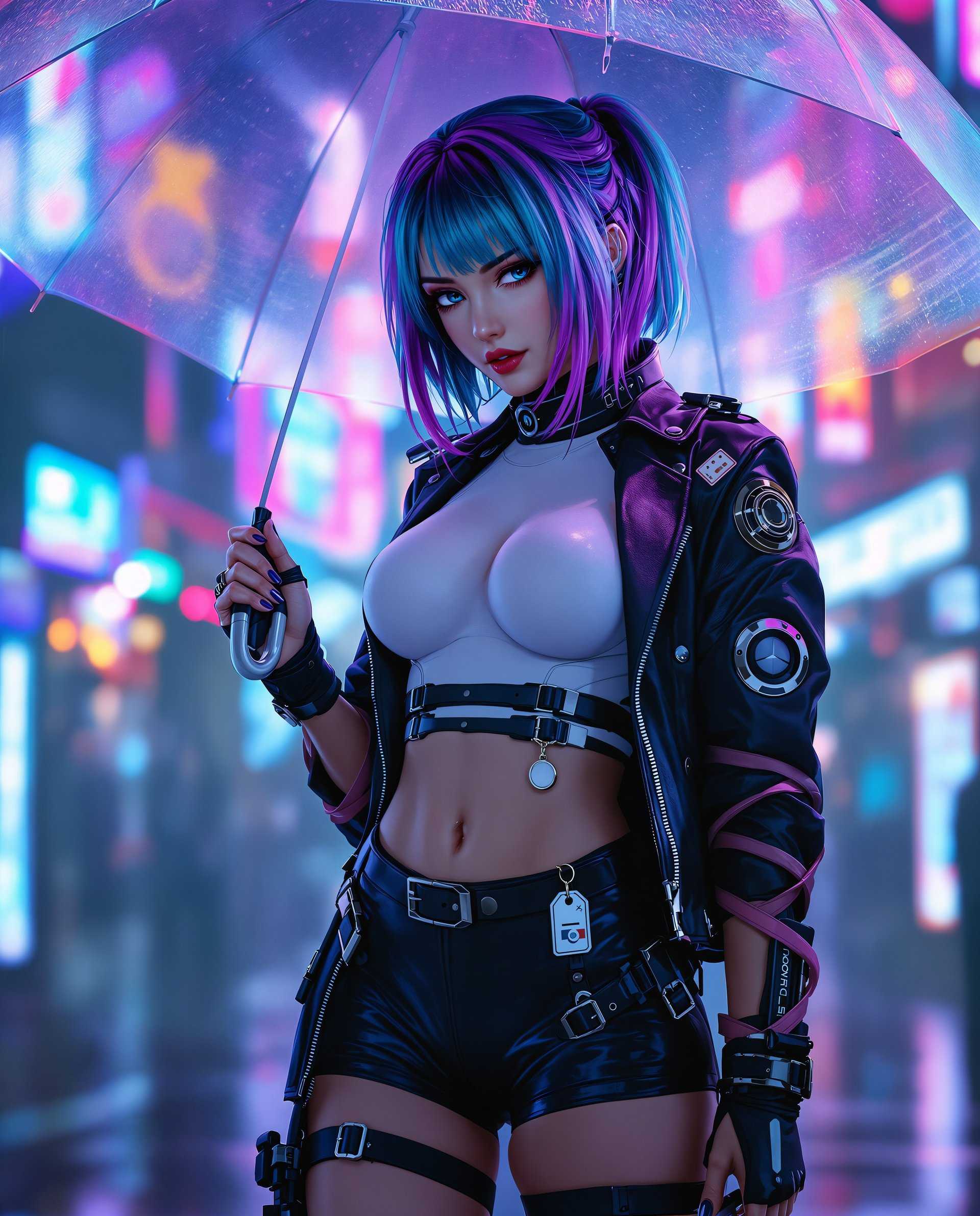 masterpiece, best quality, highres, sharp image, more detail <lora:more_details:0.5> <lora:SDXLrender_v2.0:1>, This image is a realistic photo (photograph) of a female real person digital artwork that captures a figure in a cyberpunk style, which is a genre that blends futuristic elements with dystopian themes. The art style is characterized by its high level of detail, vibrant colors, and a sense of depth that is often achieved through lighting and shadow.The medium appears to be a digital painting, given the smooth gradients, the lack of texture that would be present in a traditional painting, and the seamless blending of colors. The image has a cinematic quality, with a focus on the figure and a blurred background that suggests a bustling urban environment.Colors are rich and varied, with a predominance of blues and purples that give the image a cool, almost icy feel. The figures hair is a gradient of blues and purples, which adds to the cyberpunk aesthetic. The clothing is a mix of dark and light colors, with metallic accents that reflect the neon lights in the background.Objects in the image include an umbrella, which is a common prop in cyberpunk imagery, often used to suggest a rainy or overcast environment. The figure is wearing a futuristic outfit with a hightech look, including a white and black bodysuit with straps and buckles, and a black leather jacket with a high collar. The jacket has a circular emblem on the left shoulder, and the figure is wearing a pair of black shorts with a similar emblem on the left thigh. A silver keychain with a tag is visible on the shorts, and the figure is holding onto a black object, which could be a weapon or a tool.Overall, the image exudes a sense of advanced technology, urban decay, and a touch of melancholy, characteristic of the cyberpunk genre.