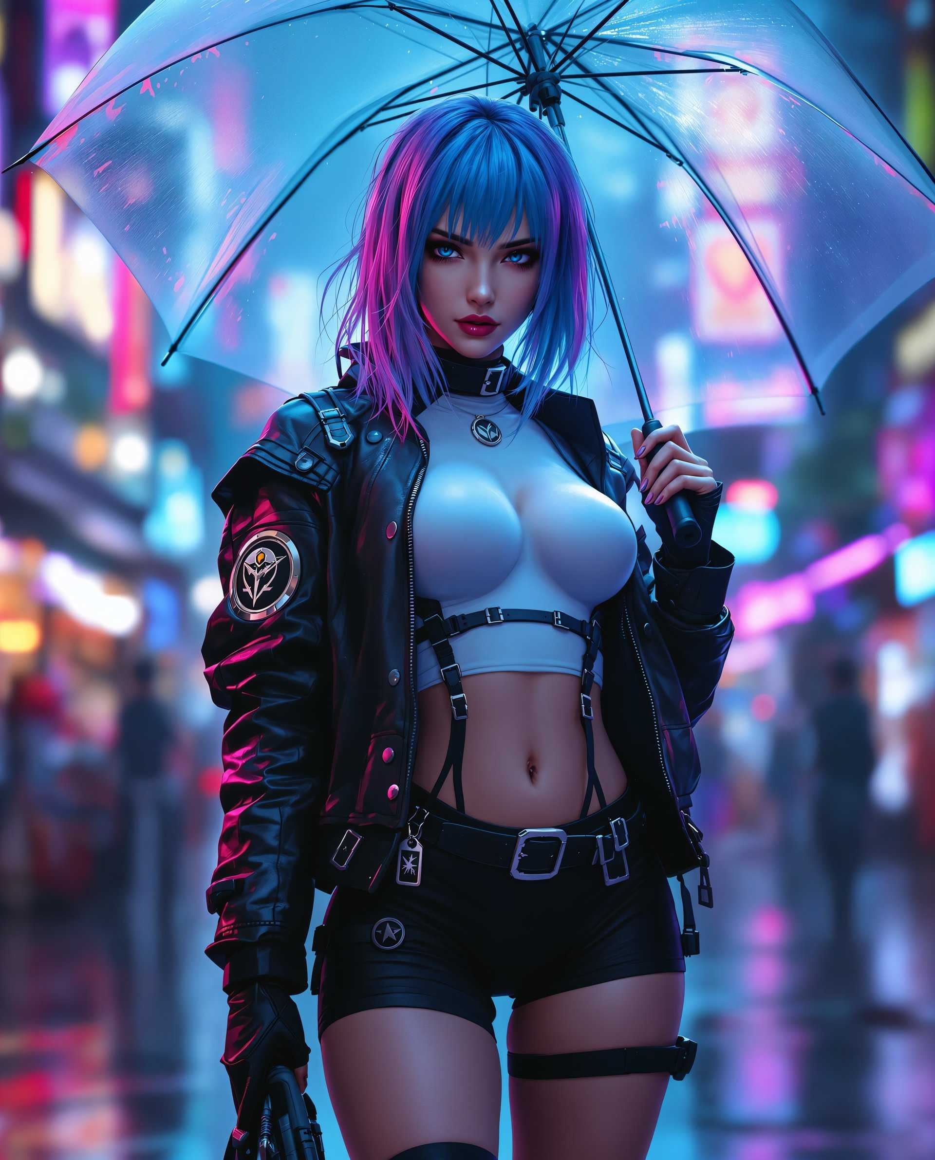 masterpiece, best quality, highres, sharp image, more detail <lora:more_details:0.5> <lora:SDXLrender_v2.0:1>, This image is a realistic photo (photograph) of a female real person digital artwork that captures a figure in a cyberpunk style, which is a genre that blends futuristic elements with dystopian themes. The art style is characterized by its high level of detail, vibrant colors, and a sense of depth that is often achieved through lighting and shadow.The medium appears to be a digital painting, given the smooth gradients, the lack of texture that would be present in a traditional painting, and the seamless blending of colors. The image has a cinematic quality, with a focus on the figure and a blurred background that suggests a bustling urban environment.Colors are rich and varied, with a predominance of blues and purples that give the image a cool, almost icy feel. The figures hair is a gradient of blues and purples, which adds to the cyberpunk aesthetic. The clothing is a mix of dark and light colors, with metallic accents that reflect the neon lights in the background.Objects in the image include an umbrella, which is a common prop in cyberpunk imagery, often used to suggest a rainy or overcast environment. The figure is wearing a futuristic outfit with a hightech look, including a white and black bodysuit with straps and buckles, and a black leather jacket with a high collar. The jacket has a circular emblem on the left shoulder, and the figure is wearing a pair of black shorts with a similar emblem on the left thigh. A silver keychain with a tag is visible on the shorts, and the figure is holding onto a black object, which could be a weapon or a tool.Overall, the image exudes a sense of advanced technology, urban decay, and a touch of melancholy, characteristic of the cyberpunk genre.