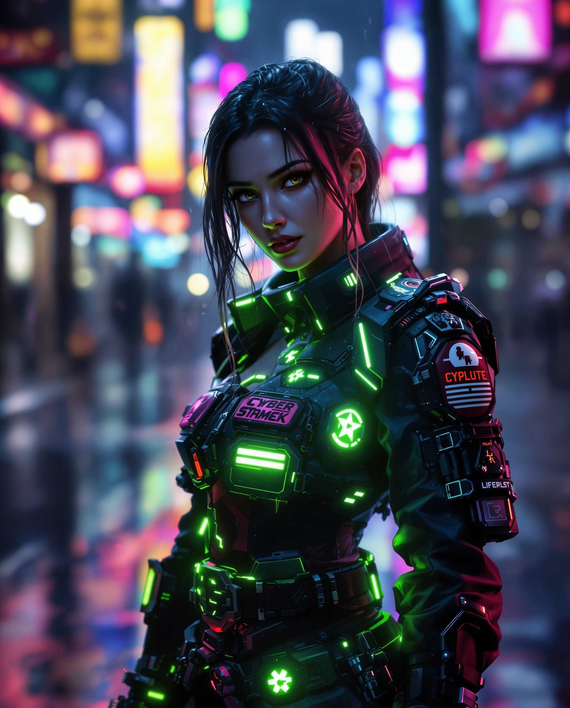 masterpiece, best quality, highres, sharp image, more detail <lora:more_details:0.5> <lora:SDXLrender_v2.0:1>, masterpiece, best quality, highres, sharp image, more detail, This image is a realistic photo (photograph) of a female real person digital artwork that features a character in a cyberpunk style. The character is wearing a futuristic, hightech outfit with glowing neon accents that stand out against the darker, more subdued background.The medium appears to be a digital painting, given the smooth blending of colors and the lack of texture that would be present in a traditional painting. The lighting and shadows are expertly rendered, creating a threedimensional effect on the characters clothing and body.The colors in the image are primarily cool tones, with shades of blue, black, and gray dominating the palette. The neon accents are a bright, electric green, which stands out and draws the eye. The raindrops scattered across the characters clothing and the background add a sense of realism and dynamism to the scene.The objects in the image include the characters futuristic outfit, which is detailed with various patches, symbols, and glowing lights. The character is also wearing a pair of gloves with a similar design, and there is a belt with a buckle that matches the overall aesthetic. The background is a blurred cityscape, with neon signs and reflections on wet surfaces, suggesting a nighttime setting in a densely populated urban area.