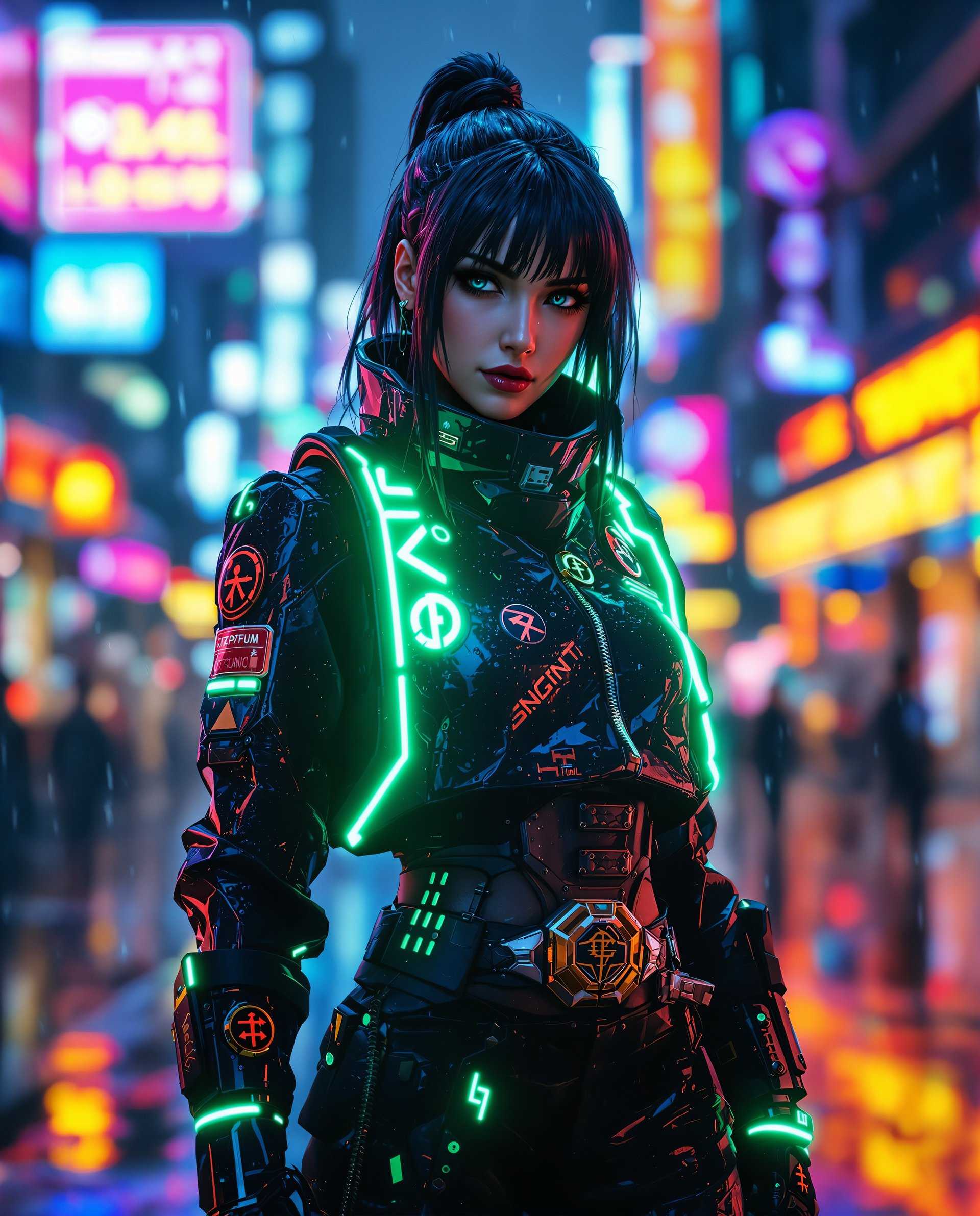 masterpiece, best quality, highres, sharp image, more detail <lora:more_details:0.5> <lora:SDXLrender_v2.0:1>, This image is a realistic photo (photograph) of a female real person digital artwork that features a character in a cyberpunk style. The character is wearing a futuristic, hightech outfit with glowing neon accents that stand out against the darker, more subdued background.The medium appears to be a digital painting, given the smooth blending of colors and the lack of texture that would be present in a traditional painting. The lighting and shadows are expertly rendered, creating a threedimensional effect on the characters clothing and body.The colors in the image are primarily cool tones, with shades of blue, black, and gray dominating the palette. The neon accents are a bright, electric green, which stands out and draws the eye. The raindrops scattered across the characters clothing and the background add a sense of realism and dynamism to the scene.The objects in the image include the characters futuristic outfit, which is detailed with various patches, symbols, and glowing lights. The character is also wearing a pair of gloves with a similar design, and there is a belt with a buckle that matches the overall aesthetic. The background is a blurred cityscape, with neon signs and reflections on wet surfaces, suggesting a nighttime setting in a densely populated urban area.