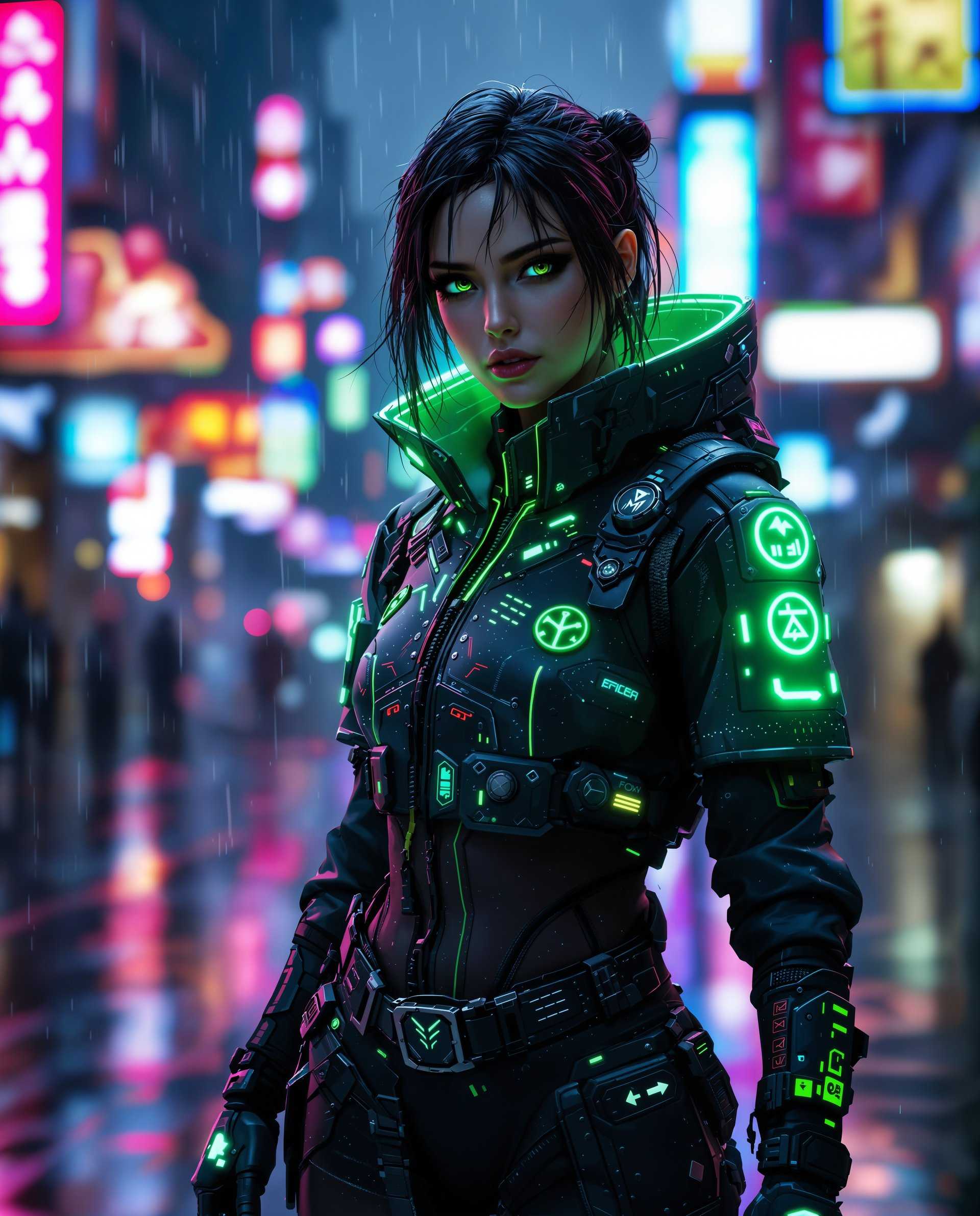 masterpiece, best quality, highres, sharp image, more detail <lora:more_details:0.5> <lora:SDXLrender_v2.0:1>, masterpiece, best quality, highres, sharp image, more detail, This image is a realistic photo (photograph) of a female real person digital artwork that features a character in a cyberpunk style. The character is wearing a futuristic, hightech outfit with glowing neon accents that stand out against the darker, more subdued background.The medium appears to be a digital painting, given the smooth blending of colors and the lack of texture that would be present in a traditional painting. The lighting and shadows are expertly rendered, creating a threedimensional effect on the characters clothing and body.The colors in the image are primarily cool tones, with shades of blue, black, and gray dominating the palette. The neon accents are a bright, electric green, which stands out and draws the eye. The raindrops scattered across the characters clothing and the background add a sense of realism and dynamism to the scene.The objects in the image include the characters futuristic outfit, which is detailed with various patches, symbols, and glowing lights. The character is also wearing a pair of gloves with a similar design, and there is a belt with a buckle that matches the overall aesthetic. The background is a blurred cityscape, with neon signs and reflections on wet surfaces, suggesting a nighttime setting in a densely populated urban area.