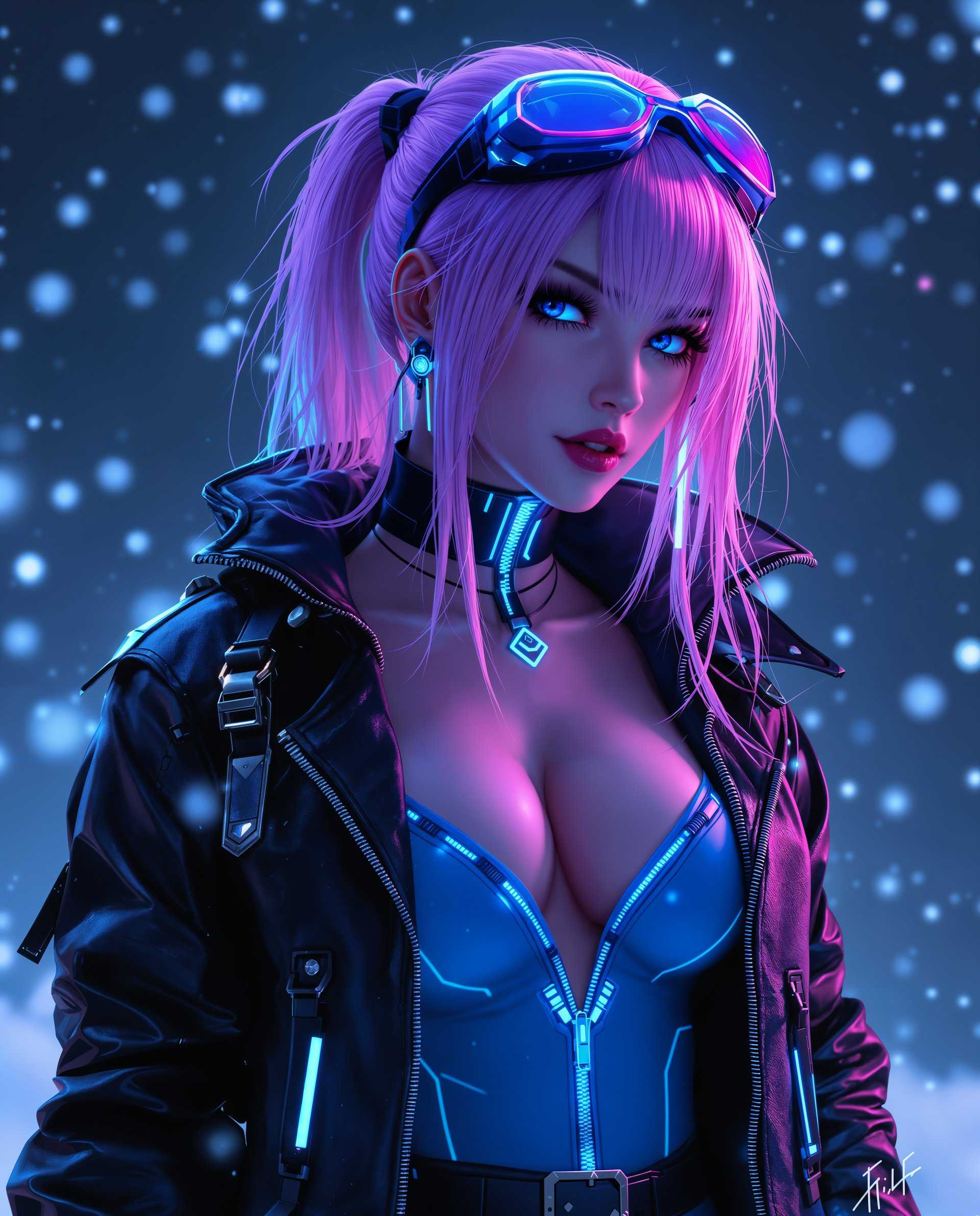 masterpiece, best quality, highres, sharp image, more detail <lora:more_details:0.5> <lora:SDXLrender_v2.0:1>, masterpiece, best quality, highres, sharp image, more detail, This image is a realistic photo (photograph) of a female real person digital artwork that features a cyberpunkinspired character. The art style is highly detailed and realistic, with a focus on textures and lighting that give the image a threedimensional quality. The medium appears to be a digital painting, given the smooth gradients and seamless blending of colors.The colors in the image are rich and vibrant, with a predominance of purples, blues, and pinks. These colors are complemented by the neon accents that highlight the characters cybernetic enhancements and futuristic clothing. The overall color scheme evokes a sense of coolness and otherworldliness.The character in the image is wearing a hightech outfit that includes a black leather jacket with glowing blue details and a futuristic zipper. The jacket has a rugged texture and appears to be made of a synthetic material. The character also wears a blue top with a high neckline and a matching pair of pants with a similar design. The top has a lowcut neckline, revealing the characters collarbones and cleavage.The characters hair is styled in a futuristic manner, with a gradient of purple and pink hues that blend into each other. The hair is sleek and straight, with a few strands falling over the characters shoulders. The hair is accessorized with a pair of goggles that rest on the forehead, adding to the cyberpunk aesthetic.The background of the image is a digital composite that resembles a snowy night scene. The snowflakes are rendered with a translucent quality, allowing the light from the neon accents to shine through. The snowflakes are scattered throughout the image, giving the impression of a gentle snowfall.Overall, the image exudes a sense of advanced technology, futuristic fashion, and a cold, otherworldly atmosphere. The attention to detail in the textures, colors, and lighting is evident, making the character and the environment feel both realistic and fantastical.