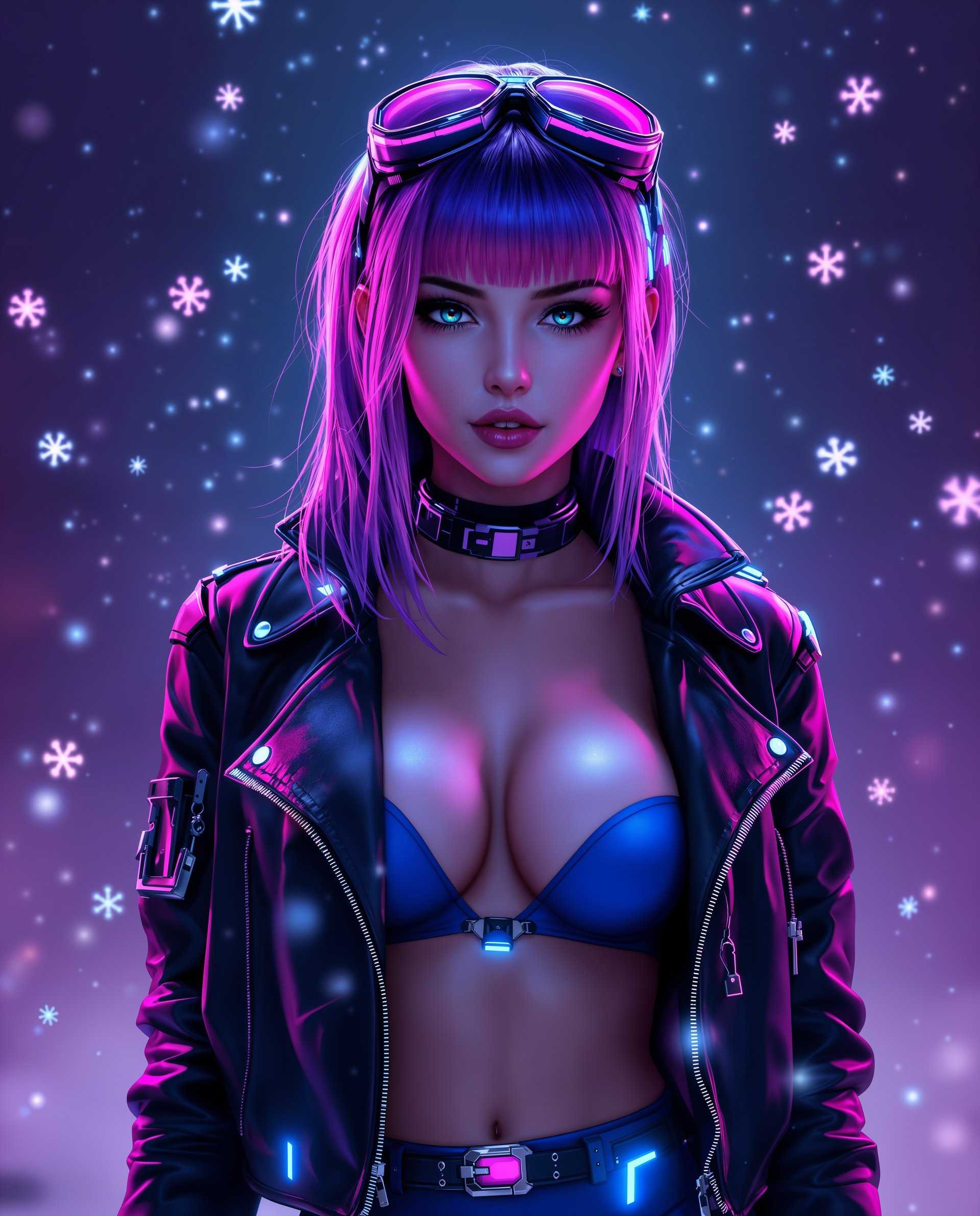 masterpiece, best quality, highres, sharp image, more detail <lora:more_details:0.5> <lora:SDXLrender_v2.0:1>, masterpiece, best quality, highres, sharp image, more detail, This image is a realistic photo (photograph) of a female real person digital artwork that features a cyberpunkinspired character. The art style is highly detailed and realistic, with a focus on textures and lighting that give the image a threedimensional quality. The medium appears to be a digital painting, given the smooth gradients and seamless blending of colors.The colors in the image are rich and vibrant, with a predominance of purples, blues, and pinks. These colors are complemented by the neon accents that highlight the characters cybernetic enhancements and futuristic clothing. The overall color scheme evokes a sense of coolness and otherworldliness.The character in the image is wearing a hightech outfit that includes a black leather jacket with glowing blue details and a futuristic zipper. The jacket has a rugged texture and appears to be made of a synthetic material. The character also wears a blue top with a high neckline and a matching pair of pants with a similar design. The top has a lowcut neckline, revealing the characters collarbones and cleavage.The characters hair is styled in a futuristic manner, with a gradient of purple and pink hues that blend into each other. The hair is sleek and straight, with a few strands falling over the characters shoulders. The hair is accessorized with a pair of goggles that rest on the forehead, adding to the cyberpunk aesthetic.The background of the image is a digital composite that resembles a snowy night scene. The snowflakes are rendered with a translucent quality, allowing the light from the neon accents to shine through. The snowflakes are scattered throughout the image, giving the impression of a gentle snowfall.Overall, the image exudes a sense of advanced technology, futuristic fashion, and a cold, otherworldly atmosphere. The attention to detail in the textures, colors, and lighting is evident, making the character and the environment feel both realistic and fantastical.
