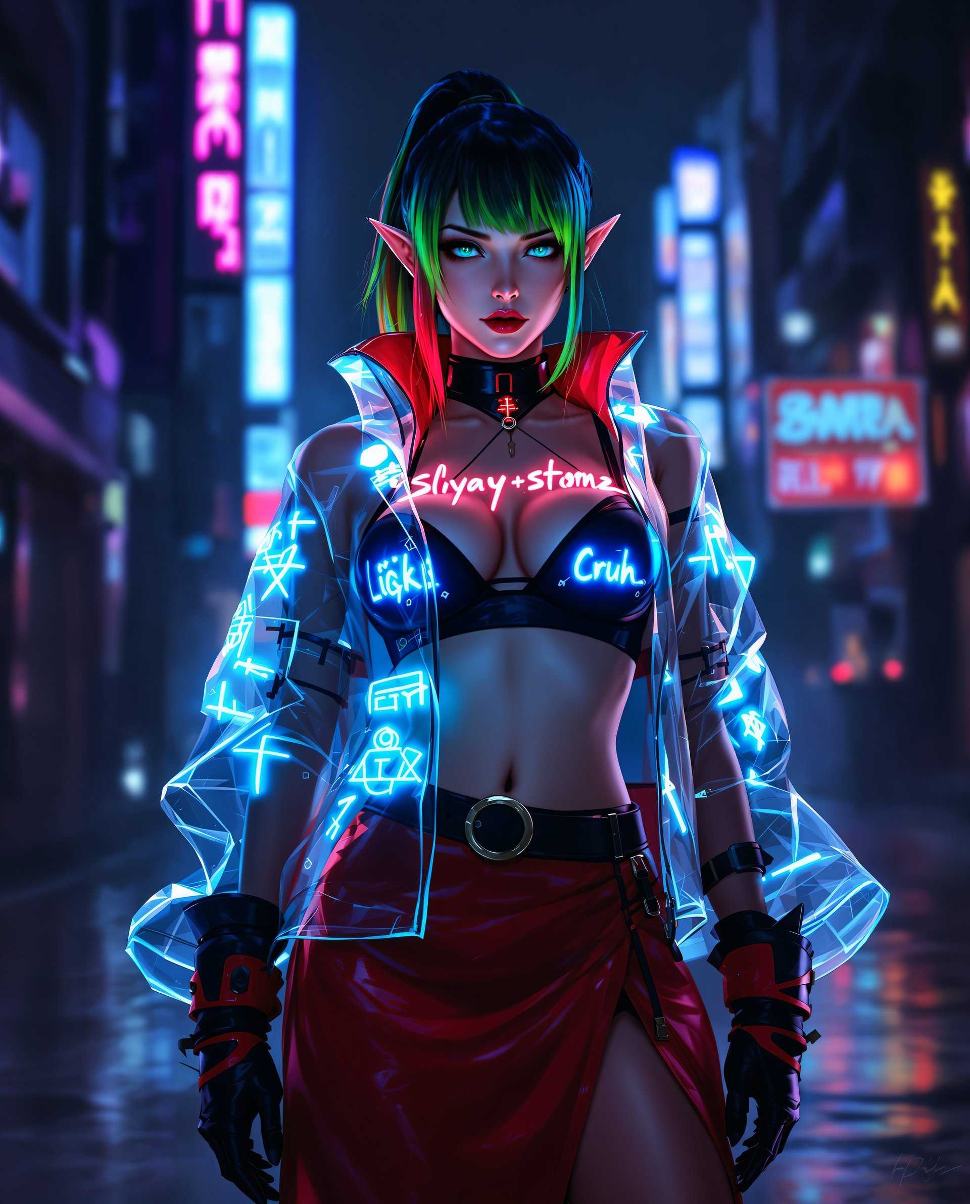 masterpiece, best quality, highres, sharp image, more detail <lora:more_details:0.5> <lora:SDXLrender_v2.0:1>, **A High-Resolution Cyberpunk Digital Artwork:**

**Subject and Style:** 
- A realistic, three-dimensional digital painting of a female character with a cyberpunk aesthetic, embodying the futuristic, dystopian vibe through her appearance and surroundings.

**Visual Details:**
- **Clothing and Accessories:** 
  - A transparent jacket adorned with glowing cyan text and symbols, layered over a black bra with red detailing. 
  - A red and black skirt with a high slit, complemented by a black belt with a circular buckle. 
  - Gloves with red accents and high-heeled boots, enhancing the futuristic fashion.
- **Character Features:** 
  - Pointed ears, a nod to fantasy and cyberpunk elements, adding an otherworldly touch.
  - Hair with vibrant green and red highlights, standing out against the darker backdrop.

**Color Palette:**
- Dominated by deep blues and purples, creating a neon-lit, futuristic ambiance. 
- Highlights in green and red on the character's hair and attire, contrasting sharply with the darker background.

**Lighting and Atmosphere:**
- **Lighting:** Dramatic with bright highlights accentuating the character's clothing, casting deep, contrasting shadows for depth.
- **Atmosphere:** A dark, rainy cityscape in the background, with raindrops enhancing the mood. The scene is set at night, emphasizing the cyberpunk theme.

**Composition:**
- Close-up shot focusing on the character, allowing for detailed viewing of her attire and accessories.
- The character is positioned centrally, with the camera angle slightly below eye level to give a sense of power and presence.

**Mood:**
- The image exudes a sense of mystery, danger, and allure, typical of cyberpunk narratives, with the neon glow and rain adding to the futuristic, almost dystopian feel.

**Technical Aspects:**
- Utilize advanced digital painting techniques to achieve hyper-realistic textures, especially on fabric, skin, and reflective surfaces like the glowing text.
- Emphasize high contrast lighting to separate the subject from the background, enhancing the three-dimensional quality.
- Ensure the image has a high resolution to capture the intricate details and the interplay of light and shadow.

**Cohesion:**
- All elements, from the character's attire to the environment, work together to create a believable and immersive cyberpunk scene, where technology, fashion, and atmosphere are seamlessly integrated.
