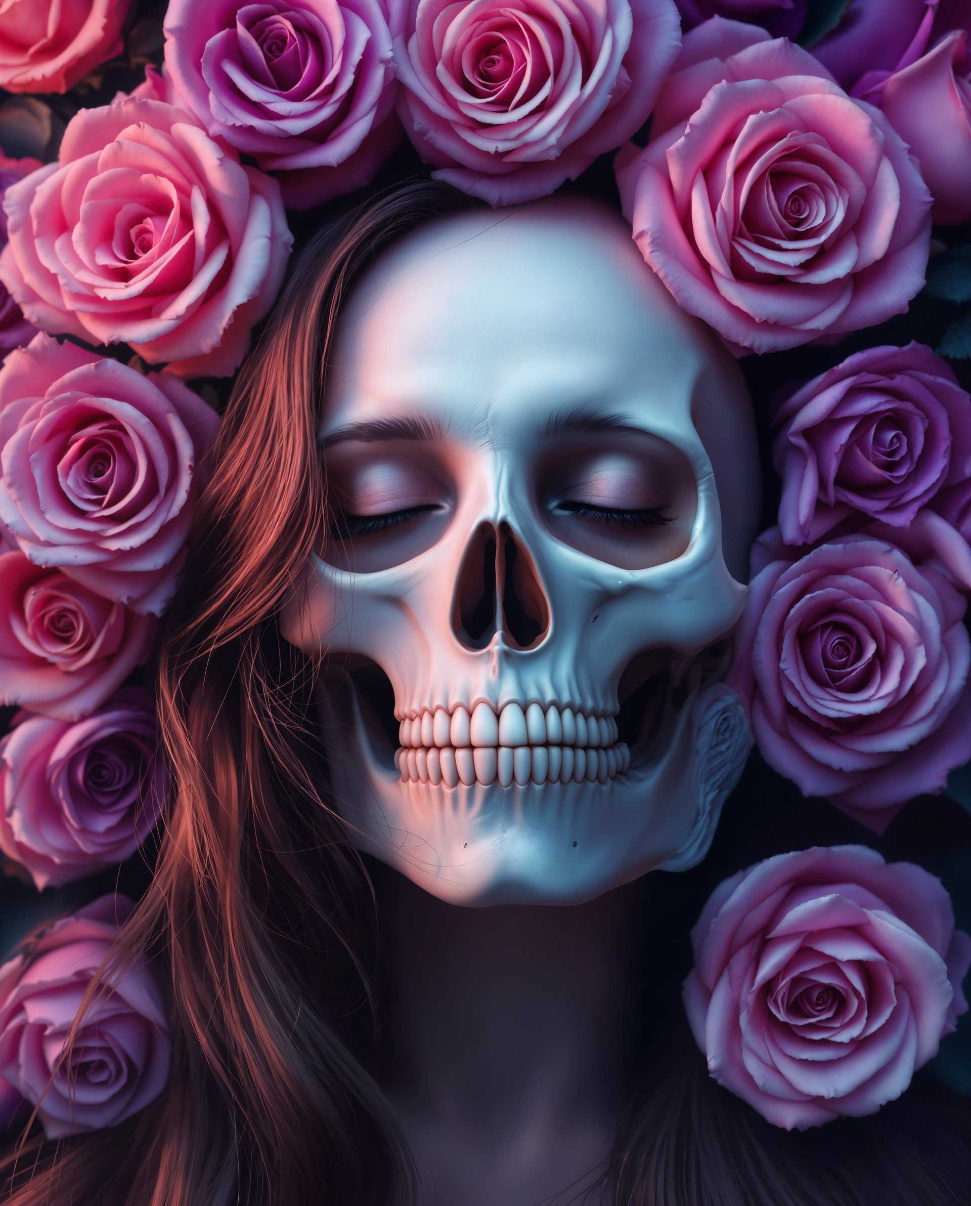 masterpiece, best quality, highres, sharp image, more detail <lora:more_details:0.5> <lora:SDXLrender_v2.0:1>, masterpiece, best quality, highres, sharp image, more detail, This image is a realistic photo (photograph) of a female real person digital artwork that features a woman with her eyes closed, conveying a sense of peace or introspection. The woman has long, flowing hair that cascades down her back, and her skin is depicted with a realistic touch, highlighted by the subtle glow of light on her cheeks and the defined contours of her face.The art style is reminiscent of digital painting, with a focus on smooth gradients and blending of colors. The medium appears to be a digital painting software, given the seamless transitions and the lack of texture that one might expect from traditional mediums like oil or acrylic paints.The colors in the image are vibrant and dynamic, with a strong contrast between the warm and cool tones. The roses in the background are predominantly pink and purple, with a gradient effect that gives them a threedimensional appearance. The skull, which is central to the composition, is white, providing a stark contrast to the surrounding colors.The objects in the image include the woman, her hair, the roses, and the skull. The roses are arranged in a circular pattern around the skull, creating a sense of symmetry and balance. The skull itself is a symbol that often represents mortality, but here it is juxtaposed with the beauty of the roses, suggesting a duality between life and death, or perhaps an acceptance of both.Overall, the image is a powerful visual metaphor that plays with the themes of life, death, and the beauty found in the contrast between opposing forces. The use of color and composition creates a visually striking piece that invites the viewer to ponder the deeper meanings behind the imagery.