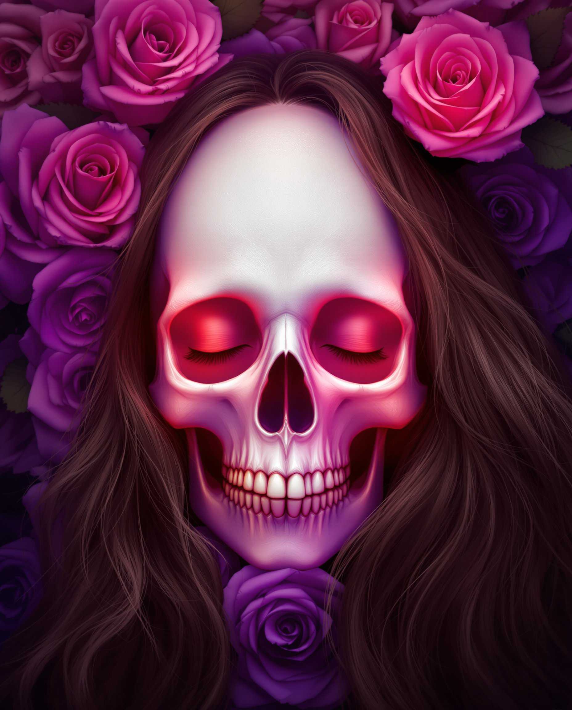 masterpiece, best quality, highres, sharp image, more detail, This image is a realistic photo (photograph) of a female real person digital artwork that features a woman with her eyes closed, conveying a sense of peace or introspection. The woman has long, flowing hair that cascades down her back, and her skin is depicted with a realistic touch, highlighted by the subtle glow of light on her cheeks and the defined contours of her face.The art style is reminiscent of digital painting, with a focus on smooth gradients and blending of colors. The medium appears to be a digital painting software, given the seamless transitions and the lack of texture that one might expect from traditional mediums like oil or acrylic paints.The colors in the image are vibrant and dynamic, with a strong contrast between the warm and cool tones. The roses in the background are predominantly pink and purple, with a gradient effect that gives them a threedimensional appearance. The skull, which is central to the composition, is white, providing a stark contrast to the surrounding colors.The objects in the image include the woman, her hair, the roses, and the skull. The roses are arranged in a circular pattern around the skull, creating a sense of symmetry and balance. The skull itself is a symbol that often represents mortality, but here it is juxtaposed with the beauty of the roses, suggesting a duality between life and death, or perhaps an acceptance of both.Overall, the image is a powerful visual metaphor that plays with the themes of life, death, and the beauty found in the contrast between opposing forces. The use of color and composition creates a visually striking piece that invites the viewer to ponder the deeper meanings behind the imagery.