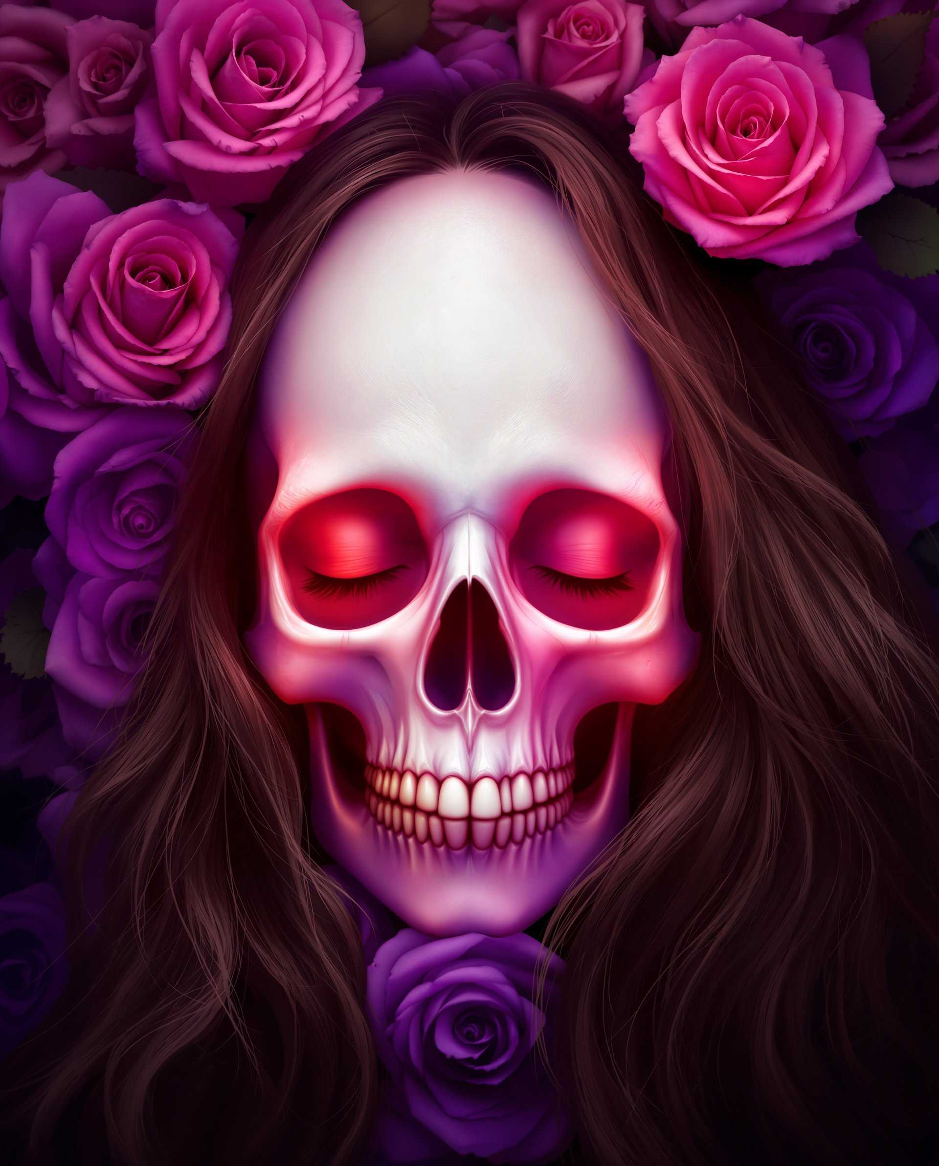 masterpiece, best quality, highres, sharp image, more detail <lora:more_details:0.5> <lora:SDXLrender_v2.0:1>, masterpiece, best quality, highres, sharp image, more detail, This image is a realistic photo (photograph) of a female real person digital artwork that features a woman with her eyes closed, conveying a sense of peace or introspection. The woman has long, flowing hair that cascades down her back, and her skin is depicted with a realistic touch, highlighted by the subtle glow of light on her cheeks and the defined contours of her face.The art style is reminiscent of digital painting, with a focus on smooth gradients and blending of colors. The medium appears to be a digital painting software, given the seamless transitions and the lack of texture that one might expect from traditional mediums like oil or acrylic paints.The colors in the image are vibrant and dynamic, with a strong contrast between the warm and cool tones. The roses in the background are predominantly pink and purple, with a gradient effect that gives them a threedimensional appearance. The skull, which is central to the composition, is white, providing a stark contrast to the surrounding colors.The objects in the image include the woman, her hair, the roses, and the skull. The roses are arranged in a circular pattern around the skull, creating a sense of symmetry and balance. The skull itself is a symbol that often represents mortality, but here it is juxtaposed with the beauty of the roses, suggesting a duality between life and death, or perhaps an acceptance of both.Overall, the image is a powerful visual metaphor that plays with the themes of life, death, and the beauty found in the contrast between opposing forces. The use of color and composition creates a visually striking piece that invites the viewer to ponder the deeper meanings behind the imagery.