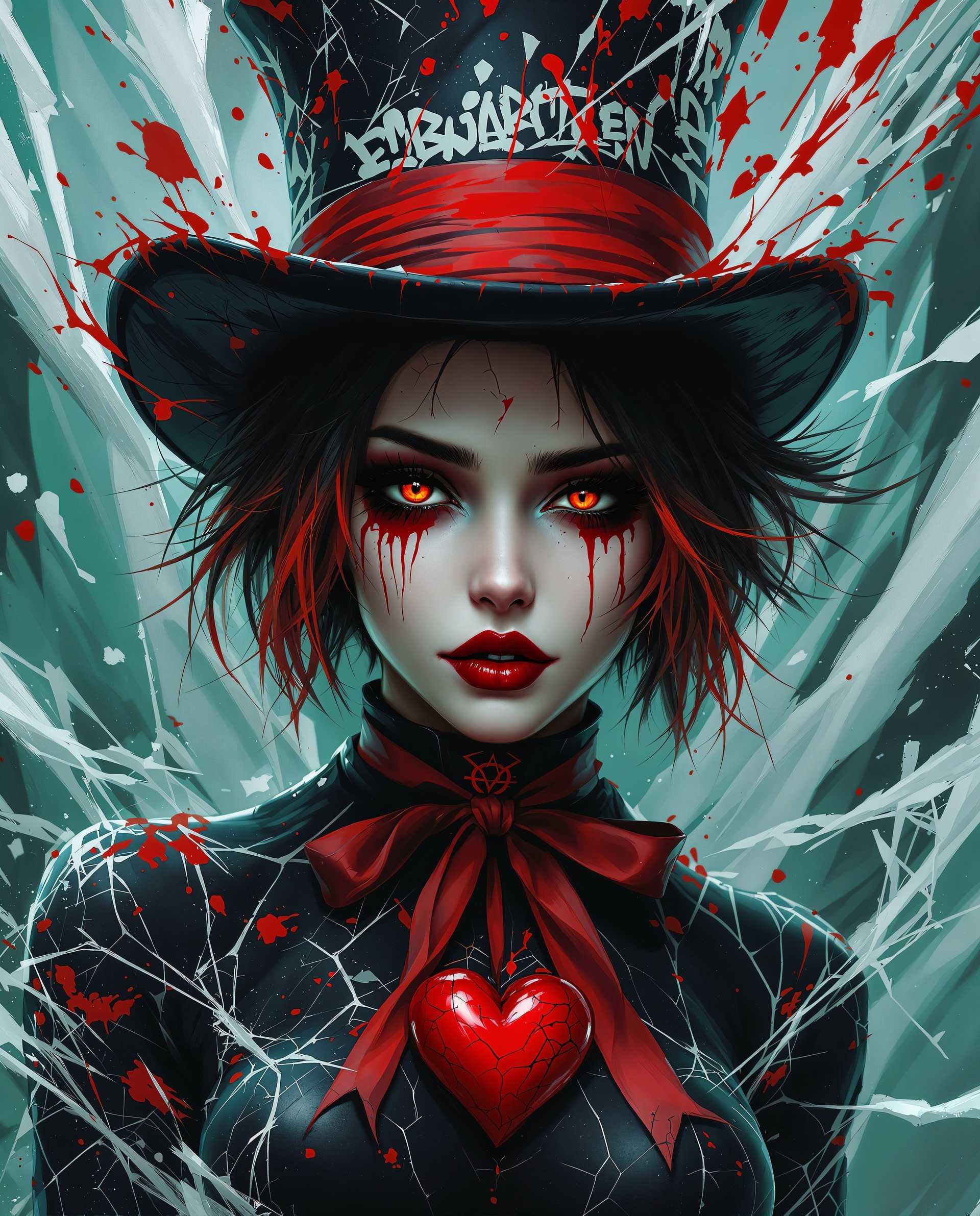 masterpiece, best quality, highres, sharp image, more detail <lora:more_details:0.5> <lora:SDXLrender_v2.0:1>, This is a realistic photo (photograph) of a female real person digital artwork that features a closeup of a female figure. The art style is highly stylized and appears to be a blend of realism and gothic elements, with a strong emphasis on dramatic lighting and shadow, and a high level of detail in the textures and patterns.The medium appears to be digital painting, given the smooth blending of colors and the lack of brush strokes. The colors are rich and vibrant, with a predominance of black, white, red, and shades of blue and green. The reds and blues stand out prominently, creating a striking contrast against the predominantly dark tones of the figures attire and the background.The figure is wearing a top hat with a red and white color scheme, which is reminiscent of the Mad Hatter from Lewis Carrolls Alice in Wonderland. The hat is adorned with various symbols and graffitilike markings, adding to the gothic and edgy feel of the piece. The figures hair is short and dark, with streaks of red, and it falls in a messy, disheveled fashion around her face.The figures makeup is dramatic, with dark, smudged eyeshadow, winged eyeliner, and a prominent red heart on her cheek. Her lips are painted a deep shade of red, and her skin is marred with cracks and splatters, giving the impression of decay or battle scars.The figures attire includes a black bodysuit with red detailing, including a heartshaped emblem on the chest and a red ribbon tied around the neck. The bodysuit is adorned with various patterns and textures, including what appears to be cracked ice or shattered glass, adding to the icy and gothic aesthetic.The background of the image is chaotic and abstract, with streaks of white and black that resemble shattered glass or broken ice. There are also hints of green and blue, which could represent a frozen or icy environment. The overall effect is one of a dark, dystopian world, with the figure standing as a symbol of defiance or resistance against the harshness of the environment.