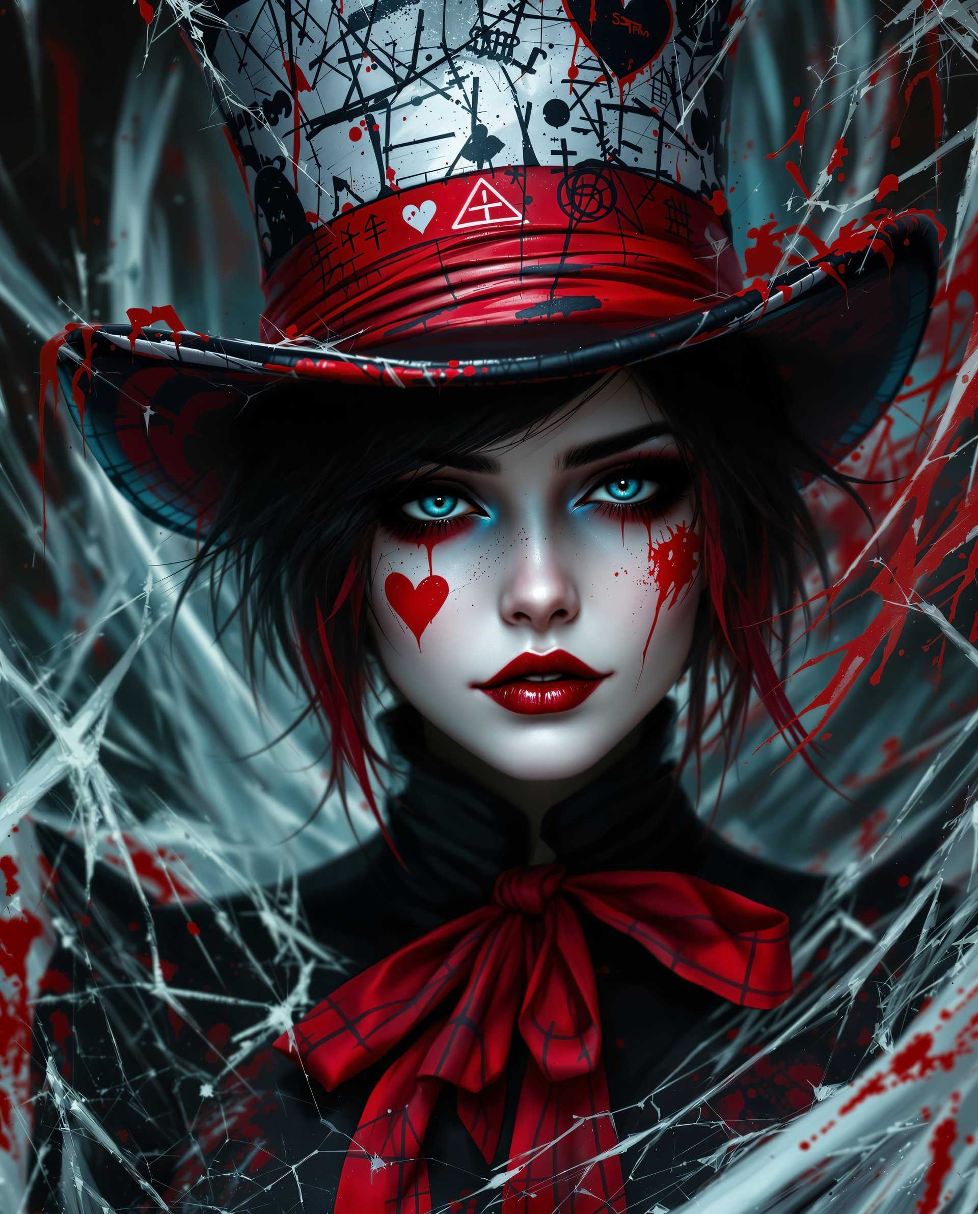 masterpiece, best quality, highres, sharp image, more detail <lora:more_details:0.5> <lora:SDXLrender_v2.0:1>, This is a realistic photo (photograph) of a female real person digital artwork that features a closeup of a female figure. The art style is highly stylized and appears to be a blend of realism and gothic elements, with a strong emphasis on dramatic lighting and shadow, and a high level of detail in the textures and patterns.The medium appears to be digital painting, given the smooth blending of colors and the lack of brush strokes. The colors are rich and vibrant, with a predominance of black, white, red, and shades of blue and green. The reds and blues stand out prominently, creating a striking contrast against the predominantly dark tones of the figures attire and the background.The figure is wearing a top hat with a red and white color scheme, which is reminiscent of the Mad Hatter from Lewis Carrolls Alice in Wonderland. The hat is adorned with various symbols and graffitilike markings, adding to the gothic and edgy feel of the piece. The figures hair is short and dark, with streaks of red, and it falls in a messy, disheveled fashion around her face.The figures makeup is dramatic, with dark, smudged eyeshadow, winged eyeliner, and a prominent red heart on her cheek. Her lips are painted a deep shade of red, and her skin is marred with cracks and splatters, giving the impression of decay or battle scars.The figures attire includes a black bodysuit with red detailing, including a heartshaped emblem on the chest and a red ribbon tied around the neck. The bodysuit is adorned with various patterns and textures, including what appears to be cracked ice or shattered glass, adding to the icy and gothic aesthetic.The background of the image is chaotic and abstract, with streaks of white and black that resemble shattered glass or broken ice. There are also hints of green and blue, which could represent a frozen or icy environment. The overall effect is one of a dark, dystopian world, with the figure standing as a symbol of defiance or resistance against the harshness of the environment.