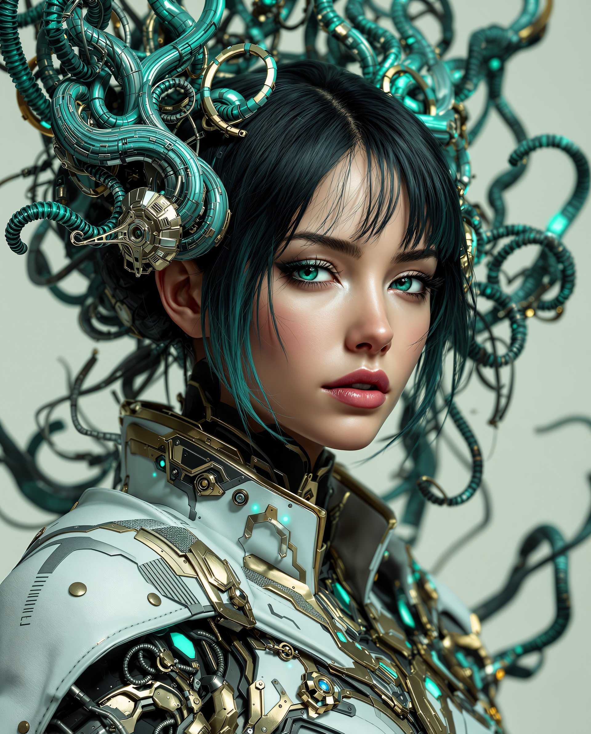masterpiece, best quality, highres, sharp image, more detail <lora:more_details:0.5> <lora:SDXLrender_v2.0:1>, This image is a realistic photo (photograph) of a female real person digital artwork that features a closeup of a figure with a striking and intricate design. The art style is highly detailed and appears to be a blend of realistic and cyberpunk elements, with a focus on organic and mechanical forms.The medium seems to be a digital painting, given the smooth gradients, the lack of texture, and the high level of detail that is typical of digital art. The lighting and shadows are also very well done, creating a threedimensional effect on the figures clothing and the surrounding elements.The colors in the image are vibrant and rich, with a predominance of greens, blues, and golds. The figures skin is a warm, natural tone, contrasting with the cool, metallic colors of the armor and the surrounding elements. The teal and aqua hues of the figures hair and the glowing elements give the image a sense of otherworldliness and advanced technology.The objects in the image are numerous and complex. The figure is wearing a highcollared, white and black outfit with gold trim, which has a very ornate and mechanical design. The armor is made up of intertwined metal shapes and tendrils that seem to flow around the figure, giving it a sense of movement and flexibility. The figures hair is a dark, almost black color, with a texture that appears to be both organic and metallic.The background is a neutral, offwhite color, which serves to highlight the figure and the intricate details of the armor. There are no other objects or characters in the image, focusing the viewers attention solely on the figure and its elaborate design.Overall, the image is a testament to the skill and creativity of the digital artist, capturing a blend of realism and cyberpunk aesthetics in a single, striking image.