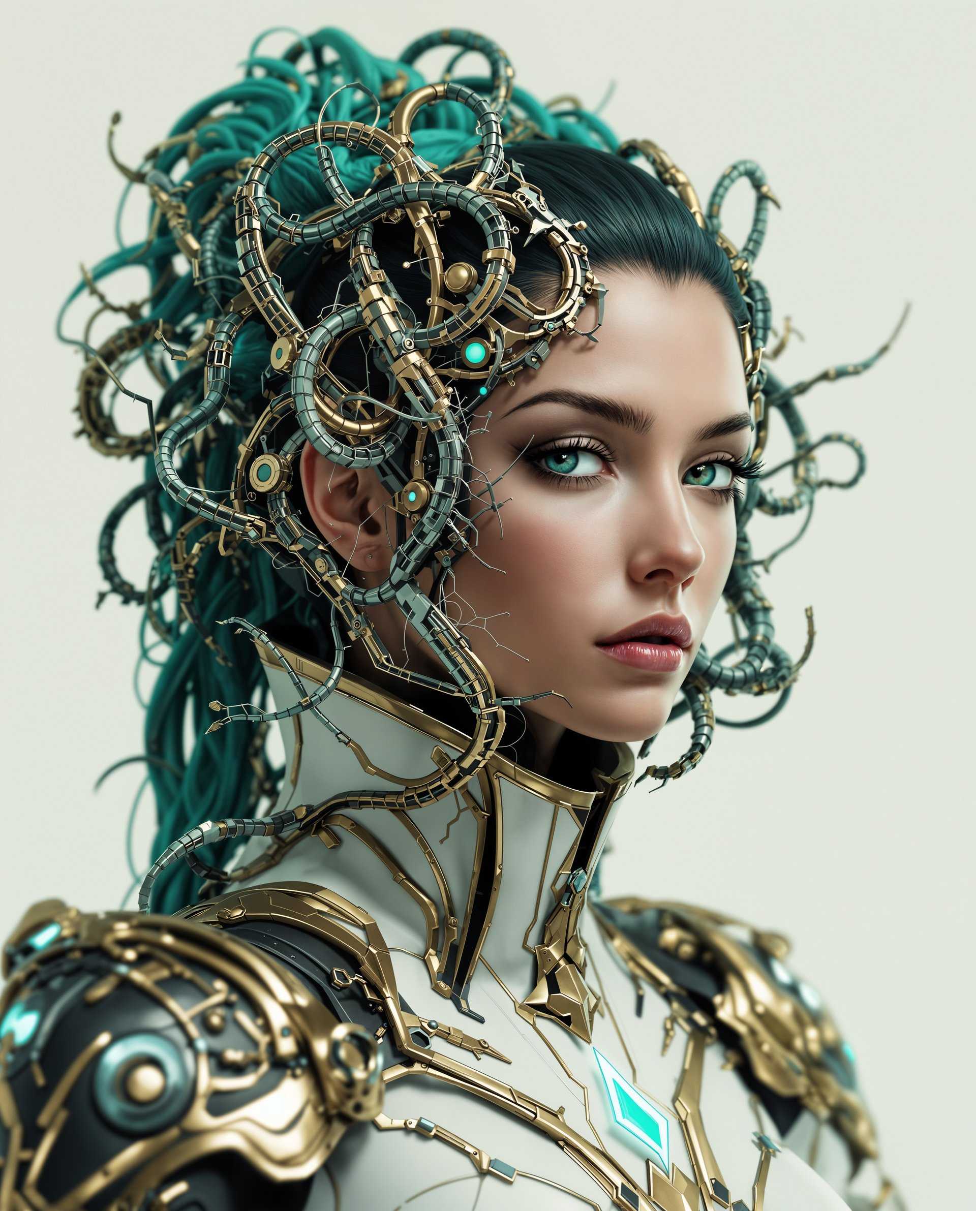 masterpiece, best quality, highres, sharp image, more detail <lora:more_details:0.5> <lora:SDXLrender_v2.0:1>, masterpiece, best quality, highres, sharp image, more detail, This image is a realistic photo (photograph) of a female real person digital artwork that features a closeup of a figure with a striking and intricate design. The art style is highly detailed and appears to be a blend of realistic and cyberpunk elements, with a focus on organic and mechanical forms.The medium seems to be a digital painting, given the smooth gradients, the lack of texture, and the high level of detail that is typical of digital art. The lighting and shadows are also very well done, creating a threedimensional effect on the figures clothing and the surrounding elements.The colors in the image are vibrant and rich, with a predominance of greens, blues, and golds. The figures skin is a warm, natural tone, contrasting with the cool, metallic colors of the armor and the surrounding elements. The teal and aqua hues of the figures hair and the glowing elements give the image a sense of otherworldliness and advanced technology.The objects in the image are numerous and complex. The figure is wearing a highcollared, white and black outfit with gold trim, which has a very ornate and mechanical design. The armor is made up of intertwined metal shapes and tendrils that seem to flow around the figure, giving it a sense of movement and flexibility. The figures hair is a dark, almost black color, with a texture that appears to be both organic and metallic.The background is a neutral, offwhite color, which serves to highlight the figure and the intricate details of the armor. There are no other objects or characters in the image, focusing the viewers attention solely on the figure and its elaborate design.Overall, the image is a testament to the skill and creativity of the digital artist, capturing a blend of realism and cyberpunk aesthetics in a single, striking image.