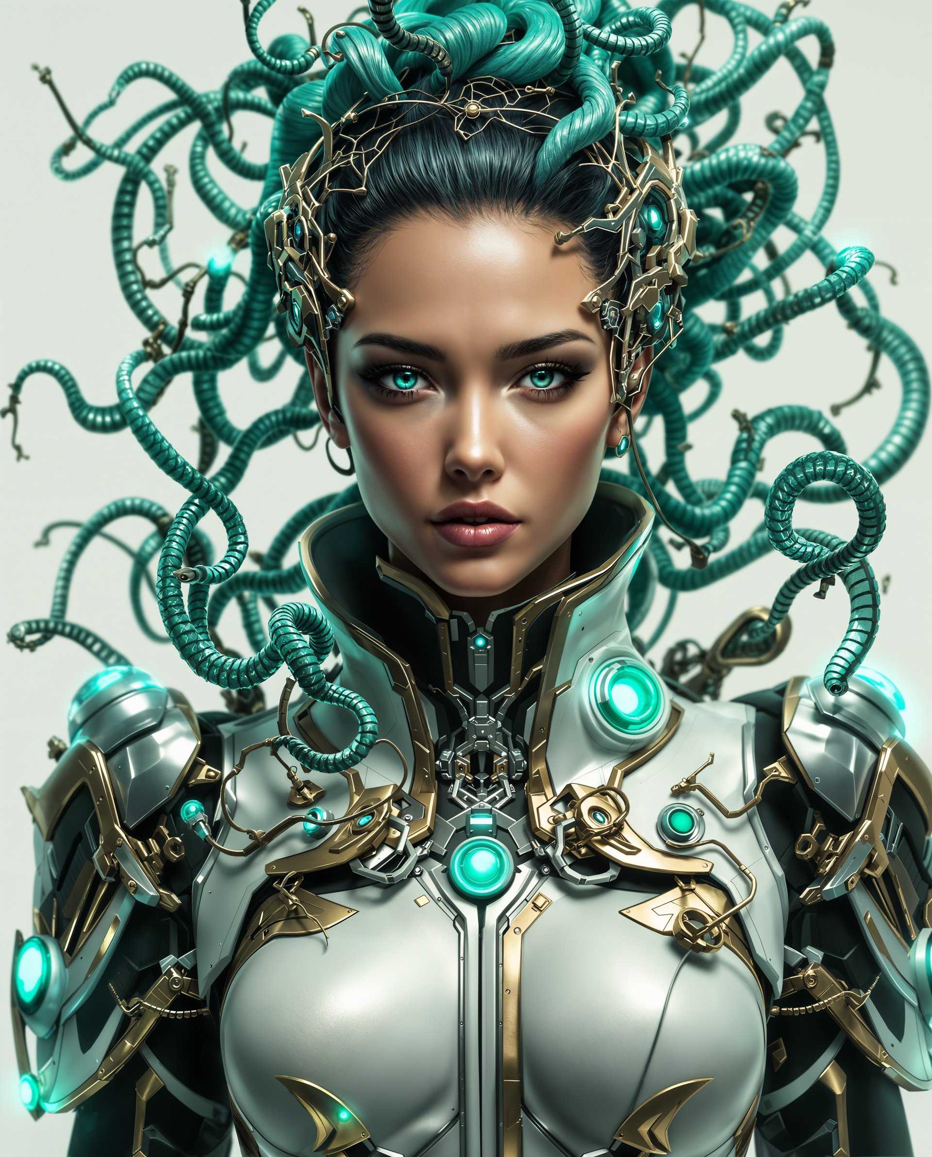 masterpiece, best quality, highres, sharp image, more detail <lora:more_details:0.5> <lora:SDXLrender_v2.0:1>, masterpiece, best quality, highres, sharp image, more detail, This image is a realistic photo (photograph) of a female real person digital artwork that features a closeup of a figure with a striking and intricate design. The art style is highly detailed and appears to be a blend of realistic and cyberpunk elements, with a focus on organic and mechanical forms.The medium seems to be a digital painting, given the smooth gradients, the lack of texture, and the high level of detail that is typical of digital art. The lighting and shadows are also very well done, creating a threedimensional effect on the figures clothing and the surrounding elements.The colors in the image are vibrant and rich, with a predominance of greens, blues, and golds. The figures skin is a warm, natural tone, contrasting with the cool, metallic colors of the armor and the surrounding elements. The teal and aqua hues of the figures hair and the glowing elements give the image a sense of otherworldliness and advanced technology.The objects in the image are numerous and complex. The figure is wearing a highcollared, white and black outfit with gold trim, which has a very ornate and mechanical design. The armor is made up of intertwined metal shapes and tendrils that seem to flow around the figure, giving it a sense of movement and flexibility. The figures hair is a dark, almost black color, with a texture that appears to be both organic and metallic.The background is a neutral, offwhite color, which serves to highlight the figure and the intricate details of the armor. There are no other objects or characters in the image, focusing the viewers attention solely on the figure and its elaborate design.Overall, the image is a testament to the skill and creativity of the digital artist, capturing a blend of realism and cyberpunk aesthetics in a single, striking image.