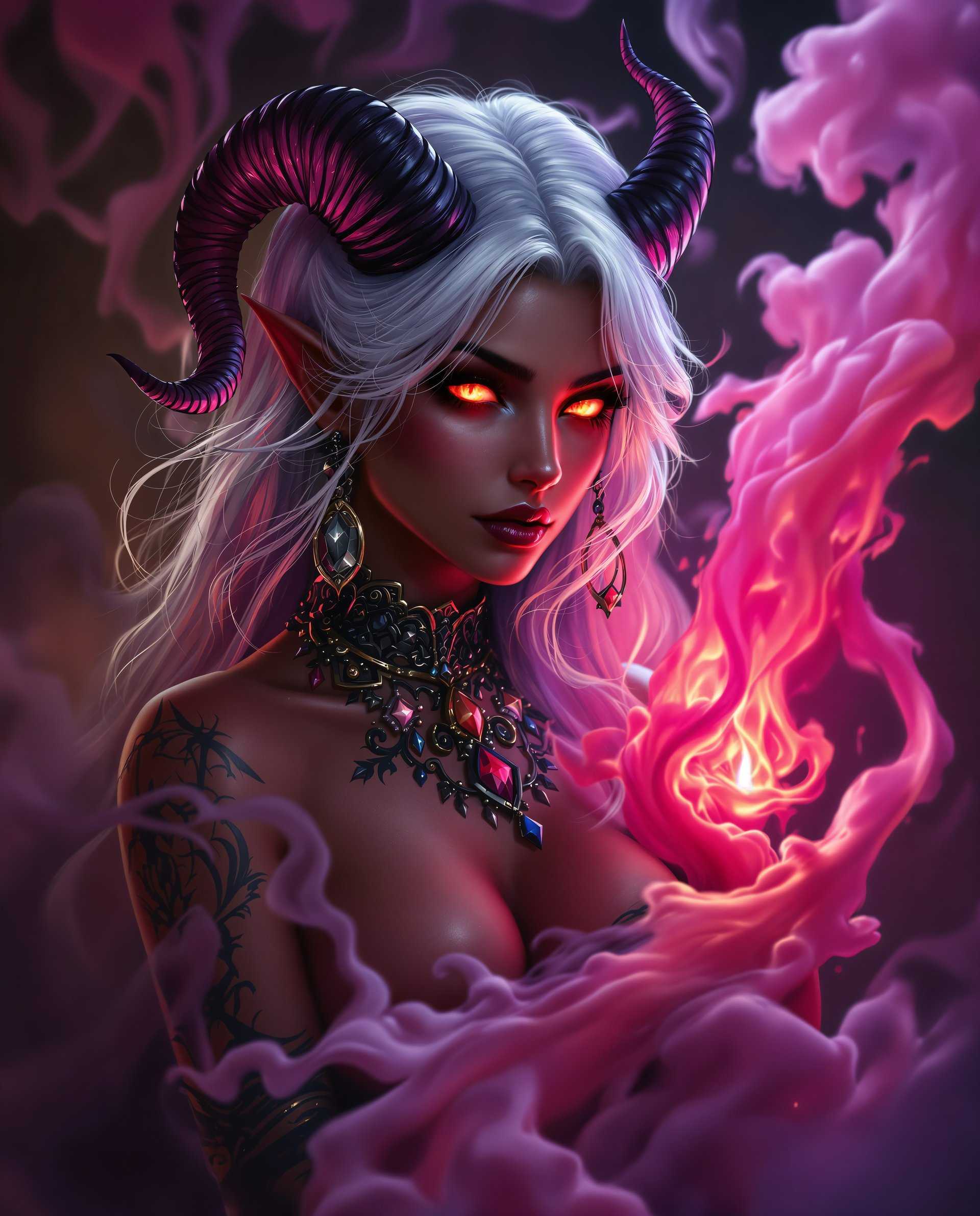 masterpiece, best quality, highres, sharp image, more detail <lora:more_details:0.5> <lora:SDXLrender_v2.0:1>, This image is a realistic photo (photograph) of a female real person digital artwork that features a female figure with a realistic aesthetic. The art style is highly stylized and appears to be a blend of realism and gothic elements, with a focus on dramatic lighting and rich, vibrant colors.The medium is digital painting, as evidenced by the smooth gradients and seamless blending of colors. The image is rich in detail and texture, with a high level of realism in the rendering of the figures skin and hair.The colors in the image are warm and rich, with a predominance of purples, pinks, and oranges. These colors create a moody and atmospheric effect, enhancing the realism and gothic elements of the artwork. The lighting in the image is dramatic, with highlights and shadows that give depth and dimension to the figure and her surroundings.The objects in the image include the female figure herself, who is adorned with ornate jewelry and accessories. Her hair is long and wavy, with a gradient of colors that range from white to a deeper purple at the tips. She has horns protruding from her head, and her eyes glow with a fiery orange hue. Her skin is a deep, rich brown, and she has tattoos on her arms and shoulders.In the background, there is a swirl of pink and purple smoke or mist, which adds to the atmospheric and mysterious quality of the artwork. The smoke is illuminated by the warm lighting, which casts a soft glow on the edges of the figure and creates a sense of depth and movement in the composition.Overall, this image is a stunning example of digital realistic art, with a focus on rich colors, dramatic lighting, and detailed textures that come together to create a compelling and immersive visual experience.