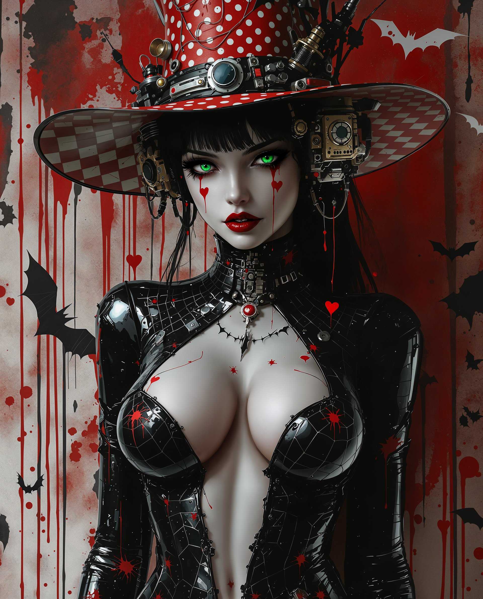 masterpiece, best quality, highres, sharp image, more detail <lora:more_details:0.5> <lora:SDXLrender_v2.0:1>, masterpiece, best quality, highres, sharp image, more detail, This is a realistic photo (photograph) of a female real person digital artwork that features a character with a gothic and cyberpunk aesthetic. The character is wearing a widebrimmed hat with a red and white polka dot pattern, which is adorned with various mechanical and electronic components, giving it a futuristic and somewhat disassembled appearance. The hats brim is slightly askew, adding to the overall edgy and rebellious vibe of the character.The characters attire includes a tightfitting bodysuit with a high neckline and a lowcut front, revealing a significant amount of cleavage. The bodysuit is predominantly black with splashes of red and white, and its covered in intricate spider web and bat motifs, which are common symbols in gothic and horror themes. The bodysuit also has a glossy finish, which reflects the light and gives the image a wet or slick appearance.The characters skin is pale and translucent, with a few areas of discoloration and bruising, which contribute to the gothic and edgy feel of the image. The eyes are a striking green, and they have a somewhat vacant and haunting expression. There are also small, red heartshaped marks on the cheeks, which contrast with the otherwise dark and ominous elements of the characters appearance.The background of the image is a chaotic blend of red, black, and white, with drips, splatters, and smudges that resemble paint or blood. This background adds to the gothic and edgy atmosphere of the image, and it also creates a sense of disarray and chaos.Overall, the art style of this image is a blend of gothic, cyberpunk, and horror elements, with a strong emphasis on dark colors, mechanical and organic motifs, and a slick, wet appearance. The medium appears to be digital painting, given the smooth gradients, seamless blending, and the overall polished look of the image.