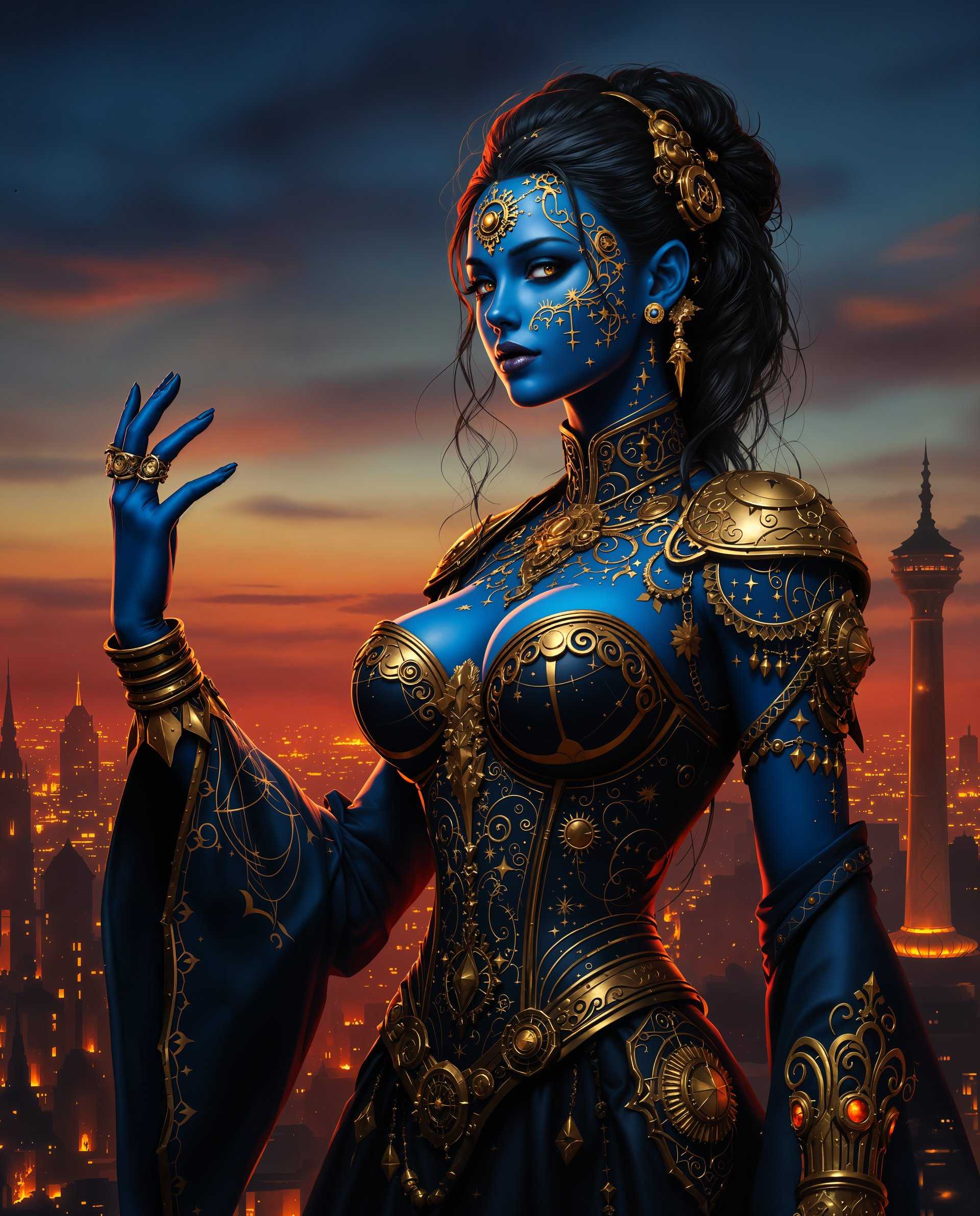 masterpiece, best quality, highres, sharp image, more detail <lora:more_details:0.5> <lora:SDXLrender_v2.0:1>, masterpiece, best quality, highres, sharp image, more detail, This image is a realistic photo (photograph) of a female real person digital artwork that features a figure with a striking presence. The art style is a blend of realism and steampunk, with a focus on intricate details and a rich, atmospheric color palette. The medium appears to be a digital painting, given the smooth gradients and the lack of texture that one might find in traditional mediums like oil or acrylic.The figure is predominantly blue with splashes of gold, creating a striking contrast against the fiery cityscape in the background. The blue hue of the figure is reminiscent of a celestial body, such as a planet or a nebula, and the gold accents give it a sense of antiquity and power. The figures skin is adorned with various patterns, including swirls, stars, and gears, which are common motifs in steampunk.The figures hair is black with golden highlights, and it is styled in a way that frames the face and adds to the overall mystique of the character. The hair is detailed with golden accessories that match the overall aesthetic of the outfit.The outfit is a mix of armor and clothing, with a focus on the upper body. It features a corsetlike bodice with a high neckline and a fitted waist, which is a common element in realistic and steampunk designs. The bodice is adorned with gold detailing and patterns that match the skin of the figure. The sleeves are long and bellshaped, with a similar design to the bodice. The figures left arm is also adorned with a golden cuff bracelet.The figures right arm is raised, and the hand is open, as if gesturing or commanding attention. The fingers are detailed with golden rings, which add to the overall opulence of the figure.The background of the image is a cityscape at dusk or dawn, with buildings ablaze in red and orange tones. The sky is a gradient of blues and purples, transitioning into the warm colors of the city. The contrast between the cool blue of the figure and the warm tones of the city creates a dramatic effect.Overall, the image is a powerful and evocative piece of digital art that combines elements of realism, steampunk, and gothic aesthetics to create a compelling visual narrative.