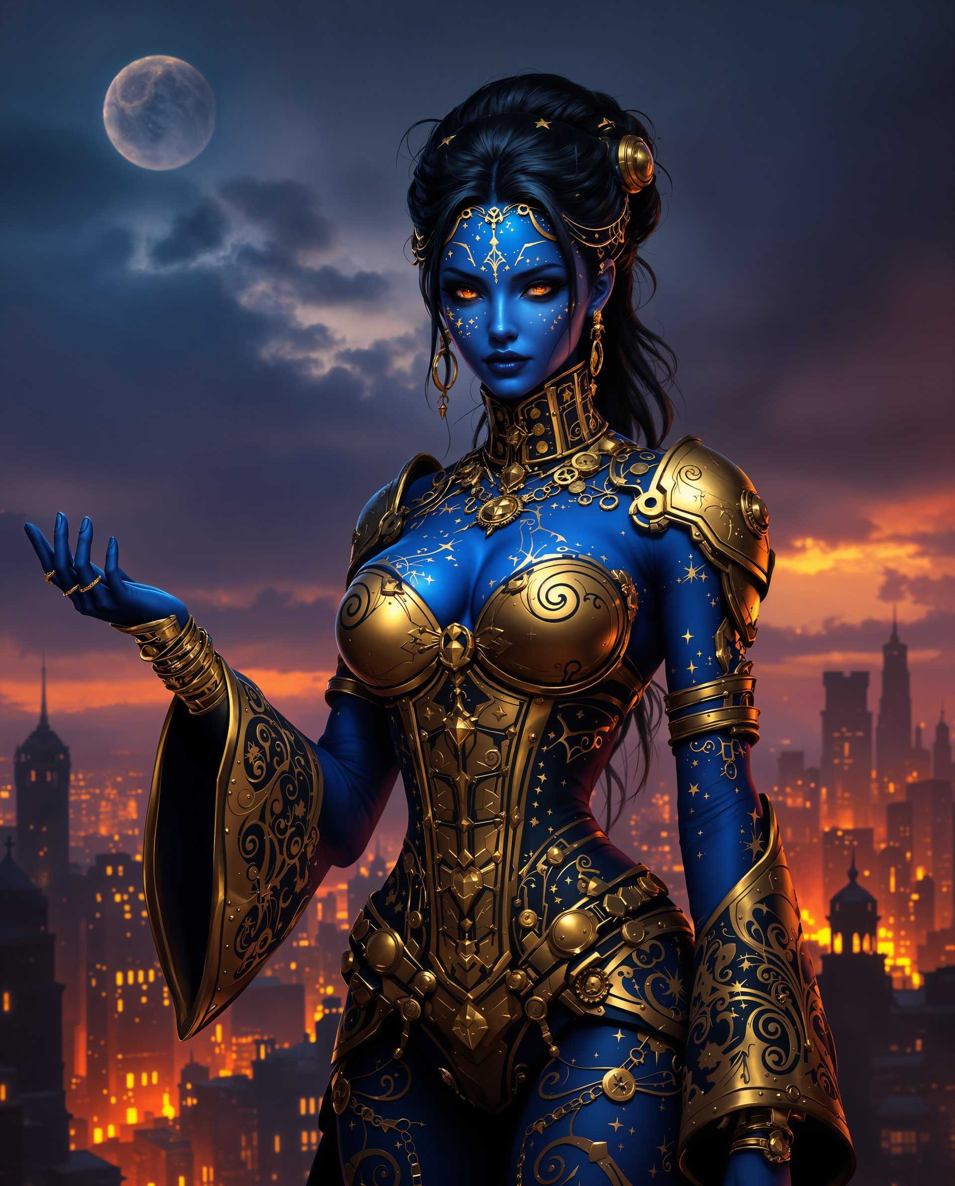 masterpiece, best quality, highres, sharp image, more detail <lora:more_details:0.5> <lora:SDXLrender_v2.0:1>, masterpiece, best quality, highres, sharp image, more detail, This image is a realistic photo (photograph) of a female real person digital artwork that features a figure with a striking presence. The art style is a blend of realism and steampunk, with a focus on intricate details and a rich, atmospheric color palette. The medium appears to be a digital painting, given the smooth gradients and the lack of texture that one might find in traditional mediums like oil or acrylic.The figure is predominantly blue with splashes of gold, creating a striking contrast against the fiery cityscape in the background. The blue hue of the figure is reminiscent of a celestial body, such as a planet or a nebula, and the gold accents give it a sense of antiquity and power. The figures skin is adorned with various patterns, including swirls, stars, and gears, which are common motifs in steampunk.The figures hair is black with golden highlights, and it is styled in a way that frames the face and adds to the overall mystique of the character. The hair is detailed with golden accessories that match the overall aesthetic of the outfit.The outfit is a mix of armor and clothing, with a focus on the upper body. It features a corsetlike bodice with a high neckline and a fitted waist, which is a common element in realistic and steampunk designs. The bodice is adorned with gold detailing and patterns that match the skin of the figure. The sleeves are long and bellshaped, with a similar design to the bodice. The figures left arm is also adorned with a golden cuff bracelet.The figures right arm is raised, and the hand is open, as if gesturing or commanding attention. The fingers are detailed with golden rings, which add to the overall opulence of the figure.The background of the image is a cityscape at dusk or dawn, with buildings ablaze in red and orange tones. The sky is a gradient of blues and purples, transitioning into the warm colors of the city. The contrast between the cool blue of the figure and the warm tones of the city creates a dramatic effect.Overall, the image is a powerful and evocative piece of digital art that combines elements of realism, steampunk, and gothic aesthetics to create a compelling visual narrative.