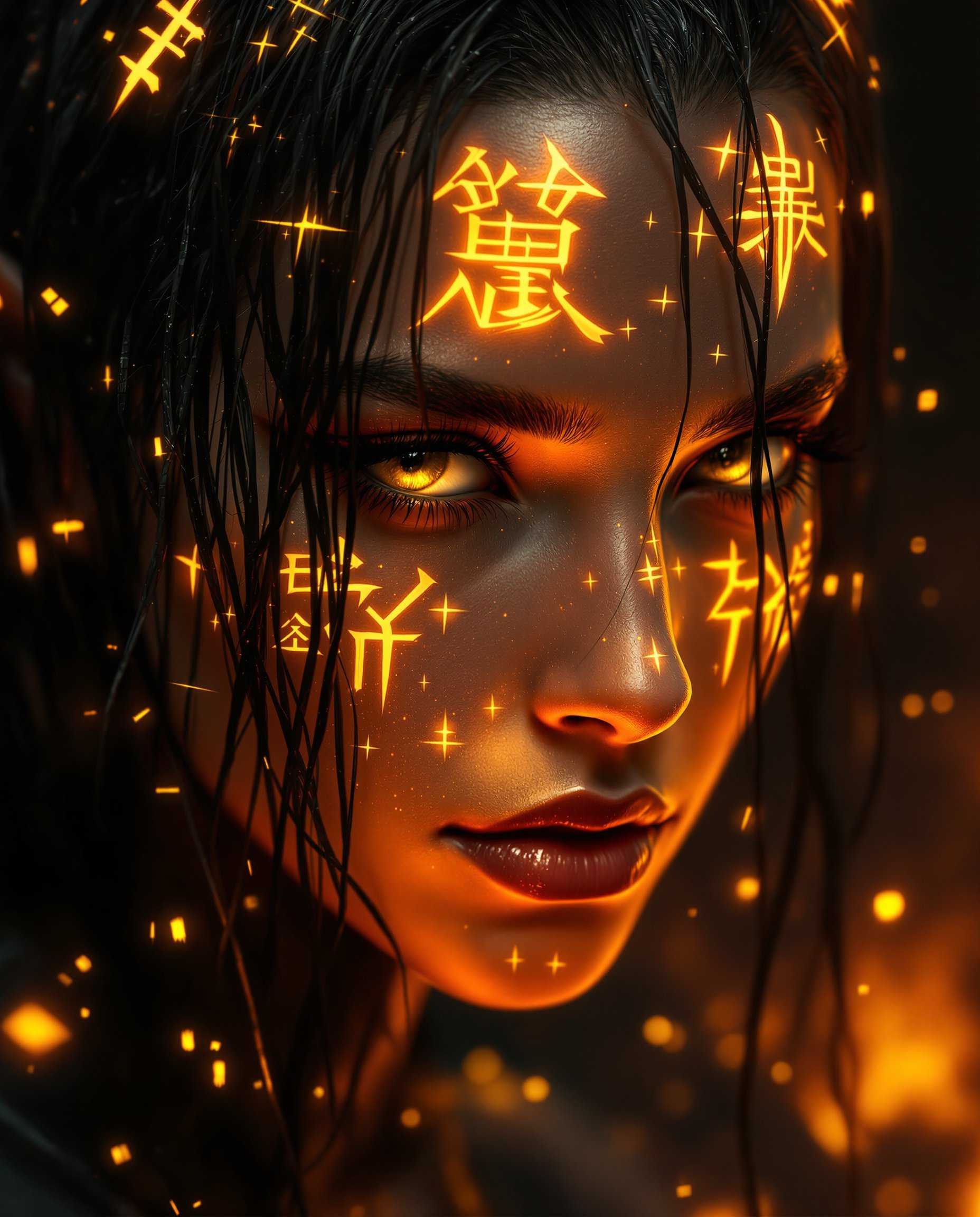 masterpiece, best quality, highres, sharp image, more detail, This image is a realistic photo (photograph) of a female real person digital artwork that features a closeup of a persons face. The art style is highly detailed and realistic with a touch of realism, as evidenced by the glowing golden symbols and patterns on the skin and hair. The medium appears to be a digital painting, given the smooth blending of colors and the lack of texture that might be present in a traditional painting.The colors in the image are rich and vibrant, with a predominance of oranges, yellows, and blacks. The golden symbols and patterns on the skin and hair are the most striking feature, emitting a fiery glow that stands out against the darker tones of the background. The persons eyes are a deep, intense yellow, which adds to the overall dramatic effect of the image.The objects in the image are primarily the persons hair and skin. The hair is dark and appears to be wet or slicked down, with strands sticking up in places. It has a rough texture, and there are golden symbols and patterns woven into it. The skin is smooth and detailed, with realistic shadows and highlights that give it a threedimensional appearance. The golden symbols and patterns on the skin are intricate and angular, resembling a futuristic or alien language.Overall, the image is a powerful and striking piece of digital art that combines realistic elements with realistic touches, creating a visually compelling and thoughtprovoking piece.