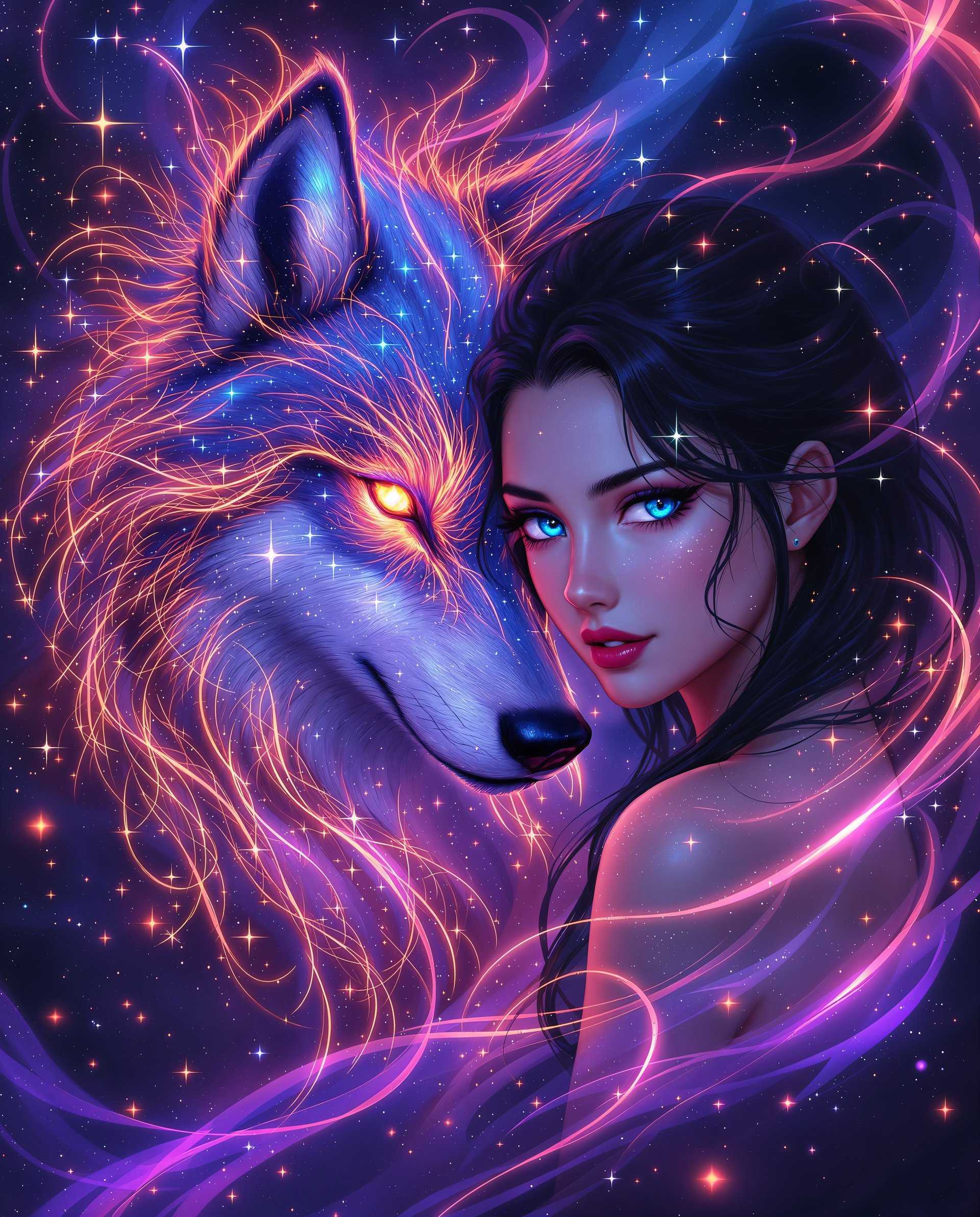 masterpiece, best quality, highres, sharp image, more detail <lora:more_details:0.5> <lora:SDXLrender_v2.0:1>, This image is a realistic photo (photograph) of a female real person digital artwork that exudes a sense of realism and mystique. The art style is reminiscent of anime with its clean lines, detailed shading, and the stylized features of the characters. The medium appears to be a digital painting, given the smooth blending of colors and the lack of texture that one might find in traditional mediums.The colors in the image are vibrant and dynamic, with a predominance of purples, pinks, blues, and touches of fiery oranges and reds. These colors create a dramatic and otherworldly atmosphere. The purple and pink hues give the image a sense of realism and enchantment, while the blues and fiery colors add to the magical and mystical feel.The objects in the image are the central figure and a mystical creature. The central figure is a female with dark hair and piercing blue eyes. Her hair is styled in a way that it flows around her shoulders and back, and it is adorned with sparkling details that resemble stars or small crystals. Her eyes are detailed with a reflection of the surrounding cosmic elements, adding to the mystique of her character.The mystical creature is a wolflike being that is intertwined with the cosmic energy around. It has a luminous, sparkling appearance, with its fur resembling a galaxy of stars. Its eyes glow with a fiery red light, and it has a majestic and powerful presence. The creatures head is turned towards the viewer, giving it a sense of connection and engagement.The background of the image is filled with swirling cosmic patterns and stars, creating a sense of depth and continuity with the mystical creature. The cosmic energy is depicted with a dynamic flow, as if it is pulsating and alive, further enhancing the magical and otherworldly feel of the artwork.Overall, the image is a captivating blend of realism, mystique, and cosmic wonder, inviting the viewer into a world filled with enchantment and the unknown.