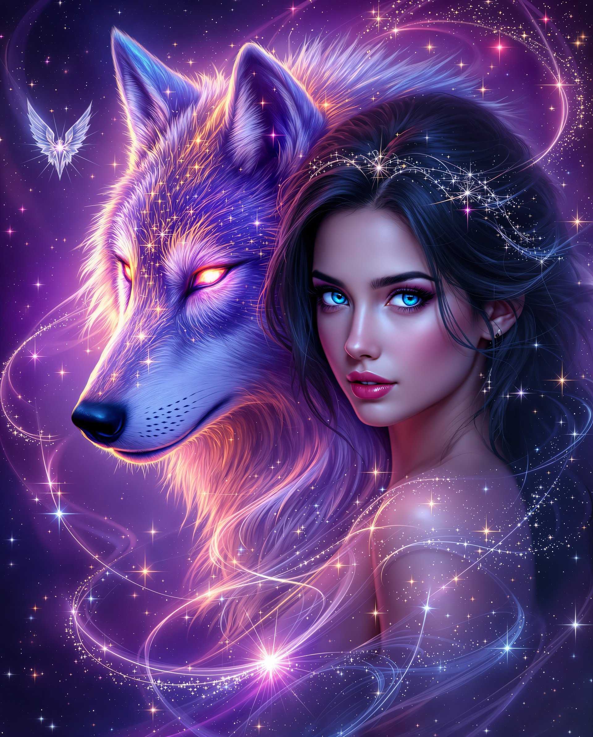 masterpiece, best quality, highres, sharp image, more detail <lora:more_details:0.5> <lora:SDXLrender_v2.0:1>, This image is a realistic photo (photograph) of a female real person digital artwork that exudes a sense of realism and mystique. The art style is reminiscent of realistic with its clean lines, detailed shading, and the stylized features of the characters. The medium appears to be a digital painting, given the smooth blending of colors and the lack of texture that one might find in traditional mediums.The colors in the image are vibrant and dynamic, with a predominance of purples, pinks, blues, and touches of fiery oranges and reds. These colors create a dramatic and otherworldly atmosphere. The purple and pink hues give the image a sense of realism and enchantment, while the blues and fiery colors add to the magical and mystical feel.The objects in the image are the central figure and a mystical creature. The central figure is a female with dark hair and piercing blue eyes. Her hair is styled in a way that it flows around her shoulders and back, and it is adorned with sparkling details that resemble stars or small crystals. Her eyes are detailed with a reflection of the surrounding cosmic elements, adding to the mystique of her character.The mystical creature is a wolflike being that is intertwined with the cosmic energy around. It has a luminous, sparkling appearance, with its fur resembling a galaxy of stars. Its eyes glow with a fiery red light, and it has a majestic and powerful presence. The creatures head is turned towards the viewer, giving it a sense of connection and engagement.The background of the image is filled with swirling cosmic patterns and stars, creating a sense of depth and continuity with the mystical creature. The cosmic energy is depicted with a dynamic flow, as if it is pulsating and alive, further enhancing the magical and otherworldly feel of the artwork.Overall, the image is a captivating blend of realism, mystique, and cosmic wonder, inviting the viewer into a world filled with enchantment and the unknown.