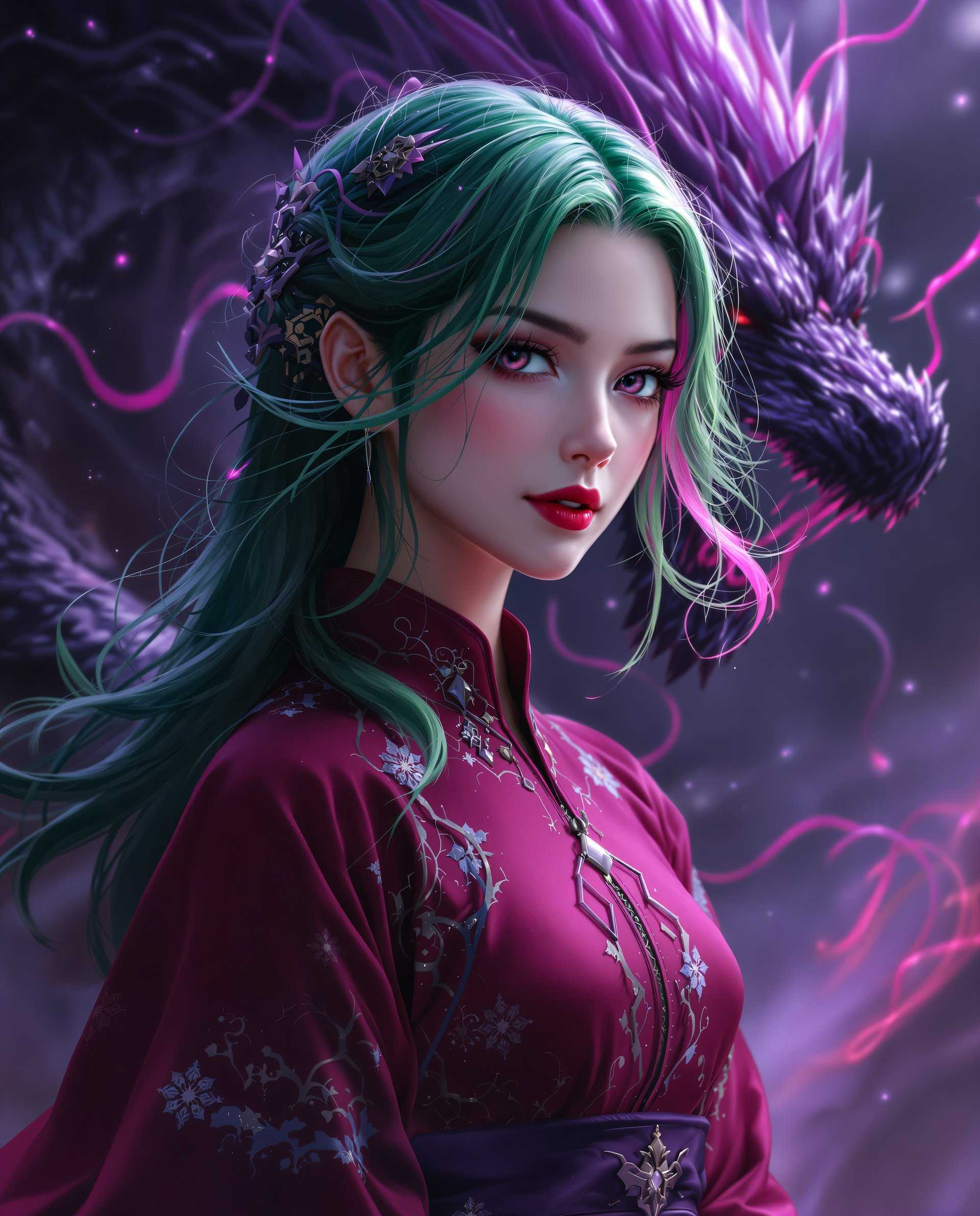 masterpiece, best quality, highres, sharp image, more detail <lora:more_details:0.5> <lora:SDXLrender_v2.0:1>, This is a realistic photo (photograph) of a female real person image that appears to be digitally created, showcasing a character with a realistic aesthetic. The art style is reminiscent of realism, with a focus on detailed line work, smooth shading, and a high level of color saturation.The medium seems to be a digital painting, as evidenced by the clean lines and the way the colors blend together. The image has a high resolution, allowing for the intricate details to be appreciated.The colors in the image are vibrant and rich, with a predominance of purples, pinks, and greens. These colors create a dramatic and somewhat ominous atmosphere. The characters hair is a striking shade of green, with hints of purple, and it flows in waves around her shoulders. The character is wearing a traditional outfit with a high neckline and a deep red color, which contrasts nicely with the green hair. The outfit is adorned with intricate patterns and designs, which are highlighted by the lighting in the image.In the background, there is a dark, swirling mass that resembles a dragon or a nebula, with tendrils of pink and purple that suggest movement and energy. This adds to the realistic theme of the image.Overall, the image is a visually striking piece of realism art that combines elements of traditional and digital art techniques to create a compelling and immersive visual experience.