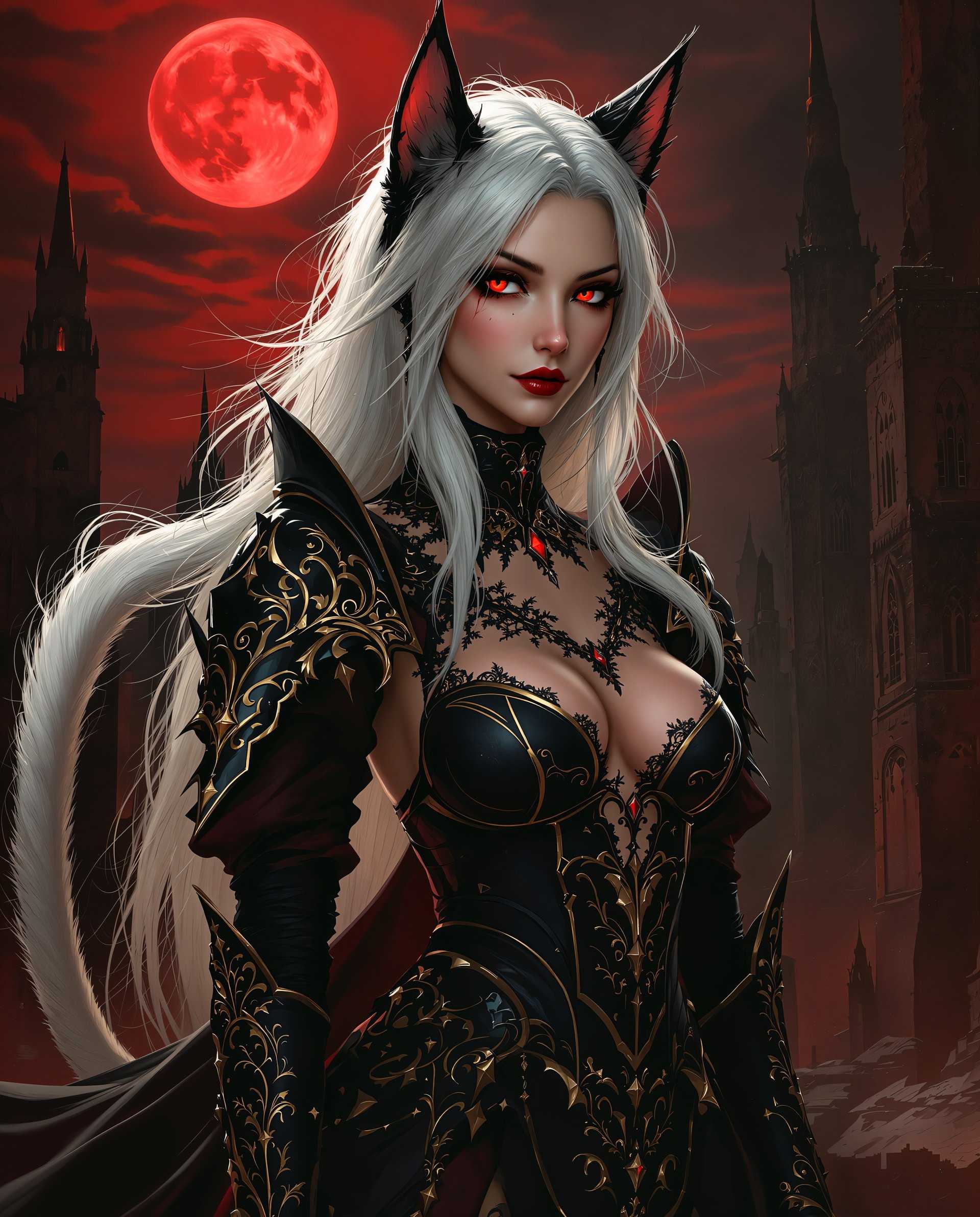 masterpiece, best quality, highres, sharp image, more detail <lora:more_details:0.5> <lora:SDXLrender_v2.0:1>, This is a realistic photo (photograph) of a female real person image that depicts a character with a realistic aesthetic, featuring a blend of gothic and realistic influences. The character is a humanoid figure with catlike ears and a long, white tail, suggesting a possible feline or mythical inspiration. The art style is highly detailed and stylized, with a focus on smooth lines and intricate patterns.The medium appears to be digital painting, given the high level of detail and the seamless blending of colors. The use of lighting and shadow adds depth and realism to the image, enhancing the threedimensional quality.The color palette is rich and moody, dominated by shades of red, black, and white. The reds range from deep crimson to bright scarlet, creating a dramatic and somewhat ominous atmosphere. The blacks are deep and inky, providing a stark contrast to the lighter colors. The white of the characters hair and tail stands out against the darker background, drawing the viewers eye and adding to the overall sense of otherworldliness.Objects in the image include the character themselves, adorned in ornate armor with gothic elements, such as pointed arches and intricate filigree work. The armor is primarily black with gold accents, and the character wears a corsetstyle bodice with lace and gem embellishments. The characters tail curls elegantly behind them, and they have catlike ears with pointed tips. The setting appears to be a dark, ancient cityscape with towering buildings and a bloodred sky, suggesting a scene from a realistic or gothic narrative. The moon in the sky is also red, contributing to the overall eerie and mysterious ambiance of the image.